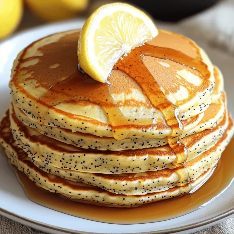 To make lemon poppy seed pancakes, you will need these simple ingredients: - 1 cup all-purpose flour - 2 tablespoons poppy seeds - 2 teaspoons baking powder - 1/2 teaspoon baking soda - 1/4 teaspoon salt - 1 cup buttermilk - 1 large egg - 2 tablespoons sugar - Zest of 1 lemon - 2 tablespoons fresh lemon juice - 2 tablespoons melted butter (plus extra for cooking) These ingredients come together to create light, fluffy pancakes with a bright lemon flavor. If you don’t have something on hand, here are some easy swaps: - All-purpose flour: Use whole wheat flour for a nuttier taste. - Buttermilk: Mix 1 cup of milk with 1 tablespoon of vinegar or lemon juice. - Egg: Replace with 1/4 cup of applesauce for a vegan option. - Butter: Use coconut oil or vegetable oil instead. These substitutions can help you adapt the recipe to what you have. One serving of these pancakes (about two pancakes) has: - Calories: 200 - Protein: 6g - Carbohydrates: 30g - Fat: 6g - Fiber: 1g - Sugar: 4g These pancakes are a tasty treat, but enjoy them in moderation! First, gather your dry ingredients. You will need: - 1 cup all-purpose flour - 2 tablespoons poppy seeds - 2 teaspoons baking powder - 1/2 teaspoon baking soda - 1/4 teaspoon salt In a large bowl, whisk these together. Make sure they mix well. The baking powder and soda help the pancakes rise. The poppy seeds add a nice crunch and flavor. Next, it's time for the wet ingredients. You will need: - 1 cup buttermilk - 1 large egg - 2 tablespoons sugar - Zest of 1 lemon - 2 tablespoons fresh lemon juice - 2 tablespoons melted butter In another bowl, mix these. Combine the buttermilk, egg, and sugar first. Then, add the lemon zest, lemon juice, and melted butter. Stir until everything is smooth. The lemon adds freshness and a burst of flavor. Now, let’s cook the pancakes. Preheat a non-stick skillet or griddle over medium heat. Add a small amount of butter to the pan. For each pancake, pour about 1/4 cup of batter onto the skillet. Cook until you see small bubbles form on the surface. This takes about 2-3 minutes. Flip the pancake and cook for another 2-3 minutes. Look for a golden-brown color. Repeat this with the rest of the batter. Add more butter as needed. Enjoy your fluffy lemon poppy seed pancakes! To make your pancakes fluffy, focus on mixing. Stir the wet and dry ingredients gently. Leave some lumps in the batter; they help keep the pancakes light. Use fresh baking powder. Old baking powder won’t give the right rise. Also, let the batter rest for a few minutes. This helps it thicken and rise better during cooking. Serve your pancakes warm on a nice plate. Drizzle maple syrup on top for sweetness. Add a sprinkle of poppy seeds for crunch. A slice of lemon adds a fresh touch. You can also serve them with fresh berries. Blueberries or strawberries work well. They add color and flavor to your dish. Avoid overmixing the batter. This makes pancakes tough instead of fluffy. Don’t skip the buttermilk; it adds moisture and flavor. If your skillet is too hot, pancakes can burn outside and stay raw inside. Cook on medium heat for even results. Lastly, don’t stack pancakes until they cool. They will stick together if you do. {{image_2}} You can make these pancakes gluten-free. Use a 1:1 gluten-free flour blend. Brands like Bob's Red Mill or King Arthur work well. Make sure the blend has xanthan gum. This helps give the pancakes a fluffy texture. Follow the same recipe as usual. Just swap the flour. Your pancakes will still taste great! Adding fruit or nuts brings new flavors. Blueberries or bananas are great choices. You can fold in 1/2 cup of fresh blueberries. For bananas, mash one ripe banana and mix it in. Nuts like walnuts or pecans add a nice crunch. Just add 1/4 cup to the batter. These extras make the pancakes even more delicious. Want to make these pancakes vegan? Replace the egg with a flax egg. To make a flax egg, mix 1 tablespoon of flaxseed meal with 3 tablespoons of water. Let it sit for 5 minutes until it thickens. Use almond milk or oat milk instead of buttermilk. Add 1 tablespoon of lemon juice to the milk to mimic buttermilk's tang. Substitute melted coconut oil for the butter. This keeps all the rich flavors while being plant-based. To keep leftover pancakes fresh, let them cool first. Stack them neatly on a plate. Cover the stack with plastic wrap or aluminum foil. You can also use an airtight container. Store them in the fridge for up to three days. This way, they stay soft and tasty. When you're ready to enjoy your pancakes again, you can reheat them easily. Use a microwave for quick warming. Place one pancake on a plate and heat for 30 seconds. If you want more pancakes, stack them and heat for one minute. You can also use a skillet. Heat it on low and add a little butter. Cook each pancake for about one minute on each side. Freezing pancakes is a great way to save them for later. Start by letting them cool completely. Then, place parchment paper between each pancake. This will stop them from sticking together. Put the pancakes in a freezer bag or airtight container. Label the bag with the date. They will stay good for up to two months. When you want to eat them, just reheat from frozen. Your pancakes will taste almost as fresh as the first time! You can use milk with vinegar or lemon juice. Just mix 1 cup of milk with 1 tablespoon of vinegar or lemon juice. Let it sit for about 5 minutes. This makes a quick, easy buttermilk substitute. You can also use plain yogurt or sour cream. Just thin it with a little water or milk to get the right texture. Yes, you can use lemon extract if you don’t have zest. Use about 1 teaspoon of lemon extract. It gives a strong lemon flavor, but zest adds a nice texture. If you want both, use a little of each. It will make your pancakes taste fresh and bright. To check if your pancakes are done, look for bubbles. When small bubbles form on the top, it’s time to flip them. Cook for another 2-3 minutes until they are golden brown. The edges should look set, and the center should spring back when you touch it. If they are still soft or wet, give them a bit more time. In this article, we explored pancake-making from start to finish. We covered key ingredients, easy steps, and smart tips for the best pancakes. You learned about substitutions, storage, and helpful answers to common questions. Remember, the right techniques and ingredients lead to perfect pancakes every time. Enjoy making them your way! Keep experimenting with flavors and have fun in the kitchen. Happy cooking!