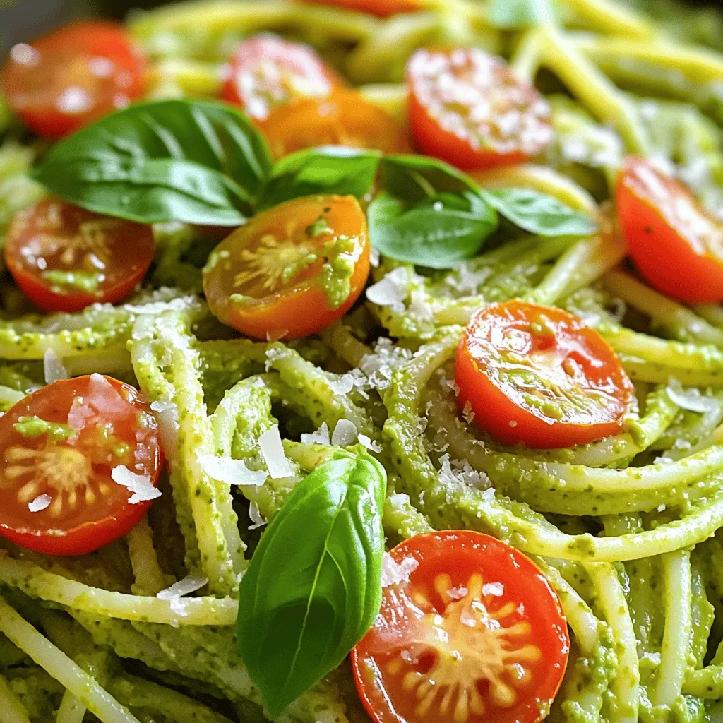 - 2 ripe avocados - 1 cup fresh basil leaves - 2 cloves garlic - 1/4 cup pine nuts - 1/4 cup grated Parmesan cheese or nutritional yeast - 2 tablespoons lemon juice - 1/3 cup extra-virgin olive oil - Salt and pepper to taste - 12 ounces pasta (spaghetti or your choice) - Cherry tomatoes, halved - Extra basil leaves For this avocado basil pesto pasta, using fresh ingredients is key. The ripe avocados bring a creamy texture. Fresh basil adds a bright flavor that lifts the dish. Garlic gives a nice kick, while pine nuts offer a subtle nuttiness. The Parmesan cheese or nutritional yeast gives a savory depth. Next, you'll want pantry staples. Lemon juice brightens the pesto, while olive oil makes it silky. Salt and pepper enhance all the flavors. Your choice of pasta should be cooked to al dente for the best bite. Adding optional garnishes like cherry tomatoes and extra basil leaves makes the dish look lovely. They also add freshness. Each ingredient plays a role in creating a colorful and tasty meal. - Step 1: Boil pasta according to package instructions. Use a large pot of salted water. Cook until it is al dente, or firm to the bite. - Step 2: Reserve about 1 cup of pasta water before draining. This water helps adjust the sauce later. - Step 3: Combine the ripe avocados, fresh basil leaves, garlic, pine nuts, Parmesan cheese, and lemon juice in a food processor. Make sure to use fresh ingredients for the best taste. - Step 4: Gradually add olive oil while the processor runs. This helps create a smooth and creamy texture. If you want it thinner, add a little reserved pasta water. - Step 5: Toss the cooked pasta with the avocado basil pesto in a large pot. Make sure the pasta is well coated with the pesto. - Step 6: Adjust the texture with reserved pasta water as needed. If the sauce seems thick, add a splash of water until it reaches your desired consistency. To make the best avocado basil pesto, you need ripe avocados. Ripe avocados are soft and creamy. This creaminess makes the pesto smooth and rich. You can check if an avocado is ripe by gently pressing it. If it yields to pressure, it’s ready. For the right consistency, pulse the ingredients in a food processor. Start by blending the avocados, basil, garlic, pine nuts, and Parmesan cheese. Gradually drizzle in the olive oil while mixing. If the pesto is too thick, add a little pasta water. This will help you get a smooth and creamy sauce. Presentation plays a big role in serving your dish. Serve the pasta in a large bowl. Top it with a sprinkle of Parmesan cheese and a drizzle of olive oil. This adds flavor and looks great. For sides, consider fresh bread or a light salad. A simple arugula salad pairs well. It adds a nice crunch and balances the meal. You can also serve with grilled vegetables for extra flavor. If you want to save time, here are some tips. Use a blender instead of a food processor. A blender can mix the pesto quickly and smoothly. You can also prep the pesto ahead of time. Make the pesto a day before and store it in the fridge. This way, when it’s time to cook, you just need to boil the pasta. This cuts down your cooking time and helps on busy days. {{image_2}} You can make this dish vegan by swapping the Parmesan cheese for nutritional yeast. Nutritional yeast gives a cheesy flavor without dairy. Use it to keep the creamy texture of the pesto. For those who need gluten-free options, choose gluten-free pasta. Many brands offer great-tasting pasta made from rice or corn. They cook up nicely and hold the pesto well. Feel free to switch up the nuts in this recipe. Walnuts or almonds can work just as well as pine nuts. They add different flavors and textures to the pesto. You can also use different herbs. If you prefer, try parsley or cilantro instead of basil. Each herb brings a unique taste, giving the dish a fresh twist. If you like a bit of heat, add red pepper flakes to your pesto. This adds a spicy kick that pairs well with the creamy avocado. You can also brighten the flavor with citrus zest. Adding lemon or lime zest gives a fresh zing that complements the basil. This small change can elevate the dish to a whole new level. To store leftover pesto pasta, place it in an airtight container. This helps keep it fresh. You can keep it in the fridge for up to three days. The avocado may darken a bit, but it still tastes great. For freezing, separate the pesto from the cooked pasta. Place the pesto in a freezer-safe bag. You can freeze it for up to three months. For the pasta, store it in another container. When you’re ready to eat, thaw the pesto overnight in the fridge. Reheat the pasta in a pot with a splash of water. You can use leftover pasta in salads or casseroles. Toss it with fresh veggies for a new meal. To boost the flavor, add more olive oil or lemon juice. This will bring back the taste and freshness. Yes, you can use many types of pasta. Spaghetti is great, but you can try penne, fusilli, or even gluten-free pasta. Each shape holds the pesto differently, adding a fun twist to your dish. For a heartier meal, whole wheat pasta enhances nutrition and flavor. To make this pesto nut-free, skip the pine nuts. You can swap them with seeds like sunflower or pumpkin seeds. These seeds add good flavor and crunch. Another option is to use nutritional yeast for a cheesy taste without nuts. Avocado basil pesto is very healthy. Avocados are full of good fats that help your heart. They also give you fiber, which is great for digestion. Basil adds vitamins and minerals like vitamin K. Garlic has many health benefits too, helping to boost your immune system. This pesto gives you a balanced meal with many nutrients. This blog post covered how to make a delicious avocado basil pesto pasta. We went through the fresh ingredients you need and pantry staples to enhance flavor. I shared tips for cooking pasta, making the pesto, and combining both for a perfect dish. You learned about variations, storage, and some helpful FAQs. Pesto pasta is simple and full of flavor. With a few tweaks, you can customize it to fit any diet. Enjoy your cooking and make this dish your own!