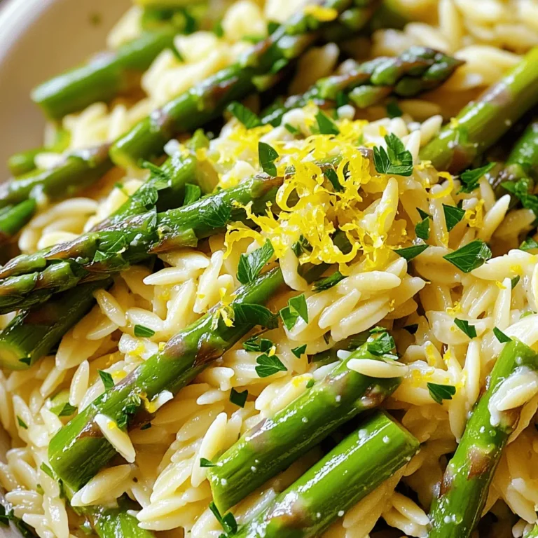 - 1 cup orzo pasta - 1 bunch asparagus, trimmed and cut into 2-inch pieces - 2 tablespoons olive oil - 2 cloves garlic, minced - Zest of 1 lemon - 1/4 cup fresh lemon juice - 1/2 cup grated Parmesan cheese - Salt and pepper to taste - 1/4 cup fresh parsley, chopped (for garnish) To create Lemon Parmesan Asparagus Orzo, gather these fresh ingredients. The orzo pasta serves as the base, giving the dish a nice texture. The asparagus adds a crisp, green element that brightens every bite. Olive oil and garlic give flavor and richness. The lemon zest and juice bring a fresh zing. The Parmesan cheese adds creaminess and depth. Lastly, salt and pepper enhance all the flavors. Fresh parsley makes a lovely garnish, adding color and a hint of earthiness. This simple list ensures you have everything you need for a tasty meal. Each ingredient plays an important role in making this dish pop with flavors. 1. Start by boiling a medium pot of salted water. Use enough salt to taste. 2. Once the water boils, add 1 cup of orzo pasta. Cook it according to the package instructions. 3. When the orzo is al dente, drain it. Be sure to save 1/2 cup of the pasta water for later. 1. While the orzo cooks, heat 2 tablespoons of olive oil in a large skillet over medium heat. 2. Add your trimmed asparagus pieces. Sauté them for about 4-5 minutes. They should be bright green and tender but still crisp. 1. Add 2 cloves of minced garlic to the skillet with the asparagus. Sauté for 1-2 minutes until it smells great. 2. After draining the orzo, mix it into the skillet with the asparagus. Pour in the reserved pasta water. 3. Stir in the zest of 1 lemon, 1/4 cup of fresh lemon juice, and 1/2 cup of grated Parmesan cheese. 4. Mix everything well until the cheese melts and blends nicely. Season with salt and pepper to taste. 5. Before serving, garnish with 1/4 cup of chopped fresh parsley. Enjoy your meal! To achieve creamy orzo, start by reserving some pasta water. After draining the orzo, mix it with the reserved water. This step helps create a smooth sauce. Stir in the lemon juice and Parmesan cheese while the orzo is warm. This will help the cheese melt nicely. For cooking asparagus to the right tenderness, aim for a bright green color. Sauté the pieces for just 4 to 5 minutes. Test a piece with a fork; it should be crisp but tender. If you cook it too long, the asparagus can become mushy. You can enhance the flavor in many ways. Consider adding red pepper flakes for a bit of heat. Fresh herbs like basil or thyme can also add depth. They pair well with lemon and cheese. If you want to switch up the citrus, lime juice and zest work nicely. You can also try orange zest for a sweeter note. Both options can add a unique twist to the dish. {{image_2}} You can switch out asparagus for other veggies. Broccoli works great in this dish. Just cut it into small pieces. Spinach is another tasty choice. It cooks quickly and adds color. You can also use seasonal vegetables. In spring, fresh peas are sweet and bright. In fall, roasted butternut squash adds a warm flavor. Adding protein boosts this meal's heartiness. You can cook diced chicken or shrimp in the skillet. Just sauté them until they are cooked through, then add the garlic and veggies. For vegetarians, chickpeas are a good choice. They add protein and a nice texture. You can also use tofu for a plant-based option. Just make sure to sauté it until it’s golden. To store Lemon Parmesan Asparagus Orzo, let it cool down. Use an airtight container for the best storage method. Make sure to keep it in the fridge. This dish can stay fresh for about 3 to 5 days. Always check for any off smells before eating to ensure it’s still good. For reheating orzo, use a skillet for best results. Add a splash of water or broth to keep it moist. Heat it on low to avoid burning. Stir gently to warm it evenly. To avoid mushy texture, do not overheat. If you prefer the microwave, cover the dish with a damp paper towel. This helps keep the orzo from drying out. Enjoy your tasty meal again without losing its charm! Yes, you can prepare Lemon Parmesan Asparagus Orzo ahead of time. To do this, cook the orzo and asparagus as usual. Let them cool down and store them in an airtight container. This dish keeps well in the fridge for about three days. When you are ready to eat, reheat in a skillet over low heat. Add a splash of water to keep it moist. Stir in a bit more cheese if you like. Definitely! You can use gluten-free orzo pasta. Many brands offer great alternatives that taste similar. Just follow the cooking instructions on the package. The rest of the recipe stays the same. You will still enjoy the bright lemon flavor and creamy texture. To make Lemon Parmesan Asparagus Orzo vegan, swap the Parmesan cheese for a dairy-free version. Nutritional yeast is a great option. It has a nice cheesy flavor. You can also use almond milk or any other plant-based milk to keep the creaminess. Simply replace the cheese with these tasty options, and you’ll have a vegan dish that everyone will love! This blog post guides you through a tasty Lemon Parmesan Asparagus Orzo. You learned key ingredients, simple steps, and tips for the perfect dish. We explored variations with veggies and proteins, plus storage and reheating methods. Remember, this dish is flexible and can suit many tastes. Don't be afraid to try new ingredients. Enjoy making this orzo dish for any meal! It's easy and delicious.