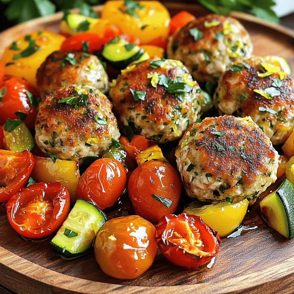 - 1 lb ground chicken - 1/2 cup breadcrumbs - 1/4 cup grated Parmesan cheese - 1 large egg - 2 cloves garlic, minced - Zest of 1 lemon - Juice of 1 lemon - 2 tablespoons fresh parsley, chopped - 1 tablespoon fresh basil, chopped - 1 teaspoon dried oregano - Salt and pepper to taste - Olive oil spray - 1 cup cherry tomatoes, halved - 1 zucchini, diced - 1 bell pepper, diced To make delicious sheet pan lemon herb chicken meatballs, gather these fresh ingredients. Start with one pound of ground chicken, which gives the meatballs their base. Add half a cup of breadcrumbs for texture and a quarter cup of grated Parmesan cheese for a savory touch. Next, crack open a large egg to bind the mixture. Minced garlic adds flavor, while the zest and juice of one lemon bring a bright, zesty kick. Fresh herbs like parsley and basil enhance the aroma and taste. A teaspoon of dried oregano adds depth, and don't forget to season with salt and pepper to your liking. Finally, prepare your vegetables. You’ll need one cup of halved cherry tomatoes, one diced zucchini, and one diced bell pepper. These veggies will roast alongside the meatballs, soaking up all those tasty flavors and adding color to your meal. This combination of ingredients creates a delightful dish that is both easy to prepare and full of flavor. First, preheat your oven to 400°F (200°C). Line a large baking sheet with parchment paper. This will help with easy cleanup later. Next, grab a large mixing bowl. Combine the ground chicken, breadcrumbs, grated Parmesan, and egg. Add minced garlic, lemon zest, and lemon juice. Toss in chopped parsley, basil, oregano, salt, and pepper too. Use your hands to mix everything well. Make sure all the ingredients blend nicely. Now, it’s time to shape the meatballs. Take a small amount of the chicken mixture in your hands. Roll it into a ball about 1.5 inches in diameter. Place each meatball onto the prepared baking sheet. Keep some space between them. This will help them cook evenly. In another bowl, gather the cherry tomatoes, zucchini, and bell pepper. Toss them with a drizzle of olive oil, salt, and pepper. Spread the veggies around the meatballs on the baking sheet. This way, they cook together and share flavors. Lightly spray the meatballs with olive oil. This helps them brown nicely in the oven. Now, it’s time to bake. Place the baking sheet in the preheated oven. Set a timer for 18-20 minutes. The meatballs should be cooked through and reach an internal temperature of 165°F (75°C). The vegetables should be tender and colorful. After baking, remove the sheet from the oven. Let it cool for a few minutes before serving. Enjoy your delicious meal! Choosing the right ground chicken Use lean ground chicken for the best results. Lean meat helps the meatballs stay moist without being greasy. If you prefer more flavor, you can use a mix of dark and light meat. Techniques for binding ingredients To bind the meatballs, mix the ingredients gently. Over-mixing can make them tough. Add breadcrumbs and egg for good binding. The egg helps hold everything together. Variations of herbs and spices to try Feel free to experiment with herbs. Try adding thyme or cilantro for a different taste. Fresh herbs add bright flavors. You can also switch dried oregano for Italian seasoning. Adding heat with red pepper flakes or garlic If you like spice, add red pepper flakes. Just a pinch can elevate your meatballs. You can also increase the garlic for more flavor. This will give the dish a lovely kick. Serving suggestions with garnishes Serve the meatballs on a large platter. Drizzle them with fresh lemon juice for brightness. A sprinkle of chopped parsley adds color and flavor. Creative plating ideas for visual appeal Arrange the meatballs and veggies in a colorful pattern. Use a mix of bright cherry tomatoes and green zucchini. This makes the dish fun to look at and eat! {{image_2}} You can swap ground chicken for ground turkey or beef. This change keeps the meatballs tasty and moist. Turkey has a lighter flavor, while beef adds richness. For a dairy-free option, use nutritional yeast instead of Parmesan cheese. Nutritional yeast gives a cheesy flavor without dairy. It’s a great choice for those with lactose intolerance or vegan diets. Feel free to mix in other vegetables. Broccoli, carrots, or spinach can add color and nutrition. Use what you have on hand or what's in season. Seasonal veggies often taste better and are fresher. Try using asparagus in spring or squash in the fall. Each veggie brings its unique flavor. This keeps your meal exciting and fresh! You can change the flavor profile of your meatballs easily. For a Mediterranean twist, add sun-dried tomatoes and feta cheese. Fresh herbs like dill or mint also work well. If you want an Asian-inspired version, try ginger and green onions. Sesame oil can give a nice depth. Each variation transforms the dish into something new and fun. After your meal, let the meatballs cool down. Place the leftovers in an airtight container. Store the meatballs in the fridge for up to three days. This keeps them fresh and safe to eat. I recommend clear glass or BPA-free plastic containers. They make it easy to see what's inside. To freeze the meatballs, let them cool completely. Arrange them in a single layer on a baking sheet. Place the baking sheet in the freezer for about an hour. This makes them firm and prevents them from sticking together. After that, transfer the meatballs to a freezer-safe bag. Label the bag with the date. You can freeze them for up to three months. When you're ready to enjoy them, take the meatballs out of the freezer. Thaw them in the fridge overnight. For reheating, place them in the oven at 350°F (175°C) for about 15 minutes. You can also microwave them for quick meals, but the oven keeps them crispy. Enjoy every bite! You can check if the chicken meatballs are done by using a meat thermometer. The internal temperature must reach 165°F (75°C). If you don’t have a thermometer, cut one meatball in half. It should be cooked through, with no pink inside. The outside should be golden brown. Yes, you can make these meatballs ahead of time. You can prepare them and place them on the baking sheet. Cover them and store in the fridge for up to 24 hours. When you are ready, bake as directed. This makes meal prep easy and quick. These meatballs pair well with various sides. You can serve them with a fresh salad for a light meal. Rice or quinoa also works great to soak up the lemon flavor. For a heartier option, consider serving them with garlic bread or pasta. Yes, these meatballs are a healthy choice. They use lean ground chicken, which is lower in fat than beef. The fresh herbs and veggies add vitamins and fiber. You can also control the salt and oil used, making them a smart meal. To add spice, you can mix in red pepper flakes or cayenne pepper. Add them to the chicken mixture before forming meatballs. For a different kick, try adding minced jalapeños or a dash of hot sauce. Adjust the amount to fit your spice level. You now have a clear path to make delicious Sheet Pan Lemon Herb Chicken Meatballs. We covered ingredients, preparation, baking, and storage. Remember to use fresh herbs and choose the right ground chicken for great flavor and texture. Feel free to experiment with substitutes and variations to fit your taste. With these tips, you can serve up tasty meatballs that are also healthy. Enjoy the process, and impress your family and friends with your cooking skills!