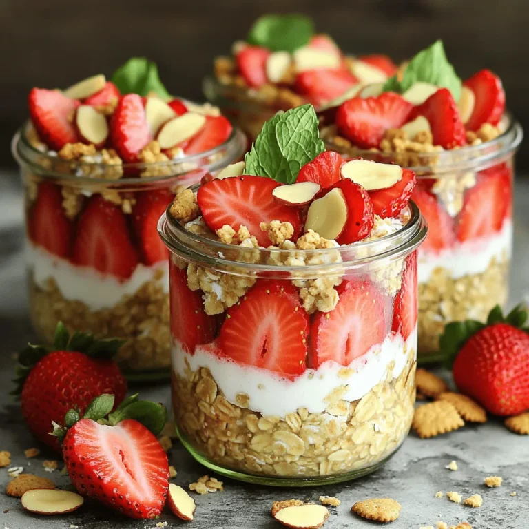 To make tasty Strawberry Shortcake Overnight Oats, you need simple items. Here’s what you will use: - 1 cup rolled oats - 1 cup almond milk (or milk of choice) - 1 cup Greek yogurt (vanilla flavored) - 1 tablespoon maple syrup (or honey) - 1 teaspoon vanilla extract - 1 cup fresh strawberries, hulled and sliced - 2 tablespoons almond slices (or crushed graham crackers for a shortcake crunch) - Fresh mint leaves for garnish (optional) These ingredients work together to create a creamy and sweet breakfast. The oats soak up the milk and yogurt, making them soft and delicious. You can easily swap some ingredients if you need to. Here are some ideas: - Use any milk you like, such as soy or oat milk. - If you want a non-dairy option, try coconut yogurt instead of Greek yogurt. - Maple syrup can be replaced with agave syrup or any sweetener you prefer. - Use frozen strawberries if fresh ones are not available. Just thaw them before use. These swaps keep the dish tasty while fitting your needs. Adding garnishes makes your oats look pretty and adds flavor. Here are some fun options: - Sprinkle almond slices or crushed graham crackers on top for a crunch. - Add a dollop of whipped cream for extra sweetness. - Fresh mint leaves give a nice touch and fresh flavor. Feel free to get creative with your garnishes. They can make breakfast feel special! Start by gathering your ingredients. You need rolled oats, almond milk, Greek yogurt, maple syrup, and vanilla extract. In a medium bowl, mix the rolled oats and almond milk. Then, add the Greek yogurt, maple syrup, and vanilla extract. Stir until everything is well combined. This mix should be smooth and creamy. Next, gently fold in half of the sliced strawberries. You will use the rest for topping later. Once the mixture is ready, divide it into two jars or containers. Make sure they have lids. Seal the jars tightly to keep the oats fresh. Now, place the jars in the refrigerator. Let them chill overnight. If you are short on time, four hours will work too. This soaking process helps the oats absorb the liquid and become soft. In the morning, take the jars from the fridge. Give the oats a good stir. If the mixture seems thick, add a bit more milk to loosen it up. Now it’s time to add the toppings. Place the remaining sliced strawberries on top of each jar. For a nice crunch, sprinkle almond slices or crushed graham crackers. If you like, add fresh mint leaves for a pop of color and flavor. Enjoy your delicious strawberry shortcake overnight oats! To get the best texture, use rolled oats. They soak up the liquid well. You want your oats soft but not mushy. Let them sit in the fridge for at least four hours. Overnight is even better. If your oats feel too thick in the morning, add a splash of milk. This will bring them back to life and make them creamy. To boost the flavor, try adding spices like cinnamon or nutmeg. A pinch can make a big difference. You can also mix in a spoonful of almond butter for a nutty kick. For a sweeter taste, add more maple syrup or honey. Fresh herbs like mint can give a fresh twist. You can change the flavor each time you make it! If you're looking for a low-calorie option, use low-fat Greek yogurt or skip it altogether. You can replace almond milk with oat milk for a vegan version. For a lower sugar option, use a sugar substitute or skip the sweetener. You can also load your oats with chia seeds for added fiber. This keeps your breakfast healthy and filling. {{image_2}} You can switch up the fruit in your overnight oats. Try using blueberries or raspberries. You might even enjoy adding peaches when they are in season. Each fruit brings its unique taste. Mixing different fruits adds color and flavor. You can create your signature blend of fruits. Greek yogurt is great, but you can mix it up. Try strawberry or coconut yogurt for a different twist. You can use dairy-free yogurts like almond or soy. Each type brings a new flavor and texture. It adds fun to your oats and keeps breakfast exciting. Want to boost nutrition? Add chia seeds or protein powder. Chia seeds give a nice crunch and healthy fats. Protein powder can help keep you full longer. You can also mix in nuts or seeds for extra texture. These add-ins give your oats a healthy kick. You can store your Strawberry Shortcake Overnight Oats in the fridge. Use jars or containers with lids. This keeps them fresh. Make sure to seal them tightly. You can layer the oats with toppings in separate jars. This keeps everything crisp. These oats last about three to five days in the fridge. For best flavor, eat them within the first two days. Check for any changes in smell or texture. If they seem off, it's best to toss them. Always use clean utensils to avoid contamination. You don’t need to heat overnight oats. They taste great cold. If you prefer them warm, you can microwave them. Add a splash of milk to help them heat evenly. Warm them for about 30 seconds, then stir. Enjoy them hot if that’s your style! Yes, you can make Strawberry Shortcake Overnight Oats ahead of time. This recipe is perfect for meal prep. You can prepare it the night before or up to three days in advance. Just store the oats in the fridge in sealed jars. That way, you have a tasty breakfast ready to go! If you do not have almond milk, you can use other milk types. Regular cow's milk works great. You can also try oat milk, coconut milk, or soy milk. Each option will change the flavor slightly. Choose the one you like best! To make this recipe dairy-free, use dairy-free yogurt. Look for coconut or soy yogurt. For gluten-free oats, ensure you buy certified gluten-free rolled oats. This way, you can enjoy the dish without worry. You can still have a delicious treat! In this blog post, we explored how to make tasty strawberry shortcake overnight oats. We covered key ingredients, substitutions, and optional garnishes. You learned the steps to prepare, refrigerate, and serve your oats. We also shared tips for texture and flavor, plus healthy alternatives. Variations included seasonal fruits and different yogurt options. Finally, we discussed how to store your oats for the best quality. Enjoy this quick, healthy breakfast that you can customize to suit your taste!
