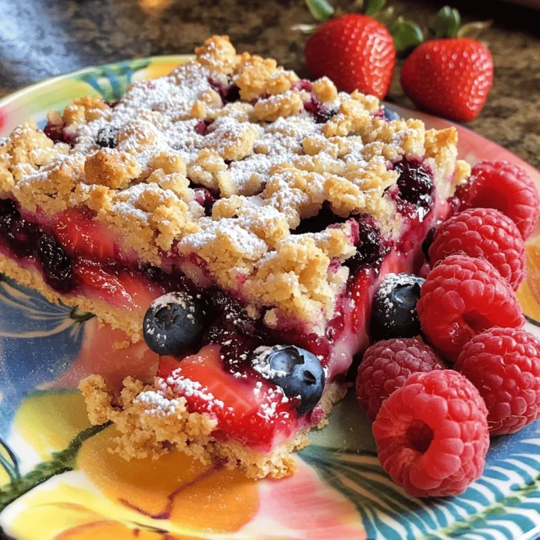 To make these tasty bars, gather these simple ingredients: - 1 cup all-purpose flour - 1 cup rolled oats - 1/2 cup brown sugar, packed - 1/2 teaspoon baking powder - 1/4 teaspoon salt - 1/2 cup unsalted butter, melted - 1 cup mixed berries (strawberries, blueberries, raspberries) - 2 tablespoons honey or maple syrup - 1 tablespoon lemon juice - 1 teaspoon vanilla extract - 1 tablespoon cornstarch These ingredients create a great balance of sweet and tart. The oats add texture, while the berries give a burst of flavor. You may not have every ingredient. Here are some swaps: - Use whole wheat flour instead of all-purpose flour for added fiber. - Quick oats can replace rolled oats if that’s what you have. - If you lack brown sugar, white sugar works too, but the flavor changes slightly. - Coconut oil can replace butter for a dairy-free option. These substitutions keep the bars tasty and friendly for different diets. Want to make your bars healthier? Try these options: - Use almond flour or oat flour for a gluten-free choice. - Swap honey or maple syrup with agave nectar for lower sugar. - Add chia seeds for extra fiber and omega-3s. These healthier swaps keep the flavor while adding nutritional value. You can enjoy these bars without guilt. Start by preheating your oven to 350°F (175°C). Grab an 8x8 inch baking dish. Grease it lightly with butter or cooking spray. Then, line it with parchment paper. Leave some paper hanging over the edges. This helps you pull the bars out easily later. In a large bowl, combine the following: - 1 cup all-purpose flour - 1 cup rolled oats - 1/2 cup brown sugar, packed - 1/2 teaspoon baking powder - 1/4 teaspoon salt Mix these ingredients well. Pour in 1/2 cup melted butter. Stir with a spoon until it looks crumbly. Set aside about 1 cup of this mixture for later. In another bowl, add: - 1 cup mixed berries (strawberries, blueberries, raspberries) - 2 tablespoons honey or maple syrup - 1 tablespoon lemon juice - 1 teaspoon vanilla extract - 1 tablespoon cornstarch Gently fold the berries with the other ingredients. Make sure the berries are well coated. Press the remaining crumb mixture firmly into the bottom of the baking dish. Spread the berry mixture evenly on top. Sprinkle the reserved crumb mixture over the berries. Bake the dish for 25-30 minutes. Look for a golden brown top and bubbling berries. Once baked, remove the dish from the oven. Let the bars cool completely on a wire rack. Use the parchment paper to lift the bars out of the dish. Cut them into squares. For a nice touch, serve on a colorful plate. Dust with powdered sugar and add fresh berries for garnish. To get that ideal crumb texture, use cold butter. It helps keep the mixture crumbly. Cut the butter into small pieces. Mix it quickly to avoid melting. Aim for pea-sized clumps in your crumble. This gives a nice crunch when baked. If it feels too wet, add more oats or flour. You can mix and match berries to suit your taste. Try blackberries or cherries for a twist. For a fun summer treat, use peaches with berries. Each berry brings its own flavor. Adjust the honey or maple syrup based on sweetness. This keeps the balance just right. Store leftover bars in an airtight container. Keep them in the fridge for up to five days. To freeze, wrap each bar in plastic wrap. Place them in a freezer bag. They can last up to three months. Just thaw in the fridge before serving. This way, you’ll always have a tasty treat ready! {{image_2}} You can change the berries based on the season. In spring, use fresh strawberries. Summer is great for blueberries and blackberries. In fall, try apples or cranberries. Each berry adds a unique taste. Mixing berries gives a fun twist. You can even use your favorite jam if fresh berries are not available. To make the recipe vegan, swap butter for coconut oil or vegan butter. Use maple syrup instead of honey. For gluten-free bars, replace all-purpose flour with almond flour or gluten-free flour blend. Always check labels to ensure all ingredients are gluten-free. These changes keep the bars tasty and friendly for all diets. These bars shine as a snack or dessert. You can serve them warm or cold. Dust with powdered sugar for a pretty touch. Pair with a scoop of vanilla ice cream for a special treat. Fresh whipped cream also works well. Enjoy with a cup of tea or coffee for a cozy experience. To keep your Triple Berry Crumble Bars fresh, first let them cool completely. Once cool, cut them into squares. Place the bars in an airtight container. Store them in the fridge for up to a week. You can also leave them at room temperature for a day or two, but they will stay fresher in the fridge. If you want to save some for later, freezing is a great option. Wrap each square in plastic wrap. Then place the wrapped bars in a freezer-safe bag. They can last up to three months in the freezer. When you're ready to enjoy them, simply thaw them in the fridge overnight. To enjoy your bars warm, preheat your oven to 350°F (175°C). Place the bars on a baking sheet. Heat them for about 10 minutes. This method keeps the crumbly topping nice and crisp. If you want a quick fix, you can also use a microwave. Heat them for about 15-20 seconds. Just be careful not to overheat, or the bars might get tough. Yes, you can use frozen berries. Just make sure to thaw them first. Drain any extra juice to keep the bars from getting soggy. Frozen berries work well and save time. Triple Berry Crumble Bars last about five days at room temperature. Store them in an airtight container. You can also keep them in the fridge for up to a week. For longer storage, freeze them. Absolutely! You can add nuts or seeds to the crumble mixture. Try walnuts, almonds, or sunflower seeds. This will give your bars a nice crunch and additional flavor. Serve these bars with a dollop of whipped cream or a scoop of ice cream. Fresh berries on the side add color and taste. You can also enjoy them with a cup of tea or coffee. You've learned about the ingredients and steps for making Triple Berry Crumble Bars. You can swap common items for healthier options. Try different berry mixes for variety. Remember the best storage tips to keep them fresh. Whether baking for yourself or guests, these bars are a win. Enjoy each bite and feel proud of your work. With practice, you’ll make the perfect treat every time. Now, gather your ingredients and start baking!