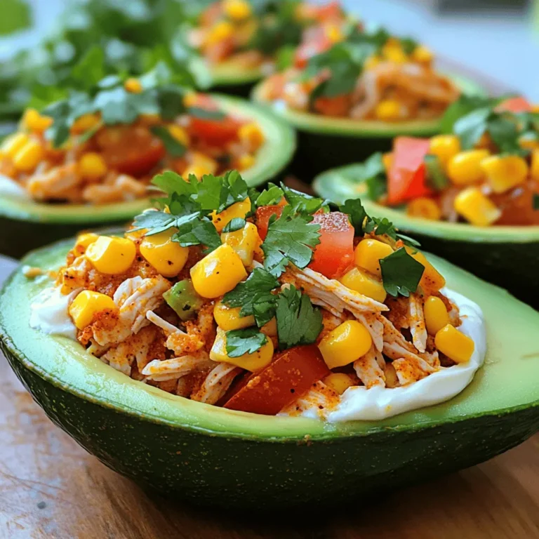 - 2 ripe avocados, halved and pitted - 1 cup cooked chicken, shredded - 1 tablespoon Cajun seasoning - 1/4 cup cream cheese, softened - 1/4 cup shredded cheddar cheese - 1/4 cup corn (canned or frozen) - 1/4 cup diced tomatoes - 2 tablespoons green onions, chopped - Salt and pepper to taste - Fresh cilantro for garnish For this recipe, you need fresh ingredients. Start with ripe avocados. They should yield slightly when pressed. Next, use cooked chicken. You can shred rotisserie chicken for ease. Cajun seasoning adds a nice kick. You can find it at most stores. Cream cheese brings creaminess to the dish. It blends well with the other flavors. Shredded cheddar cheese adds a sharp taste. Use your favorite brand. If you have corn, use either canned or frozen. Both work great. Diced tomatoes add freshness. They also add color to the dish. Green onions give a nice crunch. They should be chopped finely. Season with salt and pepper to your taste. Lastly, fresh cilantro adds brightness. It’s a perfect garnish for the stuffed avocados. Each ingredient plays a role in making this dish tasty and fun. First, I take a mixing bowl and add the shredded chicken. Then, I sprinkle in the Cajun seasoning. This step is key, as it gives the chicken a bold flavor. I make sure to mix well so that every piece of chicken is coated. Next, I add the softened cream cheese and shredded cheddar cheese to the bowl. This adds creaminess and richness to the dish. I blend everything together until I see a nice, smooth mixture. Now, it’s time to add some color and texture. I pour in the corn, diced tomatoes, and chopped green onions. These ingredients not only taste great but also make the dish pop visually. I stir everything together gently. After mixing, I taste the mixture and season it with salt and pepper to my liking. This small step ensures every bite bursts with flavor. I take my ripe avocados, halving them and removing the pits. Then, I scoop the chicken mixture into each half, pressing down a bit to pack it in. This makes sure each avocado is filled nicely. Finally, I garnish the stuffed avocados with fresh cilantro. This adds a fresh touch and a bright green color. The dish is now ready to enjoy! To make the best Cajun chicken stuffed avocados, start with ripe avocados. Choose avocados that feel slightly soft when you gently squeeze them. If they are hard, they need more time to ripen. If they feel mushy, they may be overripe. To avoid browning, sprinkle the avocado flesh with lime juice. This will keep your dish looking fresh and bright. You can also cover the avocados tightly with plastic wrap to limit air exposure. Feel free to get creative with your filling. You can add black beans, jalapeños, or even diced bell peppers. For a twist, consider using cooked shrimp instead of chicken. If you like it spicy, increase the Cajun seasoning. You can also add hot sauce for an extra kick. For a milder taste, reduce the seasoning or use less spicy ingredients. Serve your stuffed avocados with tortilla chips or a fresh salad. They pair well with a side of rice or quinoa for a full meal. For a lovely presentation, place the stuffed avocados on a colorful platter. Garnish with more cilantro and lime wedges. This adds a pop of color and makes the dish more inviting. {{image_2}} You can easily change the flavor of your Cajun chicken stuffed avocados. Try different spice blends like taco seasoning or smoked paprika. These can give your dish a new twist. If you want to switch the protein, use shrimp or turkey instead. Both pair well with the creamy avocado. If you want a meatless dish, there are great substitutes for chicken. Try using chickpeas or black beans for protein and texture. For cheese, you can use plant-based options like cashew cheese or tofu cream cheese. These will still offer a rich taste and creamy feel. To make this dish lower in carbs, skip the corn. Instead, fill the avocados with diced bell peppers or zucchini. These veggies add crunch and flavor without the carbs. You can also mix in some spinach for extra nutrients. This keeps your meal light and fresh while still being delicious. To keep your stuffed avocados fresh, refrigerate them right away. Place them in an airtight container. This helps to keep the avocados from browning. You can store them for up to a day. If you want to save the filling, freeze it separately. Place the filling in a zip-top bag. Squeeze out the air before sealing. You can freeze the filling for up to three months. When you're ready, thaw it overnight in the fridge. To reheat stuffed avocados, the best method is to use a microwave. Place the avocado halves on a microwave-safe plate. Heat them for about 30 seconds. Check the filling and heat more if needed. Avoid overheating to keep the avocado soft. For the filling, if frozen, thaw it first in the fridge. Then, reheat it in a skillet over low heat. Stir gently until warm. This method keeps the texture nice. Use glass or plastic containers for storage. Make sure they have tight lids to keep air out. The best avocados for stuffing are Hass avocados. They have a rich, creamy texture. Their dark, bumpy skin shows ripeness. You want them to feel slightly soft when you press gently. Other types like Bacon and Fuerte avocados can work too, but they are less creamy. Always choose ripe avocados for the best taste and texture. Yes, you can prepare the chicken filling ahead of time. Mix the chicken with Cajun seasoning and other ingredients. Store it in an airtight container in the fridge. You can stuff the avocados just before serving. This keeps the avocados fresh and prevents browning. If you want to prep the avocados early, sprinkle lime juice on them to slow browning. Yes, you can make this dish dairy-free. Substitute cream cheese with a plant-based cream cheese. For cheddar cheese, use a dairy-free cheese alternative. You can also skip the cheese altogether. The dish will still be tasty with the Cajun chicken and fresh ingredients. Don’t forget to adjust salt and pepper to taste. Stuffed avocados last about 30 minutes in the fridge before browning. After that, the avocados may start to brown and lose flavor. If you have leftover filling, store it in an airtight container. It can last up to three days in the fridge. Just remember to fill the avocados just before eating for the best experience. In this article, we explored how to create delicious stuffed avocados. We discussed the key ingredients and the steps to prepare the filling. I shared tips for selecting ripe avocados and ways to customize your dish. You can also adapt the recipe for different diets or make it vegetarian. Remember to store any leftovers properly for later enjoyment. Now, you have all the tools to impress your friends and family with this tasty treat! Enjoy your cooking adventure!