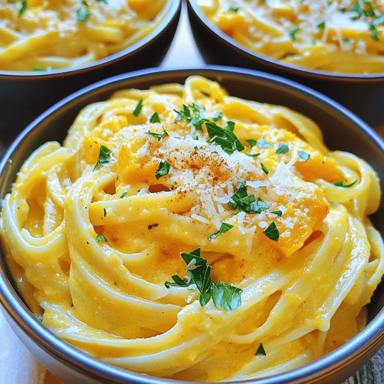 To make Creamy Butternut Squash Alfredo Pasta, gather these items: - 12 oz fettuccine pasta - 2 cups butternut squash, peeled and diced - 1 tablespoon olive oil - 1 small onion, chopped - 3 cloves garlic, minced - 1 cup vegetable broth - 1 cup heavy cream - ½ cup freshly grated Parmesan cheese - Salt and pepper, to taste - Pinch of nutmeg - Fresh parsley, chopped (for garnish) You can swap some ingredients if needed: - Use whole wheat pasta instead of fettuccine for added fiber. - Replace butternut squash with pumpkin or sweet potato for a different taste. - Use coconut cream instead of heavy cream for a dairy-free option. - If you want less cheese, try nutritional yeast for a cheesy flavor. Having the right tools makes cooking easier: - Large pot for boiling pasta - Baking sheet for roasting squash - Large skillet for the sauce - Blender or immersion blender for pureeing the sauce - Measuring cups and spoons for accuracy - Sharp knife and cutting board for prep This list helps you prepare and enjoy this creamy dish. Happy cooking! Start by preheating your oven to 400°F (200°C). Take the diced butternut squash and place it on a baking sheet. Drizzle one tablespoon of olive oil over the squash. Season it with salt and pepper to taste. Roast the squash for 20 to 25 minutes. You want it tender and slightly caramelized. This step adds great flavor to your dish. While your squash roasts, cook 12 ounces of fettuccine pasta in salted water. Follow the package instructions for best results. Cook it until it is al dente. Before draining, reserve half a cup of the pasta water. This water will help adjust your sauce later. After cooking, drain the pasta and set it aside. In a large skillet, heat over medium heat. Add one chopped onion and three minced garlic cloves. Sauté for about three to four minutes. You want the onion to become translucent. Once the squash is done roasting, add it to the skillet. Pour in one cup of vegetable broth and bring it to a simmer. Let it cook for another five minutes. This allows all the flavors to blend together. Next, transfer the mixture to a blender or use an immersion blender. Puree it until smooth, then return it to the skillet over low heat. Stir in one cup of heavy cream and half a cup of grated Parmesan cheese. Add a pinch of nutmeg to enhance the flavor. If the sauce is too thick, add some reserved pasta water until it’s just right. Now, add the cooked fettuccine to the sauce in the skillet. Toss the pasta gently to coat every strand with that creamy sauce. Be sure to mix well so that each bite is rich and delicious. Once combined, serve your dish right away. Garnish it with fresh chopped parsley and extra Parmesan if you like. Enjoy your creamy butternut squash Alfredo pasta! To get the right sauce thickness, start with less cream. You can always add more. If your sauce is too thick, use a bit of reserved pasta water. This adds flavor and helps keep the sauce creamy. For a silkier finish, blend the sauce longer. This makes it smooth and rich. Roasting butternut squash brings out its natural sweetness. Cut it into even pieces. This helps it cook evenly. Toss the squash with olive oil, salt, and pepper before roasting. Roast it at 400°F for 20-25 minutes. Look for a golden-brown color and a fork-tender texture. This caramelization adds depth to your dish. Seasoning is key to a great dish. Start with salt and pepper. Add a pinch of nutmeg for warmth. Fresh herbs like parsley brighten the flavors. You can also try adding garlic powder or Italian herbs. Taste as you go. Adjust the seasoning to fit your taste. This personal touch makes your dish special. {{image_2}} You can easily add protein to your creamy butternut squash Alfredo pasta. Chicken, shrimp, or tofu work great. For chicken, grill or pan-sear bite-sized pieces. Cook them until golden brown, then toss them with the pasta at the end. Shrimp cooks quickly. Sauté them in the skillet for just a few minutes until they turn pink. For a vegan option, try cubed tofu. Press it to remove excess water, then pan-fry until crispy. This adds texture and protein to your dish. Adding veggies is a smart way to boost flavors and nutrients. Spinach wilts down nicely. Just toss it in the sauce before adding pasta. Peas add a pop of sweetness. Stir them in during the last few minutes of cooking. Mushrooms bring an earthy taste. Sauté sliced mushrooms with the onion and garlic for extra depth. Feel free to mix and match your favorite vegetables to create your own twist. You can make this dish gluten-free by using gluten-free pasta. There are many good options available in stores. For a vegan version, replace heavy cream with coconut milk or a cashew cream. Also, skip the Parmesan cheese or use a plant-based alternative. This way, you keep the creamy texture and rich flavor while meeting dietary needs. Each variation allows you to enjoy creamy butternut squash Alfredo pasta in a way that suits you best. To keep your creamy butternut squash Alfredo pasta fresh, store it in an airtight container. Make sure it cools to room temperature before sealing. Place the container in the fridge. It will stay good for about 3 to 4 days. If you have a lot of leftovers, consider dividing them into smaller portions. This makes it easier to reheat later. When you're ready to enjoy the leftovers, reheat them gently. You can use a saucepan over low heat. Add a splash of vegetable broth or water to keep it creamy. Stir it often to prevent sticking. If you prefer, you can also microwave it. Place the pasta in a microwave-safe bowl, cover it with a damp paper towel, and heat in 30-second intervals. Stir between intervals until it's hot. Freezing creamy butternut squash Alfredo pasta is possible but comes with a few tips. First, let the dish cool completely. Then, transfer it to a freezer-safe container. You can also use freezer bags, removing as much air as possible. It will last for about 2 to 3 months in the freezer. When you’re ready to eat, thaw it overnight in the fridge. Reheat as described above for best results. Yes, you can use other pasta types. Spaghetti, penne, or gluten-free pasta work well. Just cook them according to package directions. The flavor will still shine through with any pasta choice. You can swap heavy cream for coconut milk or cashew cream. Both options add creaminess and a hint of flavor. For a lighter choice, use half-and-half or whole milk. These swaps keep the dish rich but can change the taste. To go dairy-free, use coconut milk instead of heavy cream and skip the Parmesan cheese. Nutritional yeast can provide a cheesy flavor. This keeps the dish creamy and tasty for those avoiding dairy. Yes, you can prepare the sauce ahead of time. Just store it in the fridge for up to 3 days. When ready to serve, reheat the sauce and add fresh pasta. This saves time on busy nights. To keep the sauce smooth, mix in the cream slowly over low heat. Stir constantly to combine. If it does separate, blend it again until smooth. Adding a bit of reserved pasta water helps too. This article covered making a tasty butternut squash fettuccine. We looked at key ingredients, easy steps, and useful tips. You can try different proteins and veggies to switch it up. Remember, storing leftovers properly keeps them fresh. Enjoy this dish your way! With these steps and tricks, you can create a meal everyone will love. Give it a go, and let your flavors shine!