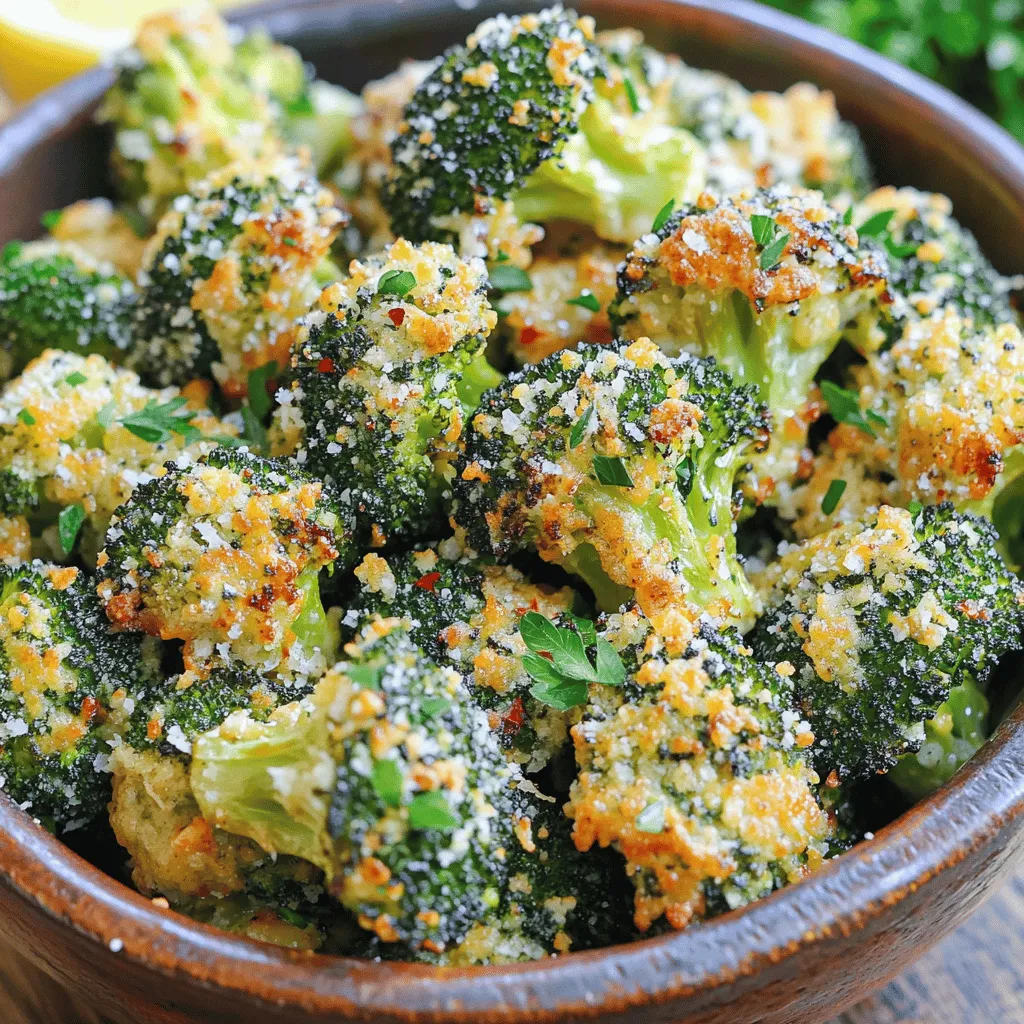 - 1 pound fresh broccoli florets - 3 tablespoons olive oil - 4 cloves garlic, minced - 1/2 cup grated Parmesan cheese - 1 teaspoon garlic powder - 1/2 teaspoon crushed red pepper flakes (optional) - Salt and pepper to taste - 1 tablespoon lemon juice - Fresh parsley, chopped (for garnish) When I make crispy garlic Parmesan broccoli in the air fryer, I start with fresh broccoli florets. This keeps the dish bright and tasty. I wash and trim the broccoli, making sure to cut the florets into even sizes. This helps them cook evenly. Next, I grab my olive oil. Three tablespoons give the broccoli a nice coat and help it crisp up well. I love using minced garlic; four cloves add a strong flavor. If you like garlic, don't hold back! For seasoning, I use half a cup of grated Parmesan cheese. It melts and creates a wonderful crust on the broccoli. I also add a teaspoon of garlic powder for extra punch. If you want a bit of heat, go for half a teaspoon of crushed red pepper flakes. Don’t forget salt and pepper! You can adjust these to your taste. A tablespoon of lemon juice brightens everything up. Finally, I sprinkle fresh chopped parsley on top for color and freshness. These ingredients come together to make a dish that is crunchy, savory, and full of flavor. Set your air fryer to 400°F (200°C). This step should take about 5 minutes. Preheating helps to make the broccoli crispier. In a large mixing bowl, combine these ingredients: - 1 pound fresh broccoli florets - 3 tablespoons olive oil - 4 cloves garlic, minced - 1 teaspoon garlic powder - 1/2 teaspoon crushed red pepper flakes (optional) - Salt and pepper to taste Toss everything until the broccoli is well-coated. This will help all the flavors stick to the florets. Next, sprinkle in 1/2 cup grated Parmesan cheese. Toss gently again so the cheese mixes well with the broccoli and other ingredients. Place the broccoli in the air fryer basket in a single layer. If your air fryer is small, you may need to cook it in batches. Cook for 8-10 minutes. Be sure to shake the basket halfway through to ensure even cooking. After 10 minutes, check the broccoli. It should be crispy and tender. If you want it crispier, cook for another 2 minutes. Once done, remove the broccoli from the air fryer. Drizzle with 1 tablespoon of fresh lemon juice and toss again to combine. Now, your crispy garlic Parmesan broccoli is ready to enjoy! To make sure your broccoli cooks evenly, shake the basket halfway through. This simple step mixes the florets and helps them crisp up. If you forget to shake, some pieces may cook faster than others. I recommend setting a timer for halfway through the cook time. This keeps your broccoli perfectly crispy and tender. If you want your broccoli even crispier, cook for a few extra minutes. After the initial 10 minutes, check for doneness. If it needs more time, add 2 minutes. Keep an eye on it, though. The goal is crispy, not burnt. Each air fryer may cook a bit differently, so adjust as needed to reach your preferred level of crispiness. To evenly distribute garlic and cheese, toss the broccoli well before air frying. Start with the olive oil, garlic, and seasonings. Mix these first to coat each floret. After that, sprinkle the Parmesan cheese and toss again. This ensures every bite is full of flavor. For an extra zing, add a squeeze of lemon juice just before serving. {{image_2}} You can switch up the cheese if you want. Try using Pecorino Romano for a sharper taste. If you prefer a creamier texture, go for mozzarella. For a twist, use feta cheese. Each option brings its own flavor to the dish, making it fun to explore. Want more heat? Add cayenne pepper or chipotle powder. For a milder kick, stick with black pepper or paprika. You can also mix in herbs like oregano or thyme. This gives your broccoli a unique taste each time you make it. Play with flavors to find your favorite. Broccoli pairs well with many vegetables. Try adding cauliflower for extra crunch. Carrots can add sweetness, and bell peppers can bring color. You could even throw in some asparagus for variety. Mixing in other veggies not only boosts flavor but also makes your dish more colorful and exciting. To keep your crispy garlic Parmesan broccoli fresh, store it in an airtight container. Let it cool completely before sealing. Place it in the fridge. It will stay good for about 3 to 4 days. Avoid stacking too many pieces on top of each other. This helps keep the broccoli from getting soggy. When it's time to enjoy the leftovers, you have a few options. The best way is to use the air fryer. Preheat it to 350°F (175°C). Place the broccoli in the basket and heat for about 4 to 5 minutes. This will bring back the crispiness. You can also use a microwave, but this may make the broccoli softer. Heat it for about 30 seconds and check if it's warm enough. If you want to save your crispy broccoli for later, freezing is a good option. First, cool the broccoli completely. Spread it on a baking sheet and freeze for 1 to 2 hours. Once frozen, transfer it to a freezer bag. Squeeze out as much air as you can. You can keep it frozen for up to 3 months. To use it later, thaw in the fridge overnight, then reheat using the air fryer for the best result. Using frozen broccoli is okay, but it has pros and cons. Pros: - Frozen broccoli is quick and easy to use. - It lasts longer and is often less expensive. Cons: - Frozen broccoli may be softer after cooking. - It may lose some flavor compared to fresh. If you choose frozen, reduce cooking time by a couple of minutes. This helps keep it crisp. Air frying broccoli takes about 8 to 10 minutes at 400°F (200°C). - Start with 8 minutes, then check for crispness. - If you want it crispier, add 2 more minutes. Make sure to shake the basket halfway through. This helps all sides cook evenly. Yes, you can easily make this recipe vegan. Here are some substitutions: - Replace Parmesan cheese with nutritional yeast for a cheesy flavor. - Use avocado oil or any vegetable oil instead of olive oil. These swaps keep the flavor strong while making the dish plant-based. Enjoy your crispy garlic broccoli! This blog post covered a simple and tasty air-fry broccoli recipe. We started with fresh ingredients like broccoli, garlic, and olive oil. You learned step-by-step how to cook it perfectly and tips for crispiness. We also shared fun variations to match your taste. Remember, you can adjust seasonings and garnishes to make it your own. This dish is easy to store and reheat, ensuring you enjoy it later. Try this recipe to enjoy healthy and delicious broccoli any day of the week. Happy cooking!