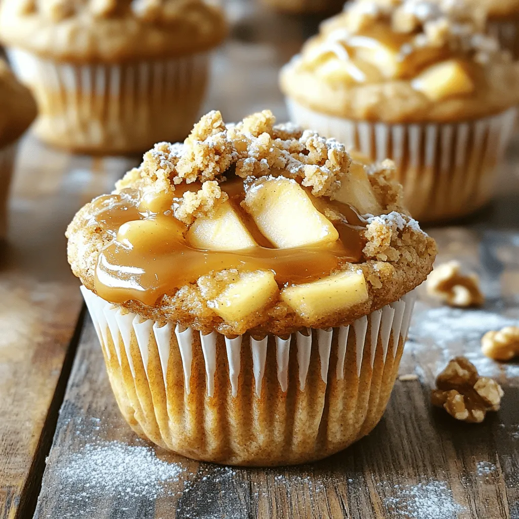 - 2 medium apples, peeled and diced (Granny Smith or Honeycrisp work well) - 1 tablespoon lemon juice - 1 cup all-purpose flour - 1 cup rolled oats - 1/2 cup brown sugar, packed - 1/4 cup granulated sugar - 1/2 teaspoon baking powder - 1/2 teaspoon baking soda - 1/2 teaspoon cinnamon - 1/4 teaspoon nutmeg - 1/2 cup unsalted butter, melted - 1/2 cup milk - 1 large egg - 1 teaspoon vanilla extract - 1/2 cup caramel sauce (store-bought or homemade) - Optional: 1/4 cup chopped walnuts or pecans - You can use other apple types like Fuji or Braeburn. These add nice sweetness. - For a gluten-free option, use almond flour or a gluten-free flour blend. - To go dairy-free, swap butter with coconut oil and milk with almond milk. - For baking, Granny Smith apples add tartness. Honeycrisp apples are sweet and crisp. - Fresh spices, like cinnamon and nutmeg, boost flavor. Use whole spices when you can. Grating them fresh gives the best taste. 1. Preheat your oven to 350°F (175°C). This helps muffins bake evenly. 2. Line a muffin tin with paper liners or grease them with cooking spray. This prevents sticking. 3. In a medium bowl, toss the diced apples with 1 tablespoon of lemon juice. This keeps the apples fresh and adds zing. 1. In a large mixing bowl, combine: - 1 cup all-purpose flour - 1 cup rolled oats - 1/2 cup packed brown sugar - 1/4 cup granulated sugar - 1/2 teaspoon baking powder - 1/2 teaspoon baking soda - 1/2 teaspoon cinnamon - 1/4 teaspoon nutmeg Mix these dry ingredients well. This step mixes flavors and helps muffins rise. 2. In another bowl, whisk together: - 1/2 cup melted unsalted butter - 1/2 cup milk - 1 large egg - 1 teaspoon vanilla extract Mix until smooth. This keeps the batter moist. 3. Pour the wet ingredients into the dry ingredients. Stir gently until just combined. Be careful not to over-mix. This keeps muffins fluffy. 4. Fold in the diced apples and optional chopped nuts. This adds texture and flavor to each bite. 1. Divide the muffin batter evenly among the muffin cups. Fill each about 2/3 full. This allows space for the muffins to rise. 2. Drizzle about 1 tablespoon of caramel sauce on top of each muffin. Use a toothpick or knife to swirl it gently. This creates a sweet surprise inside. 3. For the crumble topping, mix: - 1/4 cup rolled oats - 2 tablespoons flour - 2 tablespoons brown sugar - Any remaining melted butter Mix until crumbly, then sprinkle it over each muffin. This adds a crunchy finish. 4. Bake in the preheated oven for 18-22 minutes. Check with a toothpick; it should come out clean or with a few moist crumbs. 5. Let the muffins cool in the pan for about 5 minutes. Then, transfer them to a wire rack to cool completely. Enjoy the warm, sweet aroma! - Checking doneness: Use a toothpick. Insert it into the center. If it comes out clean, your muffins are done. If it has batter, bake a few more minutes. - Adjusting baking time for different ovens: Not all ovens heat the same. Check muffins a few minutes early. Note how your oven behaves for future baking. - Pairing with beverages: These muffins go great with coffee or warm apple cider. The sweetness of the muffins complements the drinks well. - Enhancing flavors with additional toppings: Drizzle more caramel sauce on top right before serving. A sprinkle of powdered sugar also adds a nice touch. - Adding spices or extracts: Consider adding a dash of vanilla or almond extract for extra flavor. You can also mix in a pinch of ginger for a warm kick. - Using seasonal flavors or fruits: In fall, try adding pumpkin puree. In spring, fresh berries can brighten the muffins and add a new twist. {{image_2}} You can give your caramel apple crumble muffins a twist. Try making choco-chip caramel apple muffins. Just add 1/2 cup of chocolate chips to the batter. The chocolate melts and mixes well with the apples. It adds a rich, sweet flavor that pairs perfectly with caramel. Another fun option is pumpkin spice caramel apple muffins. Replace half of the cinnamon with pumpkin spice. This will give your muffins a cozy fall flavor. You can also add 1/2 cup of pumpkin puree to the batter for extra moisture. Nuts can add a nice crunch to your muffins. Chopped walnuts or pecans work great in this recipe. Just mix in 1/4 cup of your favorite nuts when you fold in the apples. This will give your muffins an extra layer of texture. If you prefer nut-free options, skip the nuts altogether. You can also use seeds like sunflower seeds or pumpkin seeds. They will add crunch without the nut allergy risk. Crumble toppings can be fun to play with. Try using a mix of oats, flour, and sugar for a crunchy topping. This will add a sweet crunch that everyone will love. You can also use streusel instead of a crumble. For a simple streusel, mix together 1/4 cup of flour, 1/4 cup of brown sugar, and 2 tablespoons of butter. This will create a buttery, sweet topping that melts in your mouth. Just sprinkle it on top before baking. To keep your muffins fresh, use an airtight container. I recommend a plastic or glass container with a tight lid. This helps prevent them from drying out. Store the muffins at room temperature for up to three days. If you live in a humid place, the fridge may be a better option. Just note that refrigerating can make them a bit dry. If you want to save some muffins for later, freezing is a great choice. First, let the muffins cool completely. Then, wrap each muffin in plastic wrap. Place them in a freezer-safe bag or container. They can last up to three months in the freezer. When you are ready to eat, take one out and let it thaw at room temperature. For quick reheating, pop it in the microwave for about 15-20 seconds. These caramel apple crumble muffins taste best when fresh. They will stay yummy for about three days at room temperature. If stored in the fridge, they last about a week. In the freezer, they maintain flavor and texture for three months. Enjoy them while they are fresh for the best taste! Yes, you can prepare these muffins ahead of time. To do this, mix your dry ingredients and wet ingredients separately. Store the dry mix in an airtight container. Keep the wet ingredients in the fridge. When you're ready to bake, combine them. This keeps the muffins fresh and fluffy. You can also bake and store them. Let them cool, then wrap them in plastic. Keep them in the fridge or freezer. When you want one, pop it in the microwave for a few seconds. Both homemade and store-bought caramel sauces are great! If you have time, homemade sauce is rich and creamy. It tastes fresh and allows you to control the flavor. For store-bought, choose a high-quality brand. Look for one with natural ingredients. This option saves time and still tastes good. No matter which you choose, drizzle it on top for that sweet touch. You can make simple swaps to make these muffins healthier. Use whole wheat flour instead of all-purpose flour. This adds fiber and nutrients. You can reduce sugar by using applesauce instead of some brown sugar. This keeps the muffins sweet and moist. Another tip is to use low-fat milk or a milk substitute. You can also cut back on butter by using applesauce or yogurt. These swaps keep the taste while making them healthier. This blog post covers everything you need for perfect apple muffins. We discussed the best ingredients, how to prepare and bake them, plus tips for storing and serving. Remember to choose fresh apples and spices for the best taste. Explore variations to keep it fun, and don’t hesitate to make substitutions if needed. Enjoy baking and sharing your delicious muffins with others. Your kitchen will smell amazing, and your friends will love the treats!