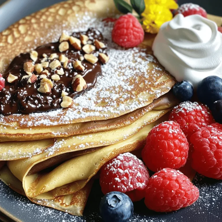 To make chocolate hazelnut crepes, you need the following key ingredients: - 1 cup all-purpose flour - 2 large eggs - 1 ½ cups milk - 2 tablespoons melted butter - 1 tablespoon sugar - A pinch of salt - ½ cup chocolate hazelnut spread (like Nutella) - 1/4 cup hazelnuts, chopped These ingredients come together to create a light and delicious treat. The flour and eggs form the base, while milk adds creaminess. Sugar gives a hint of sweetness, and the chocolate hazelnut spread is the star of the dish. You can make your crepes even better with these optional garnishes: - Fresh berries (strawberries, raspberries, or blueberries) - Whipped cream - A dusting of powdered sugar These toppings add color and flavor, making your crepes look and taste amazing. Fresh berries bring a tartness that balances the sweetness, while whipped cream adds richness. If you have special dietary needs, here are some substitutions: - Use gluten-free flour for a gluten-free option. - Swap eggs with flaxseed meal mixed with water for a vegan option. - Choose dairy-free milk, like almond or oat milk, for lactose-free crepes. These substitutions help everyone enjoy chocolate hazelnut crepes, no matter their diet. Experimenting with these options can lead to new favorite flavors. To start, grab a mixing bowl. Add 1 cup of all-purpose flour. Then, crack in 2 large eggs. Next, pour in 1 ½ cups of milk. Whisk until the mixture is smooth. After that, melt 2 tablespoons of butter and add it to the bowl. Toss in 1 tablespoon of sugar and a pinch of salt. Mix again until everything is combined. Let the batter rest for 30 minutes. This step helps create soft crepes. Now, heat a non-stick skillet over medium heat. Lightly grease it with butter or oil. Pour about 1/4 cup of batter into the skillet. Quickly swirl it around to cover the bottom evenly. Cook for about 1-2 minutes. You know it’s ready when the edges lift and the surface looks set. Carefully flip the crepe and cook for another minute. Once done, stack the crepes on a plate. Repeat with the rest of the batter. Now comes the fun part! Take a warm crepe and spread a generous tablespoon of chocolate hazelnut spread on one half. Sprinkle chopped hazelnuts over the spread. Fold the crepe in half, then fold it again to form a triangle. If you like, serve the crepes warm with fresh berries on the side. A dollop of whipped cream and a dusting of powdered sugar make it even better! Enjoy your delicious treat. To get the best crepe texture, make sure your batter is smooth. Whisk the flour, eggs, and milk until no lumps remain. Letting the batter rest for 30 minutes helps develop a nice texture. This gives the flour time to absorb the liquid. If the batter seems thick, add a splash of milk to thin it out. Use a non-stick skillet for cooking your crepes. This helps prevent sticking and makes flipping easier. Preheat the skillet on medium heat before adding the batter. Lightly grease it with butter or oil. Pour just enough batter to cover the bottom. Swirl it around quickly. This helps create an even layer. Cook the crepe until the edges lift before flipping. Serve the crepes warm for the best taste. You can keep them warm in a low oven while you finish cooking. If you stack them, place a piece of parchment paper between each crepe. This keeps them from sticking. Add your toppings right before serving. Fresh berries or whipped cream add a perfect touch. Dust with powdered sugar for extra sweetness. {{image_2}} You can switch up the flavor of your crepes easily. Try peanut butter, almond butter, or even cookie butter. Each spread brings a new taste. For a fruity twist, use strawberry or raspberry jam. These options keep the treat fun and interesting. If you need a nut-free option, swap the chocolate hazelnut spread for sunbutter or soy nut butter. Both spreads give a creamy texture without nuts. You can also use a chocolate spread that is nut-free. Check the label to be sure it meets your needs. Fruits add freshness and color to your crepes. Try using sliced bananas, strawberries, or peaches. You can mix the fruits with a bit of honey for extra sweetness. Another fun idea is to make a fruit compote. Just cook your favorite berries in a pan until they soften and thicken. Serve the compote hot over the crepes for a delightful treat. To keep leftover crepes fresh, stack them on a plate. Place parchment paper between each crepe. Cover the stack with plastic wrap. Store them in the fridge for up to 3 days. This helps to keep them from sticking together. When you're ready to enjoy your crepes, you can reheat them easily. Place a crepe in a non-stick skillet over low heat. Heat it for about 30 seconds on each side. You can also use the microwave. Just place a crepe on a microwave-safe plate and heat for 10-15 seconds. This warms them up quickly. If you want to save crepes for later, freezing is a great option. Stack the crepes with parchment paper in between. Wrap the stack tightly in plastic wrap. Then, place them in a freezer-safe bag. They can stay frozen for up to 2 months. When you’re ready to use them, thaw the crepes in the fridge overnight. Then, reheat as mentioned above. Yes, you can make crepes ahead of time. Just prepare the batter and cook the crepes. After cooking, stack them with parchment paper between each one. This keeps them from sticking together. Store the stack in an airtight container in the fridge for up to three days. When you are ready to eat, just reheat them. To reheat crepes, use a skillet over low heat. Place one crepe in the skillet for about 30 seconds on each side. This warms the crepe without making it crispy. You can also use a microwave, but that may make the crepes a bit chewy. If using a microwave, wrap them in a damp paper towel to keep them soft. Making gluten-free crepes is easy! Swap the all-purpose flour with a gluten-free flour blend. Look for a blend that includes xanthan gum. This will help keep the crepes stretchy and soft. Follow the same steps in the recipe, and enjoy delicious gluten-free crepes! In this post, we explored the simple steps to make delicious chocolate hazelnut crepes. We covered key ingredients, cooking techniques, and helpful tips for the perfect texture. We also discussed fun variations, storage tips, and answered common questions. Remember, making crepes is easy and fun! Try different fillings and enjoy them fresh or stored. Now, grab your tools and start cooking. Enjoy every delicious bite of your homemade crepes!