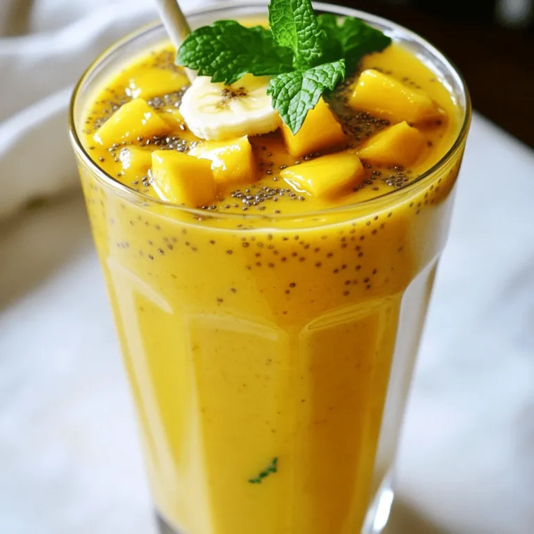- 1 ripe mango, peeled and diced - 1 cup coconut milk (unsweetened) - 2 tablespoons chia seeds - 1 banana, sliced - 1 tablespoon honey or maple syrup (optional) - 1/2 teaspoon vanilla extract - A handful of ice cubes - Fresh mint leaves, for garnish (optional) To make a Mango Coconut Chia Smoothie, you need fresh, quality ingredients. Each item plays a key role in taste and texture. First, the ripe mango brings natural sweetness and a sunny flavor. Look for mangoes that yield slightly to pressure. This means they are ripe and juicy. Next, coconut milk gives a creamy base. Choose unsweetened coconut milk to keep the smoothie balanced. It enhances the tropical vibe without added sugar. Chia seeds are tiny but mighty! They add fiber and protein. When soaked, they expand and thicken the smoothie. This creates a satisfying texture. The banana adds creaminess and sweetness. It also helps to bind the ingredients together for a smooth blend. You can include honey or maple syrup for extra sweetness. This is optional, as the fruits already provide natural sugar. Vanilla extract rounds out the flavors, adding warmth. Just a little goes a long way. Don't forget the ice cubes! They chill the smoothie and give it a refreshing finish. Finally, fresh mint leaves make a lovely garnish. They add a pop of color and a fresh aroma. A serving of this smoothie contains about 210 calories. It has 4 grams of protein, 9 grams of fat, and 34 grams of carbohydrates. Mangoes are rich in vitamins A and C. They support your immune system and skin health. Coconut milk provides healthy fats for energy. It also helps to keep you full longer. Chia seeds are packed with omega-3 fatty acids. They promote heart health and improve digestion. This smoothie is not just tasty; it’s packed with nutrients too! - Step 1: Combining ingredients in the blender Start by peeling and dicing the ripe mango. Place it in your blender. Then, add the coconut milk and sliced banana. Next, include the chia seeds, honey or maple syrup, and vanilla extract. Don’t forget the handful of ice cubes! - Step 2: Blending the mixture Secure the lid on the blender. Blend the mixture on high speed. You want it to be smooth and creamy. Make sure there are no chunks of fruit left. A silky consistency is key for this smoothie. - Step 3: Allow chia seeds to thicken After blending, let the mixture sit for about 5 minutes. This waiting time allows the chia seeds to expand and thicken the smoothie. You will notice it getting creamier. - Pouring into glasses and garnishing Stir the smoothie again to mix it well. Then, pour it into two glasses. For a fun touch, garnish with fresh mint leaves on top. This adds a pop of color and flavor. - Best practices for serving Serve the smoothie right away for the best taste. If you wait too long, it may thicken too much. Enjoy this refreshing drink cold, especially on warm days! To get that silky texture, start by blending your ingredients well. First, combine the mango, coconut milk, banana, chia seeds, honey or maple syrup, vanilla extract, and ice cubes in your blender. Blend on high speed for about 30 seconds. You want the mixture to be smooth without any chunks. If your smoothie is too thick, add a bit more coconut milk. For a thicker drink, add more chia seeds or ice. Let it sit for about 5 minutes. This helps the chia seeds expand and thicken the smoothie. If you need a coconut milk alternative, try almond or oat milk. These will still give you a creamy base. You can also use any nut milk you like. For sweeteners, honey is great, but maple syrup works too. Adjust the sweetness to your taste. If you want to avoid added sugars, skip the sweetener altogether. Store any leftover smoothie in the fridge for up to 24 hours. Make sure to seal it in an airtight container. If you want to keep it longer, freeze the smoothie in ice cube trays. Once frozen, pop them out and store them in a bag. You can blend the cubes later for a quick, refreshing drink! {{image_2}} You can make this smoothie even better with other fruits. Pineapple adds a sweet and tangy twist. Just chop up some fresh pineapple and blend it in. It pairs well with mango and coconut. You can also add a banana for extra creaminess. The banana will make your smoothie thicker and sweeter. Berries are another great choice. Blueberries, strawberries, or raspberries can change the taste completely. They add a nice burst of color and flavor. Just toss in a handful of berries when blending. This will give you a refreshing, fruity mix that your taste buds will love. Want to make your smoothie even healthier? Add some protein powder. This will help keep you full longer. You can use any type of protein powder you like. Just a scoop will do! Greens are another good option. Spinach or kale blends well without changing the taste much. They add vitamins and minerals that are great for your body. Also, consider using different types of milk or yogurt. Almond milk or oat milk can change the flavor slightly, making it creamier or lighter. Greek yogurt can add protein and creaminess too. Choose what fits your diet and taste. A mango coconut chia smoothie can last about 1 to 2 days in the fridge. After blending, store it in a sealed container. The chia seeds may thicken the smoothie more over time. If it gets too thick, just stir in a little coconut milk or water. Yes, you can make this smoothie in advance. Blend all your ingredients and store it in the fridge. For the best taste, drink it within 24 hours. If you want to keep it longer, consider freezing the smoothie in ice cube trays. You can blend them again when you're ready to enjoy it. Chia seeds are tiny powerhouses of nutrition. They are rich in fiber, which helps with digestion. They also contain omega-3 fatty acids, which support heart health. Additionally, chia seeds provide protein and important minerals like calcium and magnesium. This makes them a great addition to your diet. Yes, this smoothie is vegan-friendly! You can easily make it without any animal products. Use maple syrup instead of honey for sweetness. All other ingredients, like mango, coconut milk, and chia seeds, are plant-based. Enjoy this refreshing drink without any worries! This blog post shared a simple recipe for a mango coconut chia smoothie. We covered the key ingredients, step-by-step instructions, and tips for a smooth texture. I highlighted storage tips and variations to keep it exciting. In the end, this smoothie not only tastes great but is also packed with nutrients. Enjoy experimenting with new flavors and enjoy the health benefits. You can make this smoothie your own!