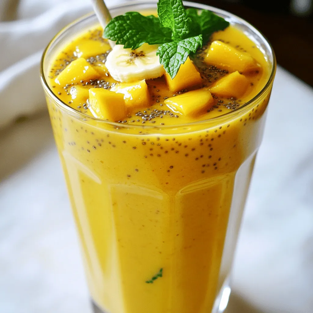 - 1 ripe mango, peeled and diced - 1 cup coconut milk (unsweetened) - 2 tablespoons chia seeds - 1 banana, sliced - 1 tablespoon honey or maple syrup (optional) - 1/2 teaspoon vanilla extract - A handful of ice cubes - Fresh mint leaves, for garnish (optional) To make a Mango Coconut Chia Smoothie, you need fresh, quality ingredients. Each item plays a key role in taste and texture. First, the ripe mango brings natural sweetness and a sunny flavor. Look for mangoes that yield slightly to pressure. This means they are ripe and juicy. Next, coconut milk gives a creamy base. Choose unsweetened coconut milk to keep the smoothie balanced. It enhances the tropical vibe without added sugar. Chia seeds are tiny but mighty! They add fiber and protein. When soaked, they expand and thicken the smoothie. This creates a satisfying texture. The banana adds creaminess and sweetness. It also helps to bind the ingredients together for a smooth blend. You can include honey or maple syrup for extra sweetness. This is optional, as the fruits already provide natural sugar. Vanilla extract rounds out the flavors, adding warmth. Just a little goes a long way. Don't forget the ice cubes! They chill the smoothie and give it a refreshing finish. Finally, fresh mint leaves make a lovely garnish. They add a pop of color and a fresh aroma. A serving of this smoothie contains about 210 calories. It has 4 grams of protein, 9 grams of fat, and 34 grams of carbohydrates. Mangoes are rich in vitamins A and C. They support your immune system and skin health. Coconut milk provides healthy fats for energy. It also helps to keep you full longer. Chia seeds are packed with omega-3 fatty acids. They promote heart health and improve digestion. This smoothie is not just tasty; it’s packed with nutrients too! - Step 1: Combining ingredients in the blender Start by peeling and dicing the ripe mango. Place it in your blender. Then, add the coconut milk and sliced banana. Next, include the chia seeds, honey or maple syrup, and vanilla extract. Don’t forget the handful of ice cubes! - Step 2: Blending the mixture Secure the lid on the blender. Blend the mixture on high speed. You want it to be smooth and creamy. Make sure there are no chunks of fruit left. A silky consistency is key for this smoothie. - Step 3: Allow chia seeds to thicken After blending, let the mixture sit for about 5 minutes. This waiting time allows the chia seeds to expand and thicken the smoothie. You will notice it getting creamier. - Pouring into glasses and garnishing Stir the smoothie again to mix it well. Then, pour it into two glasses. For a fun touch, garnish with fresh mint leaves on top. This adds a pop of color and flavor. - Best practices for serving Serve the smoothie right away for the best taste. If you wait too long, it may thicken too much. Enjoy this refreshing drink cold, especially on warm days! To get that silky texture, start by blending your ingredients well. First, combine the mango, coconut milk, banana, chia seeds, honey or maple syrup, vanilla extract, and ice cubes in your blender. Blend on high speed for about 30 seconds. You want the mixture to be smooth without any chunks. If your smoothie is too thick, add a bit more coconut milk. For a thicker drink, add more chia seeds or ice. Let it sit for about 5 minutes. This helps the chia seeds expand and thicken the smoothie. If you need a coconut milk alternative, try almond or oat milk. These will still give you a creamy base. You can also use any nut milk you like. For sweeteners, honey is great, but maple syrup works too. Adjust the sweetness to your taste. If you want to avoid added sugars, skip the sweetener altogether. Store any leftover smoothie in the fridge for up to 24 hours. Make sure to seal it in an airtight container. If you want to keep it longer, freeze the smoothie in ice cube trays. Once frozen, pop them out and store them in a bag. You can blend the cubes later for a quick, refreshing drink! {{image_2}} You can make this smoothie even better with other fruits. Pineapple adds a sweet and tangy twist. Just chop up some fresh pineapple and blend it in. It pairs well with mango and coconut. You can also add a banana for extra creaminess. The banana will make your smoothie thicker and sweeter. Berries are another great choice. Blueberries, strawberries, or raspberries can change the taste completely. They add a nice burst of color and flavor. Just toss in a handful of berries when blending. This will give you a refreshing, fruity mix that your taste buds will love. Want to make your smoothie even healthier? Add some protein powder. This will help keep you full longer. You can use any type of protein powder you like. Just a scoop will do! Greens are another good option. Spinach or kale blends well without changing the taste much. They add vitamins and minerals that are great for your body. Also, consider using different types of milk or yogurt. Almond milk or oat milk can change the flavor slightly, making it creamier or lighter. Greek yogurt can add protein and creaminess too. Choose what fits your diet and taste. A mango coconut chia smoothie can last about 1 to 2 days in the fridge. After blending, store it in a sealed container. The chia seeds may thicken the smoothie more over time. If it gets too thick, just stir in a little coconut milk or water. Yes, you can make this smoothie in advance. Blend all your ingredients and store it in the fridge. For the best taste, drink it within 24 hours. If you want to keep it longer, consider freezing the smoothie in ice cube trays. You can blend them again when you're ready to enjoy it. Chia seeds are tiny powerhouses of nutrition. They are rich in fiber, which helps with digestion. They also contain omega-3 fatty acids, which support heart health. Additionally, chia seeds provide protein and important minerals like calcium and magnesium. This makes them a great addition to your diet. Yes, this smoothie is vegan-friendly! You can easily make it without any animal products. Use maple syrup instead of honey for sweetness. All other ingredients, like mango, coconut milk, and chia seeds, are plant-based. Enjoy this refreshing drink without any worries! This blog post shared a simple recipe for a mango coconut chia smoothie. We covered the key ingredients, step-by-step instructions, and tips for a smooth texture. I highlighted storage tips and variations to keep it exciting. In the end, this smoothie not only tastes great but is also packed with nutrients. Enjoy experimenting with new flavors and enjoy the health benefits. You can make this smoothie your own!