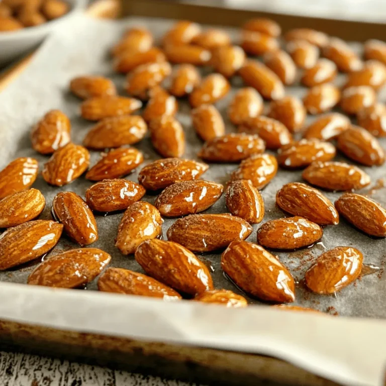 - 2 cups raw almonds - 1/2 cup pure maple syrup - 1 teaspoon ground cinnamon - 1/4 teaspoon salt - 1 teaspoon vanilla extract - 1 tablespoon coconut oil (or any neutral oil) These ingredients work together to create a sweet and spicy snack. The almonds give a nice crunch. The maple syrup adds sweetness, while cinnamon brings warmth. The salt balances the flavors. Coconut oil helps the almonds roast perfectly and keeps them from sticking. - 1/4 teaspoon nutmeg Nutmeg adds a unique twist. It pairs well with cinnamon. If you love rich flavors, give it a try. You can also experiment with other spices like cardamom or allspice for fun variations. - Use a dry measuring cup for solids like almonds. - Pour sticky liquids like maple syrup into a liquid measuring cup. - Level off dry ingredients, using a straight edge for accuracy. Measuring correctly gives you the best outcome. Too much or too little can change the taste. Always ensure your ingredients are fresh. Fresh spices and nuts make a big difference in flavor! Start by gathering your ingredients. You will need: - 2 cups raw almonds - 1/2 cup pure maple syrup - 1 teaspoon ground cinnamon - 1/4 teaspoon salt - 1 teaspoon vanilla extract - 1/4 teaspoon nutmeg (optional) - 1 tablespoon coconut oil Make sure your oven is ready. Preheat it to 350°F (175°C). Line a baking sheet with parchment paper. This will help with cleaning later. In a medium bowl, add the raw almonds. Pour in the coconut oil. Stir well to coat the almonds. In another bowl, mix the maple syrup, cinnamon, salt, and vanilla extract. If you like, add nutmeg for extra flavor. Whisk until combined. Now, pour this syrup mixture over the almonds. Mix until all the almonds are well coated. Spread the almonds in a single layer on your baking sheet. Make sure they do not overlap. Place the baking sheet in the oven. Roast the almonds for 15-20 minutes. Stir them halfway through to help them roast evenly. They should turn golden brown and smell amazing. Once they are done, take the baking sheet out of the oven. Let the almonds cool on the sheet. They will get crunchy as they cool. Once cool, you can serve them right away or store them for later. To make great maple cinnamon roasted almonds, follow these tips: - Use fresh almonds: Fresh nuts taste better. Check the date on the package. - Coat evenly: Mix the nuts and oil well. This helps the flavor spread. - Don’t overcrowd the pan: Spread the nuts out. They roast better without touching each other. - Stir halfway through: This keeps them from burning and helps them roast evenly. Here are mistakes to steer clear of: - Using too much oil: You only need a little coconut oil. Too much makes them greasy. - Skipping the parchment paper: This helps with cleanup and keeps the nuts from sticking. - Not watching the oven: Nuts can go from golden to burnt quickly. Stay alert! - Ignoring cooling time: Let them cool completely. They will get crunchy as they cool. These tools will help you make the best almonds: - Baking sheet: A flat baking sheet is key for even roasting. - Parchment paper: Line your baking sheet with parchment for easy cleanup. - Mixing bowls: Use medium bowls for mixing the almonds and syrup. - Whisk: A whisk is great for mixing the syrup and spices. - Oven mitts: Protect your hands when taking the hot sheet out of the oven. With these tips, you can create a tasty snack that is sure to please! {{image_2}} You can change the flavor of your maple cinnamon roasted almonds easily. Try adding a pinch of cayenne pepper for a spicy kick. A little chili powder can also add warmth. If you like more sweetness, sprinkle in some cocoa powder. You can even mix in dried fruits, like cranberries or cherries, for a chewy twist. Each spice or add-in gives a new flavor. If you want to use a different sweetener, try honey or agave syrup. These will work well but may change the taste a bit. For nuts, walnuts or pecans can be a good swap. They will give your snack a new texture and taste. Mix and match to find your favorite combo. You can make your almonds fit any holiday. For fall, add pumpkin spice to evoke cozy vibes. In winter, consider adding peppermint extract for a holiday feel. For spring, try a hint of lemon zest for a fresh taste. Each season can inspire a new version of this tasty snack. After you make your maple cinnamon roasted almonds, let them cool completely. Once they are cool, transfer them to an airtight container. This keeps them fresh and tasty. You can store them at room temperature for up to two weeks. If you want them to last longer, you can put them in the fridge. They will stay good for about a month that way. To keep your almonds fresh, avoid exposing them to air and moisture. Always use a tight-fitting lid on your container. If you notice any signs of moisture, dry them out before storing. You can also add a small packet of silica gel in the container. This helps absorb any excess moisture. If your almonds lose their crispness, don’t worry! You can re-crisp them easily. Preheat your oven to 350°F (175°C) again. Spread the almonds on a baking sheet in a single layer. Roast them for about 5-10 minutes. Keep an eye on them to avoid burning. Let them cool before enjoying them again! You can store maple cinnamon roasted almonds for up to two weeks. Place them in an airtight container to keep them fresh. They stay crunchy at room temperature. If you want to enjoy them longer, you can freeze them. Just remember to let them cool completely first. Yes, this recipe is already vegan-friendly! The ingredients are all plant-based. Use pure maple syrup for sweetness and coconut oil for richness. This makes a great snack for everyone, even those who avoid animal products. You can use many nuts for this recipe. Walnuts, pecans, or cashews work well. Each nut adds a unique taste and texture. Just keep an eye on roasting times, as different nuts may cook faster or slower than almonds. This post covered how to make tasty maple cinnamon roasted almonds. You learned about key and optional ingredients, plus measurement tips. I shared precise cooking steps and best practices to avoid common mistakes. In the end, with the right tips, you can enjoy this snack any time. So, get creative with flavors and enjoy your delicious almonds fresh or stored!