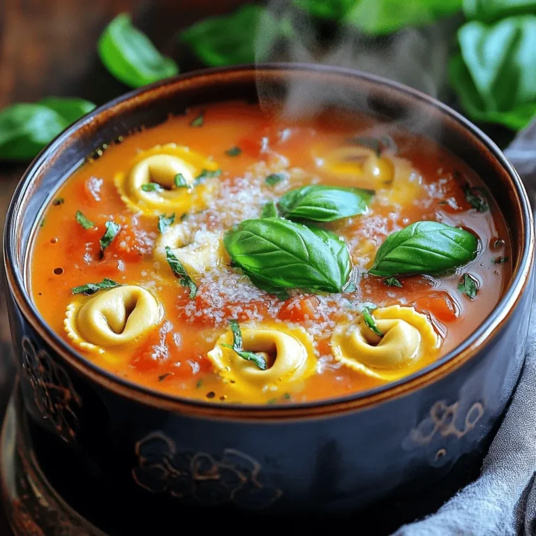 - 2 cans (14.5 oz each) diced tomatoes (preferably fire-roasted) - 1 cup fresh basil leaves, loosely packed - 1 medium onion, chopped - 3 cloves garlic, minced - 4 cups vegetable broth - 1 teaspoon Italian seasoning - 1 teaspoon sugar - 1 cup heavy cream (or coconut milk for a dairy-free option) - Grated Parmesan cheese for serving (optional) - Salt and pepper to taste Gathering high-quality ingredients is key to a great soup. Using fire-roasted diced tomatoes adds a sweet, smoky flavor. Fresh basil brings a bright taste that lifts the soup. You want a medium onion to add depth and sweetness. Minced garlic gives a wonderful aroma and taste. For pantry staples, use vegetable broth to keep it light. Italian seasoning mixes many herbs to enhance the flavor. A teaspoon of sugar balances the acidity from the tomatoes. Heavy cream or coconut milk makes the soup rich and creamy. Don’t forget optional items! Grated Parmesan cheese adds a savory touch. Salt and pepper let you adjust the flavor to your liking. These simple ingredients come together to create a delightful meal in your slow cooker. Start by opening the cans of diced tomatoes. Pour them into your slow cooker, juice and all. Next, add the vegetable broth, chopped onion, minced garlic, Italian seasoning, and sugar. Stir these ingredients well to mix them together. Now, set your slow cooker to low for six hours or high for three hours. About halfway through, around the last thirty minutes, stir in the fresh basil and cheese tortellini. Cover the slow cooker again, letting everything blend and cook until the tortellini is tender. Once the tortellini is cooked, it’s time for the cream. Add the heavy cream or coconut milk to the soup and stir until well mixed. Let it heat through for another ten minutes. Before you serve, taste the soup and adjust the seasoning with salt and pepper as needed. - Select quality diced tomatoes: I love using fire-roasted diced tomatoes. They add a nice depth of flavor. - Use fresh ingredients for best results: Fresh basil and garlic make a big difference. They boost the taste of your soup. - Time adjustments based on cooker type: Not all slow cookers are the same. If yours cooks faster, check the soup a bit early. - Importance of keeping the lid closed: Keep the lid on while cooking. This keeps the heat and flavors inside, helping your soup taste amazing. - Pairing options for a complete meal: Serve this soup with a fresh side salad or crusty bread. They complement the soup's flavors well. - Garnishing ideas: Top your soup with grated Parmesan cheese. It adds a nice creaminess that pairs well with the soup. {{image_2}} For those looking to make this soup dairy-free, you can use coconut milk instead of heavy cream. Coconut milk adds a nice creamy texture while keeping it light. It also gives a hint of sweetness that pairs well with the tomatoes. If you need gluten-free options, select gluten-free tortellini. Many brands offer this choice, and it works just as well in our soup. You can even use rice or quinoa for a different twist. To boost the taste, consider adding fresh herbs like oregano or thyme. These herbs pair well with basil and add depth to the flavor. You can also try a sprinkle of red pepper flakes for a little heat. Adding vegetables can also enhance the soup. Chopped carrots or bell peppers give a sweet crunch. You could even toss in spinach or kale for more color and nutrition. You don’t have to stick with cheese tortellini. Other pasta shapes, like mini shells or bow ties, can work just as well. Cook them separately and stir them in before serving for best results. If you want to make homemade tortellini, it’s a fun project! You can fill them with cheese, spinach, or even meat. Just remember to adjust the cooking time based on your pasta’s thickness. To store leftovers, let the soup cool first. Then, pour it into clean containers. Make sure to use airtight containers to keep it fresh. I recommend glass or BPA-free plastic containers. These work best for storage. You can keep the soup in the fridge for easy access. To freeze the soup, let it cool completely. Then, ladle it into freezer-safe bags or containers. Make sure to leave some space for expansion. Seal tightly and label with the date. When you want to enjoy it, thaw the soup in the fridge overnight. Reheat it gently on the stove or in the microwave until hot. In the fridge, your soup lasts about 3 to 4 days. If you freeze it, it can last up to 3 months. Look for signs of spoilage. If the soup smells off or has mold, it’s time to toss it. Always trust your senses to keep meals safe and tasty. Yes, you can use frozen tortellini. Just add it in the last 30 minutes. This way, it cooks well without getting mushy. The soup will still taste great! To make this soup vegetarian, use vegetable broth. Check all other ingredients for animal products. This soup is naturally vegetarian if you follow these tips. Yes, you can add protein. Cooked chicken or beans work well. Stir them in with the tortellini. This adds extra flavor and makes it filling. You can use coconut milk instead of heavy cream. It gives a nice creamy texture with a hint of sweetness. Almond milk or cashew cream also work as lighter options. The tortellini is cooked when it floats to the top. It should be tender, not hard. Test a piece to make sure it's done before serving. This post covered how to make a delicious tortellini soup. We discussed fresh ingredients, pantry staples, and optional add-ons. I shared step-by-step instructions to guide you through cooking. You learned helpful tips for flavor and slow cooking. Variations, storage info, and FAQs are included for your ease. With these techniques, you can enjoy a warm, tasty meal. So get cooking and savor every bite!