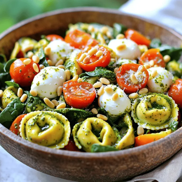 - 12 oz cheese tortellini (fresh or frozen) - 1 cup cherry tomatoes, halved - 1 cup fresh mozzarella balls, halved - 1 cup baby spinach, roughly chopped - 1/2 cup homemade or store-bought pesto - 1/4 cup pine nuts, lightly toasted - 1 tablespoon olive oil - Salt and pepper to taste - Parmesan cheese, for garnish I love how each ingredient brings its own flavor to the dish. The cheese tortellini acts as a soft base. It absorbs the pesto well, making each bite tasty. Cherry tomatoes add a sweet burst that brightens the salad. Fresh mozzarella balls give a creamy touch, balancing the flavors. Baby spinach brings a nice crunch and fresh green color. Pesto is the star of this recipe. You can use homemade pesto for a personal touch, or store-bought for convenience. Either way, it offers a rich, herby taste. The pine nuts add a nutty crunch. Toasting them enhances their flavor and makes them even better. For seasoning, a splash of olive oil helps all ingredients blend smoothly. A pinch of salt and pepper brings everything together. Finally, a sprinkle of Parmesan cheese on top adds a savory finish. This dish is not just colorful; it's also filled with flavor and nutrition. First, fill a large pot with water and add salt. Bring the water to a boil. Once boiling, add the cheese tortellini. Cook according to the package instructions, which is usually about 3-5 minutes for fresh tortellini. You know they are done when they float to the top. Drain the tortellini and rinse them under cold water. This stops the cooking and keeps them nice. In a big mixing bowl, combine the halved cherry tomatoes, mozzarella balls, and roughly chopped baby spinach. Use fresh ingredients for the best flavor. Mixing them in a bowl makes it easy to combine later. Next, add the cooked tortellini to your bowl of vegetables. Drizzle the pesto and olive oil over the mixture. Gently fold everything together. Make sure all the ingredients get a nice coat of pesto. This brings all the flavors together. Now, it’s time to season. Add salt and pepper to taste. Then, fold in the lightly toasted pine nuts. The nuts add a nice crunch and flavor. Chilling the pasta salad is important. Cover the bowl and refrigerate it for at least 30 minutes. This lets all the flavors mix well. Before serving, give the salad a gentle stir. Finally, garnish with freshly grated Parmesan cheese for that perfect finishing touch. Enjoy! Choosing the right pesto Pick a pesto that tastes fresh and vibrant. You can use store-bought pesto, but I often prefer homemade. Making your own lets you control the ingredients. Use fresh basil, good olive oil, and quality nuts to create a rich flavor. If you want a twist, try sun-dried tomato or arugula pesto for a new twist. Cooking tortellini tips When boiling the tortellini, use plenty of water. This helps them cook evenly. Bring the water to a rolling boil before adding the pasta. Fresh tortellini cooks quickly, usually in just 3-5 minutes. Keep an eye on them; they’re done when they float. After cooking, rinse them under cold water to stop further cooking. This keeps the tortellini firm and prevents them from getting sticky. Best side dishes Pair this pasta salad with crusty bread or a light green salad. A simple arugula salad with lemon dressing works well. If you want a heartier meal, serve it alongside grilled chicken or shrimp. Ideal occasions for serving This dish shines at summer gatherings, picnics, or potlucks. It’s great for barbecues, too. The colors and flavors make it a crowd-pleaser for any festive occasion. You can even serve it as a light lunch or dinner option. Best ways to plate To plate your salad, use a large, shallow bowl. This shows off all the vibrant colors. Gently toss the salad before serving to ensure even distribution of the ingredients. Enhancing visual appeal with fresh herbs Garnish with fresh basil or parsley to add a pop of color. You can also sprinkle extra pine nuts on top for added texture. A few shavings of Parmesan cheese can elevate the dish’s look. These small touches make a big difference in presentation. {{image_2}} You can make this dish work for different diets. For those needing gluten-free options, try using gluten-free tortellini. Many brands offer good substitutes that taste great. If you want a vegan twist, replace cheese tortellini with a plant-based version. You can also use nutritional yeast for a cheesy flavor without dairy. Want to boost the taste of your pesto tortellini pasta salad? Adding proteins like grilled chicken or shrimp can make it heartier. Just cook the protein separately and mix it in. You can also switch up the veggies. Consider adding bell peppers, cucumbers, or even roasted zucchini for extra crunch and color. While pesto works wonders, you can try different dressings too. A creamy dressing adds richness, while a light vinaigrette can brighten the dish. Don't hesitate to mix it up! Experiment with fresh herbs like basil or parsley. These can elevate the flavors and bring freshness to your salad. To keep your Pesto Tortellini Pasta Salad fresh, store it in an airtight container. Make sure to cool the salad completely before sealing it. I recommend using glass or plastic containers with tight lids. This helps prevent any odors from your fridge from mixing in. Place the container in the refrigerator right after serving. This pasta salad is best enjoyed fresh, but it can last in the fridge for up to three days. After that, the flavors may fade, and the texture can change. Always check for any signs of spoilage, like an off smell or discoloration, before eating leftovers. If you want to reheat the salad, do it gently. Start by warming it in a pan on low heat. Stir it often to ensure even warming. You can also add a splash of olive oil to help keep it moist. Avoid the microwave if possible, as it can make the tortellini mushy. Enjoy your meal! You can store Pesto Tortellini Pasta Salad in the fridge for about 3 days. Make sure to keep it in an airtight container. This helps keep the flavors fresh and the ingredients safe to eat. Yes, you can freeze Pesto Tortellini Pasta Salad. To do this, place it in a freezer-safe container. When you're ready to eat it, thaw it in the fridge overnight. Then, enjoy it chilled or at room temperature. Keep in mind that some ingredients, like tomatoes, may change texture after freezing. Absolutely! This recipe is very flexible. You can swap cheese tortellini for another pasta shape. Add veggies like bell peppers or cucumbers if you like. You can also include proteins like chicken or shrimp. Feel free to adjust the amount of pesto, too, for more or less flavor. You can use either store-bought or homemade pesto. Store-bought pesto is quick and easy. Just make sure it tastes good to you. If you have time, homemade pesto can add a special touch. You can blend fresh basil, garlic, nuts, and oil for a rich flavor. This blog post showed how to make a tasty Pesto Tortellini Pasta Salad. You learned about key ingredients like tortellini, spinach, and fresh mozzarella. I shared helpful tips for cooking and serving. You can customize the dish to fit your taste. Remember, the right storage keeps leftovers fresh. Enjoy your salad as a side or main dish for any occasion. A perfect blend of flavors and textures will impress anyone who tries it. Keep experimenting until it’s just right for you!