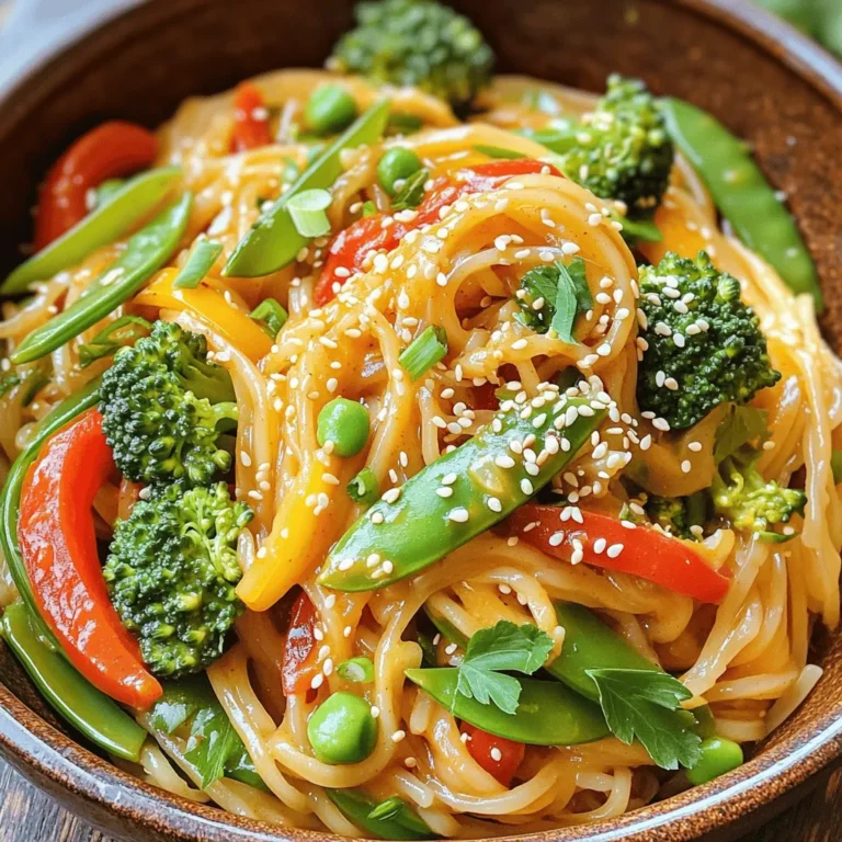 - 8 ounces rice noodles or whole wheat noodles - 1 red bell pepper, thinly sliced - 1 cup broccoli florets - 1 cup snap peas - 1 carrot, julienned - 2 cloves garlic, minced - 1 inch piece of ginger, minced - 1/4 cup creamy peanut butter - 2 tablespoons soy sauce or tamari for gluten-free - 1 tablespoon sriracha (adjust for heat) - 1 tablespoon lime juice - 1 tablespoon honey or maple syrup - 2 green onions, chopped - Sesame seeds First, cook the rice noodles. Follow the package instructions for the best results. Once done, drain them and rinse under cold water. This keeps them from sticking together. After rinsing, set the noodles aside for later. Next, grab a large skillet or wok. Heat one tablespoon of vegetable oil over medium-high heat. Make sure the oil gets hot enough but not smoking. This step is key to getting a nice sear on your veggies. Now, add two cloves of minced garlic and one inch of minced ginger to the hot oil. Sauté for about one minute until you smell their wonderful aroma. Then, toss in the sliced red bell pepper, one cup of broccoli florets, one cup of snap peas, and one julienned carrot. Stir-fry these for about five to seven minutes. You want the veggies to be tender yet still crisp. In a small bowl, mix together 1/4 cup of creamy peanut butter, 2 tablespoons of soy sauce, 1 tablespoon of sriracha, 1 tablespoon of lime juice, and 1 tablespoon of honey or maple syrup. Stir until the mixture is smooth. If it feels too thick, add a splash of water to adjust the consistency. Add the cooked noodles to the skillet with the sautéed vegetables. Pour the spicy peanut sauce over everything. Toss it all together to ensure each noodle gets coated with that tasty sauce. Continue to stir-fry everything for another two to three minutes. This heats the dish through. Once done, plate your stir fry and garnish with chopped green onions and a sprinkle of sesame seeds. Enjoy your meal! To make a great stir-fry, you need high heat. This helps cook the food quickly. Use a large skillet or wok to get the best results. Heat the oil until it shimmers. This means it’s hot enough. Ingredient prep matters too. Cut your vegetables into equal sizes. This ensures they cook evenly. Mince the garlic and ginger finely for more flavor. Have everything ready before you start cooking. Stir-frying is quick! Want more spice? Add extra sriracha to the sauce. You can also use chili flakes for a different heat. If you like sweet, mix in more honey or maple syrup. This will balance the spice. Try adding sesame oil for a nutty flavor. It adds depth to your dish. You can also sprinkle in some ground peanuts for crunch. These small changes can elevate your meal. Serve this stir-fry with rice or quinoa. These sides soak up the sauce well. For a fresh touch, add a side salad. A light salad pairs nicely with the dish. When serving for family or meal prep, use large bowls. This makes it easy to serve. You can also pack it in containers for lunches. Just remember to garnish each serving with green onions and sesame seeds. This adds color and flavor. {{image_2}} For those who need gluten-free options, use tamari instead of soy sauce. Tamari has a similar taste without gluten. You can also swap rice noodles for gluten-free noodles. This keeps the dish safe and tasty. If you follow a vegan diet, replace honey with maple syrup. This keeps the sweetness while making it vegan. You can also check if your peanut butter is vegan. Many brands are, so read the label. Want to add protein? Tofu is a great choice. Use firm or extra-firm tofu. Press it to remove water, then cube and fry until golden. This gives a nice texture. Chicken works well too. Dice it into bite-sized pieces and cook it in the skillet before adding veggies. Cook until it’s no longer pink. Shrimp is another option. Just add it to the skillet after the veggies. Cook until they turn pink and are firm. You can swap out veggies based on what you like or what’s in season. Zucchini, bell peppers, or snap peas work great. Spinach or kale can add greens and flavor. Just make sure to adjust cooking times. Softer veggies need less time in the pan. Enjoy making the dish yours! To store leftovers, let the stir fry cool. Place it in an airtight container. This keeps it fresh for up to three days in the fridge. It is important to store it quickly to avoid bacteria growth. Label the container with the date to track freshness. When reheating, use a skillet or microwave. For the skillet, heat it over medium-low. Add a splash of water or broth. This keeps the noodles moist and flavorful. Stir often for even heating. If using a microwave, heat in 30-second bursts. Stir after each interval until hot. You can freeze the stir fry for up to three months. Use a freezer-safe container or bag. Make sure to remove as much air as possible. To thaw, place it in the fridge overnight. Reheat it in a skillet for the best texture. Avoid refreezing once thawed to maintain quality. If you need a nut-free option, try sunflower seed butter or tahini. Both give a creamy texture. You can also use soy nut butter, which is safe for kids with nut allergies. These options keep the dish tasty and smooth. To reduce heat, cut back on the sriracha. Start with just one teaspoon. You can also use sweet chili sauce instead. This gives flavor without extra spice. Adding more honey or maple syrup can help balance the heat too. Yes! You can swap rice noodles for whole wheat or egg noodles. Just keep an eye on cooking times. Whole wheat noodles usually take a few extra minutes. Egg noodles cook fast, so check them often to avoid mushiness. This dish stays fresh in the fridge for about three days. Store it in an airtight container to keep it from drying out. When reheating, add a splash of water to keep the noodles moist. Absolutely! To make it more appealing to kids, cut veggies into fun shapes. Reduce the sriracha or leave it out completely. You can also serve it with extra peanut sauce on the side for dipping. Kids love to dip! This blog covers the essential ingredients and steps for making a tasty Spicy Peanut Noodle Stir Fry. You learned about noodles, fresh veggies, and a rich peanut sauce. I shared tips to perfect your stir-fry, which flavors to enhance, and how to store leftovers. Remember to customize the dish to your taste, whether with protein or different vegetables. This recipe is flexible and fun for all cooks. Enjoy your cooking journey and make it your own!