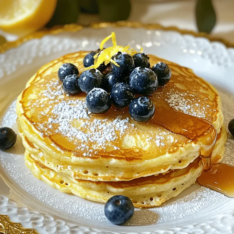 - 1 cup ricotta cheese - 1 cup fresh blueberries - 1 cup all-purpose flour - 1 cup milk - 2 large eggs - Zest of 1 lemon - 2 tablespoons lemon juice - 1 tablespoon baking powder - 1/2 teaspoon baking soda - 2 tablespoons sugar - 1/4 teaspoon salt When I make Lemon Blueberry Ricotta Pancakes, I start with the main ingredients. Ricotta cheese gives the pancakes a creamy texture. Fresh blueberries add sweet bursts of flavor. All-purpose flour provides the base for this fluffy delight. Next, I gather the additional ingredients. Milk adds moisture, while eggs help bind everything together. The zest and juice of a lemon give the pancakes a bright flavor that makes them stand out. Finally, I pay attention to the baking essentials. Baking powder and baking soda help the pancakes rise. Sugar adds just the right amount of sweetness, and salt balances the flavors. Each ingredient plays a vital role in creating the perfect pancake. Start by mixing the wet ingredients. In a large bowl, whisk together 1 cup of ricotta cheese, 1 cup of milk, 2 large eggs, the zest of 1 lemon, and 2 tablespoons of lemon juice. Make sure this mixture is smooth. Next, combine the dry ingredients in another bowl. Mix 1 cup of all-purpose flour, 2 tablespoons of sugar, 1 tablespoon of baking powder, 1/2 teaspoon of baking soda, and 1/4 teaspoon of salt. Now, gently add the dry mix to the wet mix. Stir it slowly until just combined. It’s okay if some lumps remain; overmixing can make the pancakes tough. Finally, fold in 1 cup of fresh blueberries. This step adds bursts of flavor. Prepare your skillet by preheating it over medium heat. Use butter or oil to lightly grease the surface. Pour about 1/4 cup of batter for each pancake onto the skillet. Cook them until bubbles form on the surface, which takes about 2-3 minutes. When the time is right, flip the pancakes. Cook for another 2-3 minutes until they turn golden brown. If needed, adjust the heat to avoid burning. For serving, stack the pancakes high and add extra blueberries on top. A drizzle of maple syrup adds sweetness. You can dust them with powdered sugar for a pretty finish. Arrange them on a bright plate to make your meal look inviting. Enjoy every bite of these delightful pancakes! To make the best Lemon Blueberry Ricotta Pancakes, avoid overmixing the batter. When you mix, stop as soon as the dry and wet ingredients combine. Some lumps are okay. Overmixing can make the pancakes tough. Next, adjust the cooking heat. Start with medium heat to cook pancakes evenly. If they burn, lower the heat slightly. If pancakes cook too slow, increase the heat a bit. You can add spices like cinnamon to the batter for extra warmth. A dash of nutmeg also works well. Feel free to use different fruits too. Try diced strawberries or sliced bananas for a fun twist. For gluten-free pancakes, swap all-purpose flour with a gluten-free blend. This will keep the texture light and fluffy. If you want dairy-free options, use almond milk and a dairy-free ricotta. Both will keep your pancakes tasty while meeting your dietary needs. {{image_2}} You can swap ricotta cheese for Greek yogurt. This change gives a nice tang. The texture stays creamy, and it's a bit lighter. For syrup, try different options. Maple syrup is classic, but honey works well too. You might also enjoy agave syrup or berry syrup for a fruity touch. Want to mix things up? Use lime or orange zest instead of lemon. These citrus flavors add a fun twist to the pancakes. You can also toss in chocolate chips. They melt slightly and give a sweet surprise in every bite. Make these pancakes special by using seasonal fruits. In summer, add peaches or raspberries. In fall, try apples or pears. These fruits bring new flavors and freshness to the dish. You can also adapt this recipe for holidays. For a festive touch, add spices like cinnamon or nutmeg. Top with whipped cream and a sprinkle of zest for an extra flair. To store leftover pancakes, cool them first. Place them in a single layer. Use an airtight container to keep them fresh. If you have many pancakes, separate layers with parchment paper. This helps to avoid sticking. Store them in the fridge for up to three days. The best way to reheat pancakes is in a skillet. Heat the skillet over medium-low heat. Add a small amount of butter or oil. Place the pancake in the pan and warm it for about one to two minutes on each side. You can also use a microwave. Just heat for 20-30 seconds. If you want to freeze pancakes, stack them with parchment paper in between. Place them in a freezer-safe bag. They can stay fresh for up to three months. Ricotta cheese should be fresh for the best taste. Check the date on the package. It usually lasts about one week after opening. Fresh blueberries are best eaten within a few days, but they can last up to a week in the fridge. Pancakes can be stored for about three days in the fridge. If frozen, they last much longer. Yes, you can prepare the batter in advance. Mix the wet and dry ingredients separately. Store them in the fridge for up to 24 hours. When ready to cook, gently mix the wet and dry ingredients. Fold in the blueberries right before cooking. This keeps them fresh and tasty. You can make these pancakes gluten-free! Substitute the all-purpose flour with a gluten-free mix. Look for a blend that contains xanthan gum for better texture. This way, you can enjoy the same fluffy goodness without gluten. Absolutely! Let the pancakes cool completely. Layer them with parchment paper in a freezer bag. They will keep well for up to two months. To reheat, pop them in a toaster or microwave. They taste great even after freezing! To make fluffier pancakes, add an extra egg white. Whip it until it's frothy and fold it gently into the batter. Also, avoid overmixing the batter; some lumps are okay. This helps add air and keeps them light. In this blog post, we covered how to make delicious lemon blueberry ricotta pancakes. We discussed each ingredient, from the main ones like ricotta cheese and blueberries to baking essentials. The step-by-step instructions made the cooking process easy. Plus, I shared tips for perfecting the recipe and variations to try. Don't forget to store leftovers properly for later enjoyment. Whether you’re a seasoned cook or new to pancakes, this recipe is fun and tasty. Enjoy experimenting with flavors and make these pancakes your own!