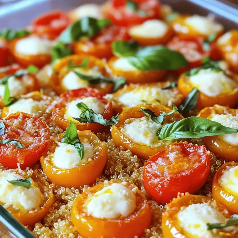 - 1 cup quinoa, rinsed - 2 cups vegetable broth - 1 teaspoon olive oil - 1 small onion, diced - 2 garlic cloves, minced - 1 cup cherry tomatoes, halved - 1 cup fresh mozzarella, diced - 1 cup fresh basil leaves, chopped - 1 teaspoon dried oregano - Salt and pepper to taste - ¼ cup grated Parmesan cheese (for topping) I love using quinoa as the base for this dish. It gives a hearty feel. Quinoa is also packed with protein, making it a great choice. The vegetable broth adds a deep flavor that makes each bite special. Don’t skip the olive oil; it helps sauté the onion and garlic. These two ingredients lay the foundation for a savory background. Cherry tomatoes bring a sweet burst when cooked. Fresh mozzarella melts beautifully, creating a creamy texture. The basil adds freshness, while oregano gives that classic Italian taste. Finally, the Parmesan cheese on top creates a nice, golden crust. You can change up the mozzarella for other cheeses. Try goat cheese for a tangy twist. Or use a mix of cheeses for a cheesy delight. You could even go dairy-free with a plant-based cheese. Seasonings bring the dish to life. I use dried oregano for its earthy flavor. Fresh basil adds a bright note. You can also add red pepper flakes for some heat. Salt and pepper are key to enhance all the flavors. Adjust them to your liking for the best taste. Start by rinsing 1 cup of quinoa in cold water. This removes any bitter taste. In a medium saucepan, bring 2 cups of vegetable broth to a boil. Add the rinsed quinoa to the broth and stir. Lower the heat, cover the pot, and let it simmer for about 15 minutes. Once done, the quinoa should be fluffy and the broth fully absorbed. Remove it from heat and set it aside. Next, heat 1 teaspoon of olive oil in a large skillet over medium heat. Add a diced small onion and sauté it for about 3-4 minutes. You want it to be soft, not browned. Then, add 2 minced garlic cloves and cook for another 1-2 minutes until you smell that wonderful garlic aroma. Now, toss in 1 cup of halved cherry tomatoes. Cook these for about 5 minutes. They should soften and release some juice. In a large mixing bowl, combine your cooked quinoa with the sautéed veggies. Add 1 cup of diced fresh mozzarella and 1 cup of chopped fresh basil leaves. Sprinkle in 1 teaspoon of dried oregano, plus salt and pepper to taste. Mix everything well so the flavors combine nicely. Now, transfer this mixture to a lightly greased 9x9-inch baking dish, smoothing the top. For a cheesy finish, sprinkle ¼ cup of grated Parmesan cheese evenly on top. Preheat your oven to 375°F (190°C). Once the oven is ready, place your baking dish inside. Bake it for 25-30 minutes. You’ll know it’s done when the top is golden and bubbly. Once out of the oven, let it cool for 5 minutes before you serve. Enjoy the comforting flavors of this Caprese Quinoa Bake! To cook quinoa perfectly, rinse it under cold water first. This removes the bitter outer coating. - Boil 2 cups of vegetable broth in a medium saucepan. - Add 1 cup of rinsed quinoa and reduce the heat. - Cover and simmer for 15 minutes. The quinoa should be fluffy and absorb all the liquid. If it’s still wet, cook for a few more minutes. For a stunning look, garnish your Caprese Quinoa Bake with fresh basil leaves. - Drizzle extra olive oil on top just before serving. - Consider adding a few halved cherry tomatoes for color. This simple touch makes your dish pop and looks appetizing. Serve this bake warm with a mixed green salad. The freshness of the salad balances the rich flavors. - Pair with a light vinaigrette to brighten the meal. - A glass of chilled white wine also complements the flavors well. These ideas help create a complete and satisfying dinner experience. {{image_2}} You can swap quinoa with other grains. Try brown rice, farro, or even couscous. Each grain brings its own flavor and texture. For cheese, fresh mozzarella is great, but feta or ricotta also works well. If you want a creamier bake, use a mix of cheeses. You can change up the veggies, too. Add spinach, bell peppers, or zucchini for extra color and nutrition. To make this dish gluten-free, just use quinoa as the base. Quinoa is naturally gluten-free. If you want to make it vegan, skip the mozzarella and Parmesan. Instead, use a vegan cheese or nutritional yeast for a cheesy flavor. You can also add nuts or seeds for a protein boost. This way, everyone can enjoy the meal, no matter their diet. Want to take the flavor up a notch? Add spices like red pepper flakes for heat or smoked paprika for a smoky touch. You can also mix in fresh herbs like parsley or thyme for a fresh taste. A splash of balsamic vinegar can enhance the sweetness of the tomatoes. Consider adding olives or artichokes for a Mediterranean twist. Each addition can change the vibe of your Caprese Quinoa Bake. To keep your Caprese Quinoa Bake fresh, store leftovers in an airtight container. This helps prevent moisture loss and keeps flavors intact. You can refrigerate it for up to four days. Make sure to let it cool completely before sealing. If you want to enjoy it later, portioning it into smaller containers is a great idea. This way, you can grab just what you need for a quick meal. When reheating, I recommend using the oven for best results. Preheat the oven to 350°F (175°C). Place the quinoa bake in an oven-safe dish, cover it with foil, and heat for about 15-20 minutes. This keeps the dish moist and helps it heat evenly. If you prefer using a microwave, heat in short bursts of 1-2 minutes, stirring in between. This way, it warms up without becoming dry. To freeze your Caprese Quinoa Bake, first, let it cool completely. Then, cut it into portions. Wrap each piece tightly in plastic wrap, and place them in a freezer-safe container. This method keeps them fresh for up to three months. When you’re ready to enjoy it, thaw it in the fridge overnight. Then, reheat it using the oven or microwave. Enjoy the flavors as if it were fresh! Caprese Quinoa Bake is a healthy and tasty dish. It blends quinoa, fresh tomatoes, and mozzarella. This dish has a bright and fresh flavor. The basil adds a nice touch, while the cheese gives it a creamy texture. Think of it as a twist on the classic Caprese salad, but in a warm, cozy bake. Making Caprese Quinoa Bake takes about 50 minutes. You will spend 15 minutes prepping the ingredients. Cooking the quinoa takes around 15 minutes, and sautéing the vegetables takes about 5 to 6 minutes. Finally, baking the dish in the oven takes 25 to 30 minutes. It’s a quick meal for your weeknight dinners! Yes, you can prepare Caprese Quinoa Bake ahead of time. Cook the quinoa and sauté the veggies in advance. Mix everything and place it in the baking dish. Cover it and store it in the fridge. When ready to eat, bake it straight from the fridge. Just add a few extra minutes to the baking time. Absolutely! Caprese Quinoa Bake is great for meal prep. It stores well in the fridge for up to four days. You can enjoy it for lunch or dinner throughout the week. Just reheat it in the oven or microwave. It keeps its flavor and texture, making it a perfect choice for busy days. In this article, we explored how to make a tasty Caprese Quinoa Bake. We covered key ingredients like quinoa and vegetable broth, plus optional add-ons. I shared tips on cooking, sautéing, and baking. You also learned about storing leftovers and meal prep benefits. This dish is easy to modify for various diets, making it suitable for everyone. Enjoy making this simple, healthy meal and impress your family or friends with your cooking!