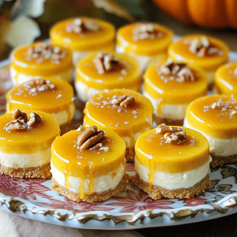 To make Salted Caramel Pumpkin Cheesecake Bites, gather these ingredients: - 1 cup graham cracker crumbs - 4 tablespoons unsalted butter, melted - 1 cup cream cheese, softened - 1/2 cup pure pumpkin puree - 1/2 cup powdered sugar - 1 teaspoon vanilla extract - 1 teaspoon pumpkin pie spice - 1/4 cup salted caramel sauce, plus extra for drizzling - Pinch of salt - 1/4 cup chopped pecans (optional, for garnish) These ingredients work together to create rich flavors and a creamy texture. If you need alternatives, here are some options: - Use almond flour instead of graham cracker crumbs for a gluten-free crust. - Replace cream cheese with Greek yogurt for a lighter option. - Use maple syrup or honey instead of powdered sugar for natural sweetness. - Substitute pecans with walnuts or leave them out entirely if you prefer. These swaps can change the taste and texture while keeping the recipe easy. Here are some helpful notes about the ingredients: - Graham Crackers: Look for brands with simple ingredients. This helps ensure a tasty crust. - Cream Cheese: Use full-fat cream cheese for the best creamy texture. Brands like Philadelphia work well. - Pumpkin Puree: Choose pure pumpkin puree, not pumpkin pie filling, for the right flavor. - Caramel Sauce: Store-bought caramel sauce is fine, but homemade adds a special touch. - Pecans: If you want to use chopped pecans, toast them lightly for added crunch and flavor. These notes will help you select the best ingredients for your cheesecake bites. Enjoy the process! To start, gather your ingredients for the crust. You need graham cracker crumbs and melted butter. In a mixing bowl, combine one cup of graham cracker crumbs with four tablespoons of melted unsalted butter. Mix these until the crumbs look like wet sand. Next, line a mini muffin pan or silicone mold with cupcake liners. Take about one tablespoon of the crust mixture and press it into the bottom of each liner. Make sure it is packed tightly. This forms the base for your cheesecake bites. Now, let’s move on to the filling. In a clean bowl, beat one cup of softened cream cheese with an electric mixer. Mix until it is creamy and smooth. Then, add in half a cup of pure pumpkin puree, half a cup of powdered sugar, one teaspoon of vanilla extract, one teaspoon of pumpkin pie spice, and a pinch of salt. Beat this mixture until all the ingredients are fully combined and fluffy. This step is key to getting the right texture. The filling should be light and airy, perfect for your bites. Next, spoon the pumpkin cheesecake mixture over the prepared graham cracker crusts. Fill each cup just to the top. Once all the cups are filled, it’s time to set them. Place the muffin pan in the refrigerator for at least two hours. This helps the cheesecake to firm up. After the bites are set, carefully remove them from the pan. Drizzle each bite with salted caramel sauce. If you like, sprinkle some chopped pecans on top for extra crunch. These steps make your cheesecake bites look and taste amazing. Enjoy your delicious creation! To get the best texture in your cheesecake bites, use softened cream cheese. This makes mixing easy and helps avoid lumps. Beat it well until smooth and creamy. When you add pumpkin puree, mix gently to keep air in the batter. This keeps your bites light and fluffy. Chill them for at least two hours. This time helps them set nicely. If you want a firmer bite, let them chill longer. When serving your cheesecake bites, presentation matters. Use a pretty platter to display them. Drizzle extra salted caramel sauce over the top for a sweet touch. You can also sprinkle some pumpkin pie spice on each bite for added flavor. For a nice crunch, add chopped pecans on top. Serve them with a small bowl of caramel sauce on the side. This lets guests add more if they like. One common mistake is not chilling the bites long enough. If they are not set, they will fall apart when you serve them. Another mistake is using cold cream cheese. This can lead to lumps in your mixture. Make sure to mix well after adding the pumpkin. Also, press the crust firmly into the muffin pan. This helps the crust hold together when you remove the bites. Avoid overfilling the cups; leave a little space for the cheesecake to expand. {{image_2}} You can add fun spices to these bites. Try a pinch of nutmeg for warmth. Cinnamon adds a nice touch too. You might also want to use ginger for a spicy kick. These flavors mix well with pumpkin. Each tweak brings a new taste to enjoy. If you have gluten allergies, use gluten-free graham crackers. You can also swap cream cheese for a dairy-free version. Look for cashew or almond cream cheese. For nut allergies, skip the pecans. You can use sunflower seeds instead for crunch. These swaps help everyone enjoy the treat. Garnishes make your bites pop. Drizzle more salted caramel on top for sweetness. You can also sprinkle cocoa powder for a rich look. Edible flowers add a fancy touch. For a festive feel, use candy corn around the bites. These fun additions will impress your guests. To keep your salted caramel pumpkin cheesecake bites fresh, store them in the fridge. Place them in an airtight container. This method helps prevent drying and keeps flavors intact. You can stack them gently with parchment paper in between the layers. They stay good for about 4 to 5 days. If you want to keep these bites longer, freezing is a great option. First, let them set in the fridge for at least 2 hours. Then, remove them from the pan. Wrap each bite tightly in plastic wrap. After that, place them in a freezer-safe bag or container. They can last up to 2 months in the freezer. When you want to enjoy them, thaw in the fridge overnight. These cheesecake bites are best served cold, but you can bring them back to life. If they seem a bit soft after thawing, place them in the fridge for a couple of hours. This helps them firm up again. You can drizzle more salted caramel sauce on top before serving for extra flavor. Enjoy them cold, and they will taste just as delightful! Yes, you can. Try using crushed cookies, like Oreos or Nilla wafers. They add a fun twist. You can even use nuts for a gluten-free option. Just make sure to mix them with melted butter like in the original recipe. These cheesecake bites can last up to five days in the fridge. Store them in an airtight container to keep them fresh. The longer they sit, the more the flavors blend together. However, they taste best when eaten fresh. Absolutely! You can make these cheesecake bites a day in advance. Just store them in the fridge until you are ready to serve. This makes them a great option for parties or gatherings. You can focus on other tasks while knowing these bites are ready to go. You now have a clear plan for making delicious pumpkin cheesecake bites. We covered key ingredients and offered helpful alternatives. You learned how to prepare a graham cracker crust and make the perfect filling. Remember the tips for texture and avoid common mistakes. You can get creative with flavors and garnishes too. Lastly, follow best practices for storage and reheating. Enjoy these treats with friends or family, and feel proud of your baking skills. Happy cooking!
