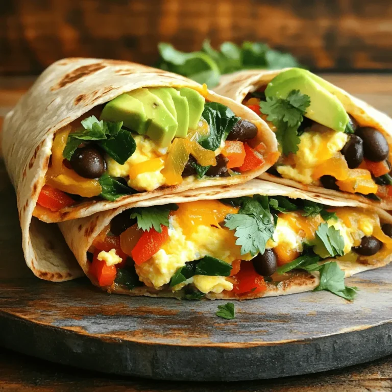 - 4 large whole wheat tortillas - 1 cup black beans, drained and rinsed - 1 cup bell peppers (red, green, and yellow), diced - 1 cup spinach, chopped - 1 small red onion, diced - 2 cloves garlic, minced - 4 large eggs - 1/2 cup shredded cheese (cheddar or pepper jack) - 1 avocado, sliced - 2 tablespoons olive oil - 1 teaspoon cumin - 1 teaspoon smoked paprika - Salt and pepper to taste - Fresh cilantro, chopped (for garnish) - Salsa (optional, for serving) When I prepare these veggie-loaded breakfast burritos, I love to use fresh, vibrant ingredients. Each item plays a key role in making the burrito tasty. Whole wheat tortillas provide a healthy base. Black beans add protein and fiber. Bell peppers bring color and crunch. Spinach gives a nice green touch and lots of nutrients. Red onion and garlic add depth to the flavor. Eggs create a fluffy filling. Cheese adds creaminess, and avocado gives a smooth finish. Olive oil helps cook the veggies perfectly. Cumin and smoked paprika add warmth and a hint of spice. Finally, a sprinkle of fresh cilantro brightens the dish. Salsa is a fun optional touch that can spice things up! You can mix and match these ingredients to fit your taste. Try adding different veggies or spices that you love. Keep it fresh and fun! Sautéing the Onion and Peppers Start by heating 2 tablespoons of olive oil in a large skillet over medium heat. Once hot, add 1 small diced red onion and 1 cup of diced bell peppers. Cook them for about 5 minutes. You want them to soften and become fragrant. Adding Spinach and Seasonings Next, add 2 cloves of minced garlic, 1 cup of chopped spinach, and season with 1 teaspoon of cumin, 1 teaspoon of smoked paprika, salt, and pepper. Stir everything together and cook for another 3 minutes. The spinach should wilt nicely, adding a fresh green touch to your mix. Whisking the Eggs In a separate bowl, crack open 4 large eggs. Whisk them well and add a pinch of salt and pepper. This step makes sure your eggs are fluffy and tasty. Combining Eggs with Vegetables Pour the whisked eggs into the skillet with your sautéed veggies. Stir gently as they cook. You want the eggs to set but still be soft, about 4 to 5 minutes. This mix will be the heart of your burrito. Filling the Tortillas Lay out 4 large whole wheat tortillas on a clean surface. Divide the veggie and egg mix evenly among them. Don’t forget to sprinkle 1/2 cup of shredded cheese on top of each filling. Rolling Techniques To roll your burritos, fold the sides of the tortilla inwards. Then, start rolling from the bottom to the top tightly. This keeps all the good stuff inside. Pan-Frying for Crispiness In the same skillet, place the burritos seam-side down. Cook each side for about 2 minutes until they are golden brown and crispy. This adds a nice crunch that everyone loves. Serving Suggestions Once cooked, remove the burritos from the skillet and let them cool a bit. Slice each burrito in half and plate them. Top each half with fresh avocado slices and chopped cilantro. You can serve with salsa on the side for a tasty kick! Suggested Add-Ins You can add many veggies to your burrito. Try zucchini, mushrooms, or kale for great taste. You can even add corn for some sweetness. Mix and match based on what you like best. How to Customize Spice Level To adjust the spice level, add jalapeños or red pepper flakes. If you prefer milder flavors, skip the spicy stuff. Balance is key, so taste as you go! Avoiding Overcooking Cook your eggs on medium heat. Stir gently to avoid sticking. Remove them from heat when they are still slightly runny. Eggs will finish cooking in the skillet. Tips for Fluffier Eggs To make fluffier eggs, whisk them well before cooking. Add a splash of milk or cream for extra fluff. This makes your eggs creamy and light. Garnishing with Cilantro Fresh cilantro adds color and flavor. Sprinkle it on top before serving. It brightens the dish and looks nice on the plate. Serving with Salsa Serve your burritos with salsa on the side. This adds a nice kick! You can choose mild or spicy salsa based on your taste. Enjoy the mix of flavors! {{image_2}} You can make your breakfast burritos vegetarian by swapping eggs for tofu. A tofu scramble adds a nice texture and flavor. Just crumble firm tofu and sauté it with your favorite spices. Try turmeric for a golden color and a hint of warmth. You can also add extra vegetables to boost flavor and nutrition. Zucchini, mushrooms, or kale work well. Simply chop them and sauté with the other veggies. This way, you fill your burrito with a rainbow of colors and tastes. If you want to add more protein, consider breakfast sausage or bacon. Cook the sausage or bacon first, then use the same pan for the veggies. This adds a savory flavor to your burrito. Using different beans can also boost protein. Try pinto or kidney beans instead of black beans. Each type has a unique taste and texture. Mix and match to find your favorite! For gluten-free options, you can use corn tortillas. They are a great substitute and still hold all your tasty fillings. Look for brands labeled gluten-free to be safe. If you're looking for vegan substitutes, use plant-based cheese and skip the eggs. You can also add avocado for creaminess. These swaps keep your burrito delicious and satisfying without using animal products. To keep your leftover burritos fresh, wrap them tightly in foil or plastic wrap. Store them in an airtight container. This method keeps them safe from drying out. Leftover burritos stay good in the fridge for up to three days. After that, the taste and texture may change. To freeze your breakfast burritos, follow these simple steps: - Let the burritos cool to room temperature. - Wrap each burrito in plastic wrap. - Place wrapped burritos in a freezer bag. - Label the bag with the date. You can freeze them for up to three months. For best results, eat them sooner rather than later. When you are ready to eat your frozen burritos, thaw them safely. The best way is to move them to the fridge for a few hours or overnight. If you need them fast, you can use the microwave. Just unwrap them and microwave for a few minutes until warm. For reheating, you have two main options: the microwave and the oven. - Microwave: Wrap the burrito in a damp paper towel. Heat for 1-2 minutes. This keeps it moist. - Oven: Preheat to 350°F (175°C). Place the burrito on a baking sheet. Bake for about 10-15 minutes until hot. If you prefer a crispy burrito, the oven is best. This way, the outside stays nice and crunchy. Yes, you can make these burritos ahead of time. To do this, prepare the filling and assemble the burritos. Wrap each burrito tightly in foil or plastic wrap. Then, store them in the fridge for up to three days. You can also freeze them for up to three months. Just thaw them in the fridge overnight before reheating. Whole wheat tortillas work great for these burritos. They are healthy and add flavor. However, you can also use flour or corn tortillas if you prefer. Choose a size that can hold all the fillings without tearing. A large tortilla helps wrap everything nicely. You can add more protein easily. Consider adding cooked breakfast sausage or diced chicken. Tofu is a great choice for a vegan option. You can also double the amount of black beans in the filling for an extra protein boost. Absolutely! You can use any cheese you like. Cheddar and pepper jack are popular choices. Mozzarella or feta can bring a different taste. Try vegan cheese for a plant-based option. Just pick a cheese that melts well for a creamy texture. To make these burritos vegetarian, simply skip the eggs and add more veggies or cheese. For a vegan version, replace eggs with tofu scramble or chickpeas. Use vegan cheese or skip it entirely. These swaps keep the burritos tasty and satisfying. You learned how to make tasty breakfast burritos with simple steps. From cooking the veggies to assembling and cooking the burritos, each part is easy. You can add your favorite ingredients to customize these treats. With tips on storage and reheating, enjoying leftovers is simple. Remember, these burritos fit various diets too. Feel free to get creative in the kitchen. You’ll impress everyone with your new cooking skills!