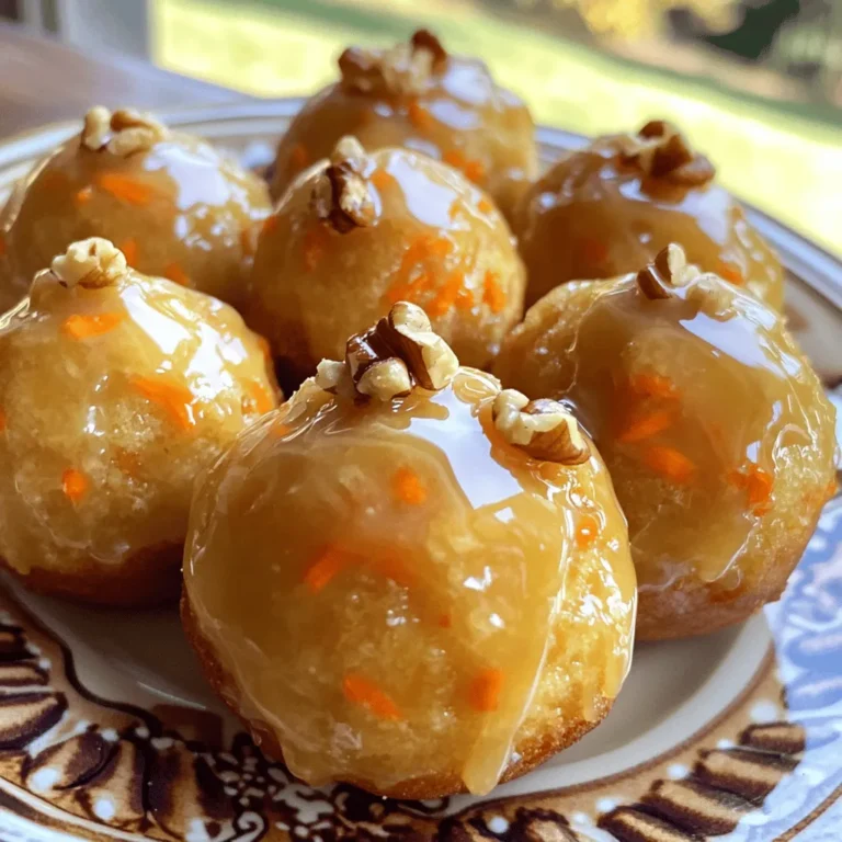 To make these tasty donut holes, gather the following ingredients: - 1 cup all-purpose flour - 1/2 cup shredded carrots - 1/4 cup granulated sugar - 1/4 cup brown sugar - 1/2 teaspoon baking powder - 1/2 teaspoon baking soda - 1/2 teaspoon ground cinnamon - 1/4 teaspoon ground nutmeg - 1/4 teaspoon salt - 1/2 cup buttermilk (or milk with 1/2 tsp vinegar) - 1 large egg - 1/4 cup vegetable oil - 1/2 teaspoon vanilla extract - 1/2 cup powdered sugar (for glaze) - 2 tablespoons pure maple syrup (for glaze) These ingredients blend well to create a moist, flavorful donut hole. If you lack any key items, consider these swaps: - All-purpose flour: Use whole wheat flour for a nuttier taste. - Buttermilk: Mix regular milk with vinegar as a quick alternative. - Vegetable oil: Swap it with melted coconut oil or melted butter. - Brown sugar: You can use white sugar, but the flavor will change slightly. These substitutes work well, but they may alter the taste or texture a bit. Fresh carrots make a big difference in flavor. Here’s how to choose the best ones: - Look for firm, smooth carrots without cracks or soft spots. - Check for vibrant color. Deep orange carrots usually taste sweeter. - Avoid carrots with green tops, as this means they are overripe. - Try to buy organic carrots when possible. They tend to be fresher and tastier. Selecting fresh carrots will enhance your donut holes, making them even more delicious! To make these tasty donut holes, start by gathering your ingredients. You will need all-purpose flour, shredded carrots, sugars, baking powder, baking soda, spices, buttermilk, an egg, oil, and vanilla. Preheating your oven to 350°F (175°C) is key. This temperature helps the donut holes rise well. You can use a mini muffin pan or a silicone mold. Greasing the pan is important to prevent sticking. 1. In a large bowl, mix the flour, granulated sugar, brown sugar, baking powder, baking soda, cinnamon, nutmeg, and salt. Whisking these dry ingredients together ensures even mixing. 2. In another bowl, combine the buttermilk, egg, vegetable oil, and vanilla extract. Whisk these wet ingredients until they blend well. 3. Pour the wet mix into the dry mix. Stir gently until just combined. Be careful not to overmix. Then, fold in the shredded carrots. This adds moisture and flavor to your batter. 4. Now, fill each mini muffin cup or mold about 3/4 full with batter. You can use a spoon or piping bag for this step. 5. Bake these in your preheated oven for 10-12 minutes. To check if they are done, insert a toothpick in the center. If it comes out clean, they are ready. 6. Let the donut holes cool in the pan for about 5 minutes. After that, transfer them to a wire rack to cool completely. While the donut holes cool, you can make the maple glaze. In a bowl, mix the powdered sugar and pure maple syrup. Stir until the mix is smooth and creamy. Once the donut holes are cool, dip the tops into the glaze. Place them back on the rack for a few minutes. This allows the glaze to set and gives a nice finish. Enjoy your sweet treat! When making Maple Glazed Carrot Cake Donut Holes, avoid a few common mistakes. - Overmixing the Batter: Mix just until combined. This keeps your donut holes light and fluffy. - Not Measuring Ingredients Accurately: Use a kitchen scale or measuring cups. Accurate measurements lead to better results. - Skipping the Cooling Step: Let the donut holes cool before glazing. This prevents the glaze from melting off. For a perfect maple glaze, follow these steps: - Use Fresh Ingredients: Always use fresh powdered sugar and pure maple syrup. - Mix Thoroughly: Whisk the powdered sugar and maple syrup until smooth. There should be no lumps. - Adjust Consistency: If the glaze is too thick, add a drop of milk. If too thin, add more powdered sugar. Aim for a pourable consistency. You can take your Maple Glazed Carrot Cake Donut Holes to the next level by adding flavors: - Nuts: Chopped walnuts or pecans add crunch and depth. - Dried Fruits: Raisins or pineapple can add sweetness and texture. - Spices: A pinch of ginger or cloves can enhance the spice profile. - Zest: Add orange or lemon zest for a bright, fresh flavor. Experiment with these tips to create your perfect donut holes! {{image_2}} You can make your donut holes even more fun! Try adding chopped nuts, like walnuts or pecans. These add a nice crunch and flavor. Dried fruits, such as raisins or cranberries, bring sweetness and chewiness. You might also want to add some coconut flakes for a tropical twist. Just mix these in when you fold in the carrots. While maple glaze is delightful, you can switch it up! A cream cheese glaze pairs well with carrot flavors. Simply blend cream cheese, powdered sugar, and a bit of milk. If you want a citrus zing, try a lemon glaze. Just mix powdered sugar with lemon juice. For toppings, sprinkle cinnamon sugar or toasted coconut on top. Each option gives a new taste to your donut holes. If you need gluten-free donut holes, swap the all-purpose flour with a gluten-free blend. Make sure it has a binding agent like xanthan gum. For a vegan option, replace the egg with a flaxseed egg. Mix one tablespoon of ground flaxseed with three tablespoons of water. Let it sit for five minutes to thicken. Use plant-based milk in place of buttermilk. These adjustments let everyone enjoy the treat! To keep your maple glazed carrot cake donut holes fresh, use an airtight container. Place them in a cool, dry spot. This way, they stay soft and tasty. You can store them at room temperature for up to three days. If you want to keep them longer, refrigerate them. Just remember to seal them well to prevent drying out. If you want to enjoy warm donut holes, reheating is simple. Preheat your oven to 350°F (175°C). Place the donut holes on a baking sheet. Heat them for about 5 to 7 minutes. This warms them up without making them tough. You can also use the microwave. Heat each donut hole for about 10 to 15 seconds. This is quick and easy! To freeze your donut holes, let them cool completely first. Then, place them in a single layer on a baking sheet. Freeze for about an hour. After that, transfer them to a freezer bag. Squeeze out the air and seal it well. They can last up to three months in the freezer. When you’re ready to eat, take out the desired amount. Let them thaw at room temperature for about an hour. If you want them warm, follow the reheating steps mentioned above. Enjoy your sweet treat anytime! You can tell the donut holes are done when a toothpick comes out clean. Insert it into the center of one. If it’s clean, they are ready. Bake them for 10-12 minutes at 350°F (175°C). The tops will look golden brown. They should spring back when you press them gently. Yes, you can make the batter ahead of time! Mix it up and store it in the fridge for a few hours. Just remember to give it a good stir before you fill your molds. This helps keep the donut holes light and fluffy. You might find Maple Glazed Carrot Cake Donut Holes at bakeries that focus on unique treats. Look for shops that specialize in gourmet donuts or seasonal flavors. Calling ahead can save you a trip. If they don’t have them, ask if they can make them fresh! Making maple glazed carrot cake donut holes is fun and rewarding. We covered the key ingredients, discussed substitutes, and shared tips for choosing the best carrots. I provided a clear guide to prepare and bake them, with detailed glaze instructions. You learned common mistakes to avoid, how to enhance flavors, and many delicious variations. Lastly, I gave storage tips to keep your donut holes fresh. Now, enjoy creating this tasty treat at home. The joy of baking brings smiles, and these donut holes will surely impress!