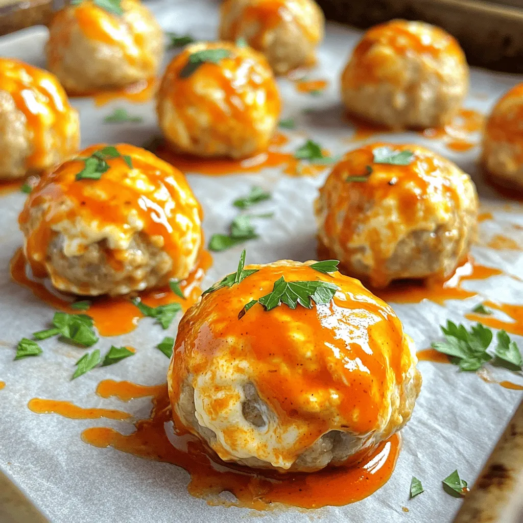 - 1 lb ground chicken - 1/2 cup cream cheese - 1/2 cup buffalo sauce Ground chicken is the star of this dish. It gives the meatballs a light texture and absorbs flavors well. Cream cheese adds a rich, creamy center. Buffalo sauce brings the heat and tang you expect from this dish. - 1/2 cup breadcrumbs - 1/4 cup grated Parmesan cheese - 1/4 cup chopped green onions Breadcrumbs help hold the meatballs together and add a slight crunch. Parmesan cheese gives a savory kick. Green onions add freshness and bright flavor to the mix. - 1 teaspoon garlic powder - 1 teaspoon onion powder - Salt and pepper to taste Garlic powder and onion powder provide depth and warmth. Salt and pepper enhance all the flavors in the meatballs. Make sure to taste as you mix to get it just right. Each ingredient plays a key role in making stuffed buffalo chicken meatballs tasty and satisfying. Adjust these ingredients as needed to suit your taste. 1. Prepping the baking sheet and oven Start by preheating your oven to 400°F (200°C). This heat will help cook the meatballs evenly. While that warms up, line a baking sheet with parchment paper. This will prevent the meatballs from sticking and make cleanup easy. 2. Mixing the meatball ingredients In a large mixing bowl, combine 1 pound of ground chicken, 1/2 cup of breadcrumbs, and 1/4 cup of grated Parmesan cheese. Add in 1 beaten egg and 1/4 cup of chopped green onions. Sprinkle in 1 teaspoon of garlic powder, 1 teaspoon of onion powder, and a pinch of salt and pepper. Mix everything until it’s well combined. 1. Creating the indent for stuffing Take a small handful of the chicken mixture. It should be about the size of a golf ball. Press your thumb into the center to make an indent. 2. Sealing the meatballs In a separate bowl, mix 1/2 cup of softened cream cheese with 1/4 cup of buffalo sauce until it's smooth. Add about a teaspoon of this buffalo cream cheese mixture into the indent you made. Now, carefully seal the chicken mixture around it. Make sure the cream cheese is fully covered. Repeat this process until all the mixture is used. 1. Baking time and temperature Place your stuffed meatballs on the prepared baking sheet. Drizzle a little buffalo sauce over each one for extra flavor. Bake them in the preheated oven for 20 to 25 minutes. 2. Checking for doneness To check if the meatballs are done, look for a golden brown color on the outside. You can also cut one open to ensure the chicken is fully cooked. Once ready, remove them from the oven and let them cool slightly before serving. To make great stuffed buffalo chicken meatballs, focus on texture. First, balance moisture with breadcrumbs. The breadcrumbs soak up excess moisture and keep the meatballs from being too wet. Too few breadcrumbs can lead to a mushy mess. Use the right amount, about half a cup, to keep things just right. Next, mix your ingredients well. This helps the flavors blend. It also ensures even cooking. If you skip this step, the meatballs may cook unevenly. So, take your time when mixing. Want to amp up the flavor? Try different buffalo sauce variations. Some brands are spicy, while others are milder. Experiment to find your favorite. You can also add garlic or onion to the mixture. These ingredients give richness and depth to your meatballs. A teaspoon of garlic powder or onion powder can make a big difference. When it comes to serving, think about dipping sauces. Ranch or blue cheese dressings work great. They cool the heat from the buffalo sauce and add creaminess. You can also pair these meatballs with crunchy veggies like carrots and celery. They add color and freshness to your plate. Serve your stuffed buffalo chicken meatballs hot and enjoy! {{image_2}} You can switch up the stuffing in your meatballs. Instead of cream cheese, try using cheddar cheese. Cheddar melts well and adds a rich taste. You can also add some veggies to the stuffing. Chopped spinach or bell peppers give a nice crunch. They also boost the nutrition of your dish. Not everyone loves spicy food. You can adjust the buffalo sauce to make it milder. Use half the amount or mix it with some ranch dressing. This gives you a nice flavor without the heat. If you want to try a hot sauce substitute, look for mild hot sauces. They can still pack a punch without being too spicy. You don’t have to bake the meatballs always. An air fryer is a great option. It cooks them quickly and makes them crispy. Just set it to 375°F and cook for about 15 minutes. If you love grilling, you can cook these meatballs on the grill. Use skewers to keep them from falling apart. Grilling adds a nice smoky flavor that everyone will enjoy. How long do they last in the fridge? Stuffed buffalo chicken meatballs keep well in the fridge for about 3 to 4 days. Best way to store leftovers? Place them in an airtight container. This keeps them fresh and prevents odors from other foods. Proper freezing method for meatballs? To freeze, let the meatballs cool completely. Then, place them in a single layer on a baking sheet. Freeze them for about 1 hour, then transfer to a freezer-safe bag or container. This helps keep them from sticking together. Thawing and reheating tips? For best taste, thaw in the fridge overnight. You can also use the microwave for quick thawing, but be careful not to cook them. Oven versus microwave for best results? The oven is best for reheating. Preheat it to 350°F (175°C) and bake for about 10-15 minutes. This keeps the meatballs crispy outside. Maintaining meatball texture when reheating? Covering the meatballs with foil while baking helps keep moisture in. This prevents them from drying out. Avoid reheating in the microwave if you want them to stay soft and delicious. Yes, you can! Ground turkey or pork works well. You can also use beef if you like. Just keep in mind that each meat has a different flavor and texture. Adjust your cooking time if you choose a leaner meat like turkey. To keep your meatballs together, use breadcrumbs and an egg. These help bind the mixture. Make sure to mix everything well. Don't overwork the meat, as that can make them tough. If they are still falling apart, add a bit more cream cheese. These meatballs pair great with many sides. Try serving them with celery sticks and ranch or blue cheese dressing. You can also enjoy them on a bed of rice or in a bun for a fun slider. A fresh salad adds a nice touch too! You now know how to make stuffed buffalo chicken meatballs. We covered the key ingredients, from ground chicken to cream cheese. The steps show how to mix, form, and bake them perfectly. Remember, you can tweak the flavor and texture as you like. Try different fillings or sauces to match your taste. With these tips, you will impress everyone at your next meal. Enjoy your cooking adventure!