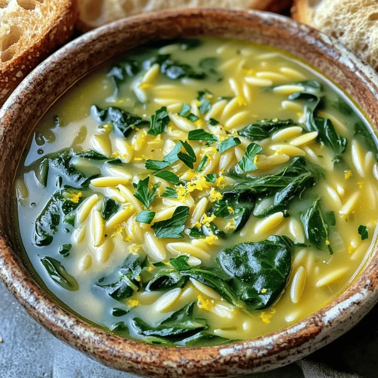 - 1 tablespoon olive oil - 1 small onion, diced - 2 cloves garlic, minced - 4 cups vegetable broth - 1 cup orzo pasta - 2 cups fresh spinach, roughly chopped - 1 medium lemon, juiced and zested - 1 cup heavy cream or coconut cream for a dairy-free option - Salt and pepper to taste - 1 teaspoon dried thyme (or 1 tablespoon fresh thyme) - Fresh parsley, chopped (for garnish) To create this One-Pot Creamy Lemon Spinach Orzo Soup, gather all your ingredients first. This helps you stay organized and makes cooking easier. Start with olive oil. It gives your soup a nice base flavor. Next, you need a small onion and garlic. Dicing the onion and mincing the garlic releases their strong aromas. Vegetable broth is key for a rich taste. Use four cups to ensure your soup stays flavorful. Orzo pasta adds heartiness. It cooks quickly and absorbs the broth well. Fresh spinach brightens the dish. Use about two cups, roughly chopped. The lemon juice and zest give your soup a fresh, tangy kick. For creaminess, add either heavy cream or coconut cream. The choice depends on your diet. Season the soup with salt and pepper. A teaspoon of dried thyme brings depth. Finally, fresh parsley adds color and freshness when you serve. This combination makes a delicious, comforting soup. Each ingredient plays a role, enhancing the overall taste. Start by heating 1 tablespoon of olive oil in a large pot over medium heat. Add 1 small diced onion. Sauté it for about 5 minutes until it turns soft and clear. Next, stir in 2 cloves of minced garlic. Cook for 1 more minute until you smell that lovely garlic scent. Now, pour in 4 cups of vegetable broth. Bring the broth to a boil. This step builds a nice, flavorful base for our soup. Once the broth is boiling, add 1 cup of orzo pasta and 1 teaspoon of dried thyme. Stir everything well. Let it simmer for about 8 to 10 minutes. Stir it occasionally. You want the orzo to be al dente, which means it should have a little bite to it. Keep an eye on the time, as overcooked orzo can turn mushy. When the orzo is cooked, turn the heat down to low. Add 2 cups of roughly chopped spinach, 1 medium lemon's juice, and the zest from that same lemon. Stir this mixture for about 2 to 3 minutes. You want the spinach to wilt down nicely. Now, pour in 1 cup of heavy cream or coconut cream for a dairy-free option. Mix it well and let it heat through for another 2 to 3 minutes. Finally, season the soup with salt and pepper to taste. Adjust it to your liking. Let it sit for a minute to thicken before serving. To make the best soup, start with sautéing. Heat olive oil in your pot. Add diced onion and cook until soft. This takes about five minutes. Then, add minced garlic for a minute. This step builds flavor. When you add orzo, stir it often. This keeps it from sticking to the pot. Cook it until al dente. It should have a slight bite, which takes about eight to ten minutes. If you want a dairy-free soup, use coconut cream. It adds rich flavor and keeps it creamy. You can also use other greens. Kale or Swiss chard work great. They add nutrition and flavor to your soup. For extra flavor, try adding fresh herbs. Basil or dill pairs well with lemon. You can also use a pinch of red pepper flakes for heat. Garnishing makes your dish look pretty. Top each bowl with fresh parsley and lemon zest. This adds color and a fresh burst of flavor. Serve with crusty bread for a full meal experience. {{image_2}} You can make this soup heartier by adding protein. Chicken or shrimp works well. Cook bite-sized pieces in the pot before adding the broth. This ensures they soak up all the flavor. For a vegetarian option, try chickpeas or lentils. These add texture and protein without meat. Herbs can change the flavor of your soup. Try adding fresh basil or dill. These herbs bring a nice twist to the lemon taste. If you want some heat, add a pinch of red pepper flakes or cayenne. This gives the soup a warm kick. The broth you use can change the soup’s taste. Chicken broth adds rich flavor. It pairs well with the creamy lemon. If you want a lighter soup, use water or low-sodium broth. This keeps it fresh and bright without being too heavy. To store your soup leftovers, let it cool to room temperature. Next, pour the soup into a container with a tight-sealing lid. I recommend using glass or BPA-free plastic containers. These types keep the soup fresh and make reheating easy. Make sure to store it in the fridge within two hours of cooking. If you want to freeze your orzo soup, do so in an airtight container. I like to use freezer-safe bags for easy storage. Leave some space at the top for expansion. To thaw, place the soup in the fridge overnight or use the microwave. When reheating, warm it slowly on the stove over low heat. You may need to add a splash of broth or water to help it return to the right consistency. In the fridge, this soup lasts about 3 to 4 days. If you freeze it, it can last up to 3 months. Always check for any off smells or changes in texture before eating. With these tips, you can enjoy your One-Pot Creamy Lemon Spinach Orzo Soup at your own pace! To make this soup, start by heating olive oil in a pot. Add diced onion and sauté until soft. Next, stir in minced garlic for a minute. Pour in vegetable broth and bring to a boil. Add orzo pasta and thyme, cooking until the orzo is firm. Lower the heat, then mix in spinach and lemon juice. Finally, stir in the cream and season with salt and pepper. Let it sit briefly before serving. Yes, you can use whole wheat orzo. It has a slightly nuttier flavor. The texture will be a bit firmer than regular orzo. This change can make the soup more hearty. Whole wheat orzo may also need a few extra minutes to cook. Keep an eye on it so it doesn’t get mushy. This soup pairs well with crusty bread or a fresh salad. A simple green salad with lemon vinaigrette complements the soup's flavors. You could also add a side of garlic bread for a tasty treat. For a lighter option, serve with sliced cucumbers or cherry tomatoes. Each of these sides enhances the soup experience! This blog post outlined how to make a tasty One-Pot Creamy Lemon Spinach Orzo Soup. We covered the key ingredients, from olive oil to fresh parsley. I shared easy steps for cooking, plus helpful tips to perfect your dish. You learned about variations, storage, and common questions. Enjoy making this soup for a cozy meal! With a few simple steps, you’ll create a dish that warms both body and soul. Happy cooking!