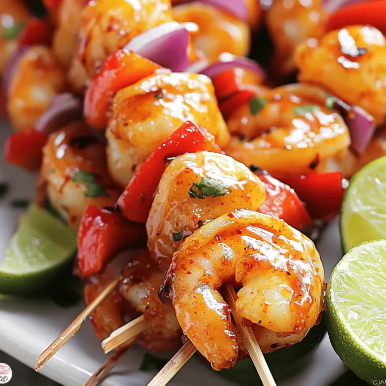 - 1 lb large shrimp, peeled and deveined - 1/4 cup sweet chili sauce - 2 tablespoons fresh lime juice - 1 tablespoon lime zest - 2 cloves garlic, minced - 1 teaspoon fresh ginger, grated - 1 tablespoon olive oil - Salt and pepper to taste - 1 bell pepper (red, yellow, or green), cut into chunks - 1 red onion, cut into chunks - Skewers (wooden or metal) To make the best Sweet Chili Lime Shrimp Skewers, you need fresh and quality ingredients. Start with large shrimp. They should be peeled and deveined to save prep time. The sweet chili sauce gives a nice balance of sweetness and heat. Fresh lime juice and lime zest add bright flavors. Garlic and ginger enhance the taste and aroma. Olive oil helps the marinade stick to the shrimp. You can choose any bell pepper color you like. Each adds a bit of crunch and sweetness. The red onion gives a great bite and color to the skewers. If you use wooden skewers, soak them in water first. This prevents burning on the grill. Gather these ingredients before you start. It makes cooking easier and more fun! - In a medium bowl, add sweet chili sauce, lime juice, lime zest, minced garlic, grated ginger, olive oil, salt, and pepper. - Mix until well blended. You want the flavors to combine fully. - Add the shrimp to the marinade. Make sure to coat the shrimp evenly. - Cover the bowl and refrigerate for 30 minutes to 1 hour. This helps the shrimp soak in all the good flavors. - If you use wooden skewers, soak them in water for at least 20 minutes. This prevents burning on the grill. - Preheat your grill or grill pan over medium-high heat. A hot grill gives the shrimp a nice char. - Thread the marinated shrimp, bell pepper chunks, and onion chunks onto the skewers. Alternate the shrimp and veggies for a colorful look. - Once the grill is hot, place the skewers on it. Cook for about 2-3 minutes per side. The shrimp should turn pink and opaque. - Brush the skewers with any leftover marinade while grilling for extra flavor. Enjoy! - For this recipe, use large shrimp. They cook well and have a great taste. - Look for shrimp that are firm and pink. They should smell like the ocean, not fishy. - If you can, buy shrimp that are wild-caught. They often taste better. - You can adjust the marinade. Add more lime juice for tang or extra chili sauce for spice. - Fresh herbs like cilantro or parsley can add a nice touch. They brighten the dish. - Try adding a pinch of red pepper flakes for heat. It gives a nice kick to each bite. - Grilling is the best method. It gives shrimp a nice char and smoky flavor. - If you don’t have a grill, you can bake them at 400°F for about 10 minutes. - Cook shrimp until they turn pink and opaque. This usually takes 2-3 minutes per side on the grill. {{image_2}} You can swap shrimp for chicken or tofu. Both options work well. For chicken, use boneless thighs or breasts, cut into bite-size pieces. Marinate them the same way as shrimp. Adjust cooking times to about 5-7 minutes per side on the grill. Tofu needs a bit longer to absorb flavors. Use firm tofu and press it before marinating. Cook it for about 3-4 minutes on each side. Feel free to mix in other veggies. Zucchini, cherry tomatoes, or mushrooms add great flavor. You can also use seasonal veggies. In summer, try corn or asparagus. In fall, butternut squash or Brussels sprouts work nicely. Just cut them into similar sizes for even cooking. Want a spicy kick? Add chili flakes or diced jalapeños to the marinade. This gives the skewers a nice heat. If you prefer a sweeter flavor, increase the sweet chili sauce. You can also add a touch of honey for more sweetness. For a tangy twist, add extra lime juice. Adjust these flavors to fit your taste! To keep your Sweet Chili Lime Shrimp Skewers fresh, follow these tips: - Place leftovers in an airtight container. - Refrigerate within two hours of cooking. - Consume within two days for best taste. Using a glass or plastic container will help keep them safe and fresh longer. When it’s time to enjoy leftovers, you have two great options: - Microwave: Heat skewers on a microwave-safe plate. Cover with a damp paper towel to trap steam. Heat for 30-second bursts until warm. - Oven: Preheat the oven to 350°F. Place skewers on a baking sheet. Heat for about 10 minutes, turning halfway through. This helps keep the shrimp juicy and tasty. Avoid overcooking, as it can dry them out. If you need to store skewers for a longer time, freezing works well: - How to freeze: Wrap the skewers tightly in plastic wrap. Then place them in a freezer bag. Remove as much air as possible to prevent freezer burn. - Thawing methods and tips: For best results, thaw in the fridge overnight. If you’re short on time, you can use the microwave on a defrost setting. This method keeps the shrimp safe and keeps the flavors intact. Enjoy your meal anytime! You should marinate the shrimp for 30 minutes to 1 hour. This time allows the shrimp to soak up the sweet chili sauce, lime juice, and spices. For the best taste, cover the shrimp in the marinade. This helps the shrimp absorb all those great flavors. If you leave them too long, the shrimp can get mushy. So, stick to this time for juicy, flavorful shrimp. Yes, you can prepare these skewers ahead of time. You can marinate the shrimp and cut the veggies a few hours before you plan to cook. Store the marinated shrimp in the fridge. Keep the veggies separate until you are ready to grill. This keeps everything fresh and tasty. When you are ready, just thread them onto the skewers and grill. These skewers pair well with many side dishes. You can serve them with rice, quinoa, or a fresh salad. A crisp cucumber salad adds a nice crunch. Grilled corn on the cob or garlic bread also makes a great side. If you want to add some heat, spicy dipping sauces work well too. Just think of what you love! In this article, we explored how to make Sweet Chili Lime Shrimp Skewers. You learned about key ingredients, preparation steps, and grilling tips. We also discussed how to select fresh shrimp and suggested ways to customize your skewers. Remember, grilling is fun and opens new taste experiences. Use these tips to create your special dish. Enjoy cooking and impress yourself and others with your skills!