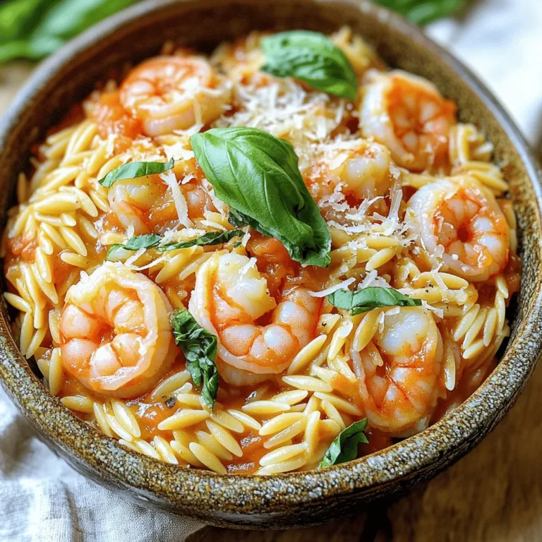 To make this creamy tomato garlic shrimp orzo, gather these fresh ingredients: - 1 cup orzo pasta - 1 pound shrimp, peeled and deveined - 1 can (14 oz) diced tomatoes, undrained - 4 cloves garlic, minced - 1 cup heavy cream - 2 tablespoons olive oil - 1 teaspoon red pepper flakes (optional) - Salt and pepper to taste - Fresh basil leaves, for garnish - Grated Parmesan cheese, for serving Using fresh ingredients makes the dish pop. The shrimp and garlic give strong flavors. Fresh basil adds a nice touch. However, you can use pantry items too. Canned tomatoes and orzo are great staples. Heavy cream often lasts long in the fridge. It’s smart to keep these handy. If you need substitutes, don’t worry! Here are some quick ideas: - Orzo: Use any small pasta shape like ditalini or couscous. - Shrimp: Chicken or tofu works well if you want a change. - Heavy cream: Use half-and-half or a non-dairy cream for a lighter option. - Fresh basil: Dried basil can replace fresh, but use less. - Red pepper flakes: If you want no heat, skip them altogether. These swaps keep the dish tasty while fitting your needs! To start, fill a pot with water and add salt. Bring the water to a boil. Once boiling, add 1 cup of orzo pasta. Cook it based on the package instructions, usually about 8 to 10 minutes. Stir the orzo occasionally to prevent sticking. When it’s done, drain the pasta in a colander and set it aside. Next, grab a large skillet and heat 2 tablespoons of olive oil over medium heat. Add 4 cloves of minced garlic to the oil. Sauté it for about 30 seconds until it smells great. Now, add 1 pound of shrimp to the skillet. Sprinkle salt, pepper, and 1 teaspoon of red pepper flakes if you want some heat. Cook the shrimp for 2 to 3 minutes. They should turn pink and opaque. After that, pour in a can of undrained diced tomatoes. Stir everything together and let it simmer for 2 minutes. Lower the heat and add 1 cup of heavy cream slowly. Stir to mix well. Let it simmer for 2 to 3 more minutes until the sauce becomes creamy. Now it’s time to put it all together! Take the cooked orzo and add it to the skillet. Stir well to coat the pasta in the creamy tomato sauce. Taste it and adjust the seasoning if needed. Finally, remove the skillet from the heat. Serve your creamy tomato garlic shrimp orzo hot. Garnish it with fresh basil leaves and a sprinkle of grated Parmesan cheese for extra flavor. Enjoy your meal! To boost the flavor of your creamy tomato garlic shrimp orzo, use fresh herbs. Fresh basil adds a bright touch at the end. You can also sprinkle in some lemon zest for a zesty kick. If you like heat, adjust the red pepper flakes. Add more or less to fit your taste. A splash of white wine can deepen the flavor, too. Cook shrimp quickly for the best texture. They only need 2-3 minutes on medium heat. Make sure they turn pink and opaque. Avoid overcooking them; they can become rubbery fast. Use a hot skillet to get a nice sear on the shrimp. This adds flavor and a pleasing look to your dish. For a rich and creamy sauce, slowly add the heavy cream. Stir gently to blend it well. If the sauce feels too thick, add a splash of pasta water. This keeps it smooth and helps the sauce cling to the orzo. Taste as you go. Adjust salt and pepper to get the perfect balance. {{image_2}} You can easily boost the nutrition of this dish. Adding vegetables makes it colorful and tasty. Spinach is a great choice. You can toss in fresh spinach at the end of cooking. It wilts quickly and adds a nice touch. You might also try bell peppers. Chop them small and add them with the garlic. They will soften and blend well into the sauce. Zucchini is another option. Just slice it thin and stir it in while cooking the shrimp. Adding vegetables not only makes the dish healthier, but it also gives more flavor and texture. If you like heat, you can spice this dish up. The recipe calls for red pepper flakes. You can adjust the amount to your taste. If you want it hotter, add more. For a milder flavor, leave out the red pepper flakes. You can add a touch of lemon juice after cooking. This adds brightness without the heat. Experiment with different spices too. Smoked paprika or cayenne pepper can bring more warmth without being too spicy. You can easily make this dish vegan and dairy-free. First, swap the shrimp for a plant-based protein. Chickpeas work great and add a nice texture. Instead of heavy cream, use coconut cream or cashew cream. These will give you the same richness. You can find these at most grocery stores. Don't forget to check for the right pasta! Make sure your orzo is egg-free. Many brands offer vegan orzo options, making it easy to enjoy this dish in a new way. To keep your creamy tomato garlic shrimp orzo fresh, store it in an airtight container. Make sure the dish cools down to room temperature before sealing. This helps keep moisture out and prevents spoilage. Leftovers last for up to three days in the fridge. Always label your container with the date so you know when you made it. When you're ready to enjoy your leftovers, reheat them on the stove for the best taste. Use a skillet and add a splash of water or cream to keep it moist. Heat over medium-low heat, stirring often. You can also use a microwave. Place the orzo in a microwave-safe bowl, cover it, and heat in short bursts. Stir in between to ensure even warming. If you want to store your shrimp orzo for later, freezing is a great option. Place the cooled dish in a freezer-safe container. Make sure to leave some space at the top for expansion. Your dish will stay good for about two months in the freezer. To thaw, move it to the fridge the night before you plan to eat it. Reheat it as mentioned earlier for the best flavor and texture. You can tell when shrimp is cooked by looking at its color. Cooked shrimp turns pink and opaque. It usually takes about 2-3 minutes in the skillet. If the shrimp is still gray and translucent, it needs more time. Always check that it is firm to the touch. Avoid overcooking, as it can become rubbery. Yes, you can use other pasta shapes if you want. Orzo is fun and quick, but other types work too. Small pasta shapes like penne or farfalle are great choices. Just adjust the cooking time based on the type you pick. Make sure it cooks al dente for the best texture. To make it ahead, cook the orzo and shrimp separately. Store them in the fridge. You can combine them with the sauce just before serving. This keeps everything fresh and tasty. You can also reheat it gently on the stove. Add a splash of cream to bring back the creaminess. This blog covered the key ingredients, steps, and tips for making a delicious shrimp dish. You learned how to choose fresh ingredients, enhance flavor, and store leftovers. Remember, cooking is about experimenting with flavors and textures. Try different variations to match your taste. By following these tips, you can create a tasty meal every time. Enjoy your cooking journey and keep exploring new recipes with confidence.