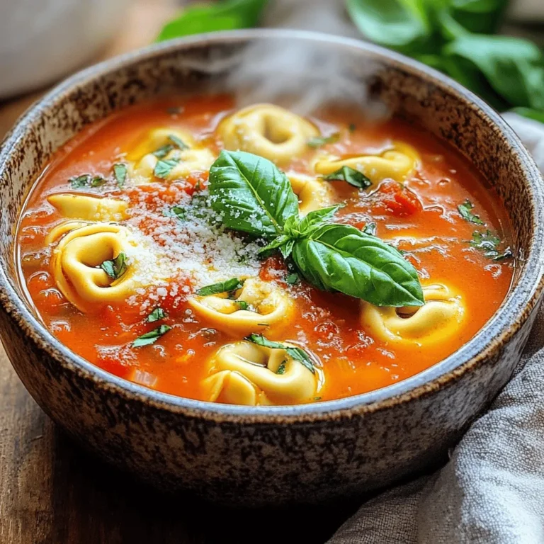 To make Creamy Tomato Basil Tortellini Soup, gather these ingredients: - 2 cups tortellini (fresh or frozen) - 1 tablespoon olive oil - 1 medium onion, diced - 3 cloves garlic, minced - 1 can (28 oz) crushed tomatoes - 4 cups vegetable broth - 1 teaspoon dried basil - 1 teaspoon dried oregano - 1 cup heavy cream (or coconut cream for a lighter option) - Salt and pepper to taste - Fresh basil leaves for garnish - Grated Parmesan cheese for serving (optional) Garnishes can elevate your soup. Consider these options: - Fresh basil leaves for a burst of flavor. - Grated Parmesan cheese adds a rich, salty taste. - A drizzle of olive oil for a finishing touch. If you lack some ingredients, try these swaps: - Use any small pasta if you can’t find tortellini. - Swap olive oil for butter for a different flavor. - Chicken broth can replace vegetable broth for deeper taste. - Coconut cream can stand in for heavy cream to make it lighter. - Fresh herbs can replace dried ones if you have them on hand. These ingredients and options make this soup easy to prepare and customize! Start by heating 1 tablespoon of olive oil in a large pot over medium heat. Once hot, add 1 medium diced onion. Sauté it for about 5 to 7 minutes, until it turns translucent. This step builds a rich base for our soup. Next, add 3 minced garlic cloves. Sauté for another 1 to 2 minutes, just until the garlic smells yummy. Now, pour in 1 can (28 oz) of crushed tomatoes. Add 4 cups of vegetable broth to the pot. Stir them together well. This mix is the heart of your soup. Bring it to a gentle simmer. Add 1 teaspoon of dried basil and 1 teaspoon of dried oregano. Season with salt and pepper to taste. Let this simmer for about 15 minutes to help the flavors blend. It’s time to add the star of the dish—2 cups of tortellini. If you use fresh tortellini, cook them for about 3 to 5 minutes. If they are frozen, let them cook for 7 to 10 minutes. Stir gently to avoid breaking them. Once they are tender, lower the heat and slowly stir in 1 cup of heavy cream. Mix until everything is combined. Heat it through for about 2 to 3 minutes, but be careful not to let it boil. Taste, and adjust the seasoning if needed. Your creamy tomato basil tortellini soup is now ready to serve! To boost the flavor, try adding fresh herbs. Fresh basil or thyme can make a big difference. You can also use garlic powder for extra depth. For a spicy kick, add red pepper flakes. This soup is great with a squeeze of lemon juice. It brightens the taste and adds freshness. If your soup is too thick, add more broth. If it's too thin, let it simmer longer. Taste often to adjust the salt and pepper. If you find it bland, fresh herbs or a splash of vinegar can help. For a creamier texture, blend a portion of the soup and mix it back in. Serve the soup with crusty bread for dipping. A side salad pairs well, too. For added richness, top it with grated Parmesan cheese. You can also sprinkle fresh basil leaves for color. This soup tastes even better the next day, so enjoy the leftovers! {{image_2}} To make a vegan version of creamy tomato basil tortellini soup, I swap heavy cream for coconut cream. It brings richness without dairy. I also use vegetable broth instead of chicken broth for a fully plant-based dish. Just be sure to check the tortellini package for dairy ingredients. Some brands offer vegan tortellini made from plant-based ingredients. This change keeps the soup creamy and satisfying. While tortellini shines here, you can use other pasta types. Shells or small penne work great. They soak up the soup's flavors well. Cook them according to the package instructions. Keep an eye on cooking times, as they may differ from tortellini. A fun twist is to use whole wheat or gluten-free pasta. These options add extra nutrition and cater to dietary needs. Adding seasonal veggies can enhance this soup’s flavor and nutrition. In spring, try fresh peas and asparagus for a pop of green. In fall, add diced butternut squash or kale. These veggies blend well with the creamy base. Chop them small so they cook evenly. Simply stir them in when you add the tortellini. This way, you enjoy a colorful and nutrient-rich bowl of soup. You can store your creamy tomato basil tortellini soup in the fridge. First, let it cool. Then, place it in an airtight container. It stays fresh for up to three days. Make sure to label the container with the date you made it. This way, you won’t forget when you made it. If you want to save some for later, freezing is a good option. Pour the cooled soup into freezer-safe bags or containers. Leave some space at the top for expansion. It can last in the freezer for up to three months. When you’re ready to eat, just take it out and thaw it overnight in the fridge. Reheating this soup is easy! Pour the soup into a pot over low heat. Stir it often to keep it from sticking. If the soup is too thick, add a bit of vegetable broth or water. You can also reheat it in the microwave. Just heat it in 30-second bursts, stirring in between. Enjoy it warm, just like the first day! Yes, you can use dried tortellini in this soup. Just remember, cooking time will change. Dried tortellini usually needs more time to cook. Check the package for exact times. Typically, it takes about 10 to 12 minutes. Add it to the soup after simmering the tomatoes and broth. This way, the flavors blend well. If you want a lighter option, use coconut cream. It gives a nice flavor and keeps it creamy. You can also use half-and-half or whole milk. Both will work but will be less rich. For a dairy-free version, try almond milk or cashew cream. These options help keep the soup smooth. This soup can last for about three to four days in the fridge. Make sure to store it in an airtight container. When you reheat, do so gently on low heat. Avoid boiling, as it may affect the creaminess. If you add fresh tortellini, it may not keep as long. Check for freshness before eating. This blog post covered key elements of making a tasty tortellini soup. We explored ingredients, step-by-step instructions, and helpful tips. I shared ways to enhance flavors and fix common problems. You also learned about storage and possible variations, including vegan options. In my view, this soup is easy to make and fun to customize. With simple steps, anyone can enjoy a warm bowl. Dive in and try your own version!
