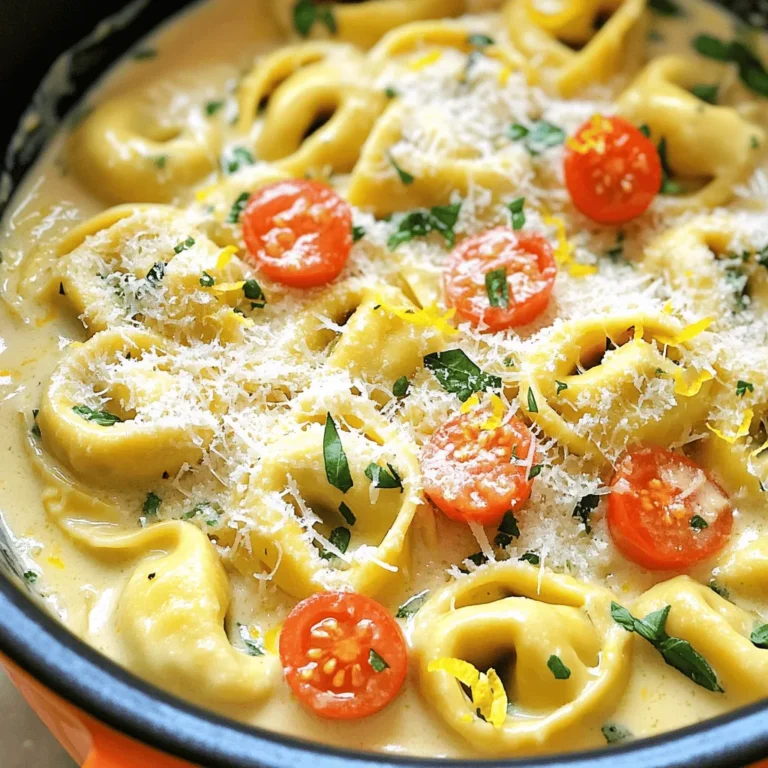 - 12 oz cheese tortellini (fresh or frozen) - 2 tablespoons olive oil - 3 cloves garlic, minced - 1 cup heavy cream - Zest of 1 lemon - Juice of 1 lemon - 1 cup fresh basil leaves, chopped - ½ cup grated Parmesan cheese - Cherry tomatoes (optional) The main ingredients for this dish start with cheese tortellini. You can use fresh or frozen. The choice is yours! Next, we have olive oil and garlic. They give great flavor right from the start. The sauce needs heavy cream to make it rich and smooth. The zest and juice of one lemon add a bright and fresh taste. This combination of flavors is key to making the dish stand out. For garnishes, fresh basil leaves bring a lovely aroma and taste. Grated Parmesan cheese adds a salty, nutty flavor. If you want an extra pop, halved cherry tomatoes make a perfect addition. They add color and sweetness to the plate. By mixing these ingredients, you'll create a dish that's creamy and full of flavor. It's sure to please everyone at your table! - Heat 2 tablespoons of olive oil in a large pot over medium heat. - Add 3 cloves of minced garlic and sauté for 1 minute. The garlic should smell great, but don’t burn it! - Pour in 1 cup of heavy cream and let it come to a gentle simmer. - Stir in the zest and juice of 1 lemon. This gives the sauce a bright flavor. - Now, add 12 oz of cheese tortellini to the pot. Stir gently to coat the pasta. - Cook for 3-5 minutes if using fresh tortellini, or until heated through if frozen. - Add 1 cup of chopped fresh basil and ½ cup of grated Parmesan cheese. Mix until the cheese melts and the sauce is creamy. - If the sauce seems thick, add a splash of water to reach the right consistency. - Taste the sauce and adjust seasoning with salt and pepper. - If you like, add halved cherry tomatoes for extra color and flavor. - Serve warm, and don’t forget to garnish with more basil and Parmesan! How to prevent overcooking tortellini To avoid overcooking tortellini, follow the package instructions. Fresh tortellini cooks fast, usually in about 3 to 5 minutes. Keep an eye on it. Taste one piece to check if it’s done. It should be tender but still firm. Adjusting sauce thickness If your sauce becomes too thick, don't worry! Just add a splash of water or more cream. Stir it well until you reach your desired thickness. This helps keep the dish creamy and smooth. Adding spices for extra flavor To boost flavors, consider adding spices. A pinch of red pepper flakes adds heat. Italian seasoning can bring even more depth. Add these when you mix the tortellini into the sauce. Using other cheese varieties Parmesan is great, but other cheeses work too! Try using mozzarella or goat cheese for a different taste. Mixing cheeses can create a rich, complex flavor in your dish. Pairing with side dishes This dish pairs well with a simple green salad. You can also serve garlic bread on the side for a nice crunch. These sides balance the creamy pasta and add freshness. Best accompaniments for the meal Top your tortellini with extra basil or lemon zest before serving. You can also add cherry tomatoes for color. These garnishes make the dish look beautiful and enhance the flavor. {{image_2}} For those needing gluten-free options, use gluten-free tortellini. Many brands offer tasty choices made from rice or corn. This swap keeps the dish safe and delicious for everyone. If you want a dairy-free version, try coconut cream or cashew cream. Both options add a rich texture without dairy. Just be sure to adjust the seasoning to balance the flavors. You can mix in other vegetables for extra color and nutrition. Spinach, peas, or bell peppers work well in this creamy dish. Just add them to the pot when you cook the tortellini. Feel free to switch up the pasta type too. You can use penne, farfalle, or any shape you enjoy. Each type offers a unique texture that changes the dish. To add protein, consider chicken or shrimp. Simply sauté them in the olive oil before adding the garlic. This adds a hearty touch that makes the meal more filling. Don't forget to experiment with herbs and spices. Adding red pepper flakes gives heat, while oregano or thyme adds depth. Play around to find your favorite blend! To store leftovers, let the dish cool down first. Once it’s cool, place the tortellini in an airtight container. This keeps it fresh for up to three days. Make sure to seal the container tightly to prevent air from getting in. If you want to save some, do not mix in the garnishes like tomatoes or basil until you are ready to eat again. When you’re ready to eat, you can reheat the tortellini on the stove or in the microwave. For stove reheating, put it in a pan over low heat. Add a splash of cream or water to help loosen the sauce. Stir gently until warm. If using a microwave, heat in short bursts of 30 seconds. Stir in between to make sure it heats evenly. If you want to freeze the dish, make sure it’s completely cool. Portion the tortellini into freezer-safe bags or containers. Press out as much air as you can before sealing. This helps prevent freezer burn. You can freeze it for up to two months. To thaw, move it to the fridge for a few hours or overnight. Reheat it on the stove or microwave as I mentioned earlier. Can I use frozen tortellini for this recipe? Yes, you can use frozen tortellini. Just add it straight to the sauce. Cook it for 3–5 minutes until it's heated through. This saves time and makes it easy for busy cooks. How do I store leftover creamy lemon basil tortellini? Store leftovers in an airtight container. Keep it in the fridge for up to three days. When you're ready to eat, reheat it gently on the stove or in the microwave. What can I substitute for heavy cream? You can use half-and-half or whole milk. For a lighter option, use Greek yogurt mixed with a bit of milk. These swaps keep the dish creamy without too many calories. Is there a vegan version of this dish? Yes! Replace cheese tortellini with a vegan version. Use coconut cream or cashew cream instead of heavy cream. Nutritional yeast can add a cheesy flavor without dairy. What is the calorie count per serving? This dish has about 500 calories per serving. This number can vary based on the tortellini and any extra ingredients you add. Can this recipe be made healthier? Absolutely! Use whole grain tortellini for more fiber. Add extra veggies like spinach or zucchini for nutrition. You can reduce the amount of cheese for fewer calories as well. This blog post showed you how to create a creamy lemon basil tortellini dish. We covered key ingredients, easy steps, and helpful tips. You learned about variations to fit various diets and how to store leftovers. Remember, cooking can be fun and easy with the right guidance. Experiment with flavors to make the dish your own. Enjoy your tasty meal, and don't hesitate to share your results! Your kitchen creations may inspire others too.