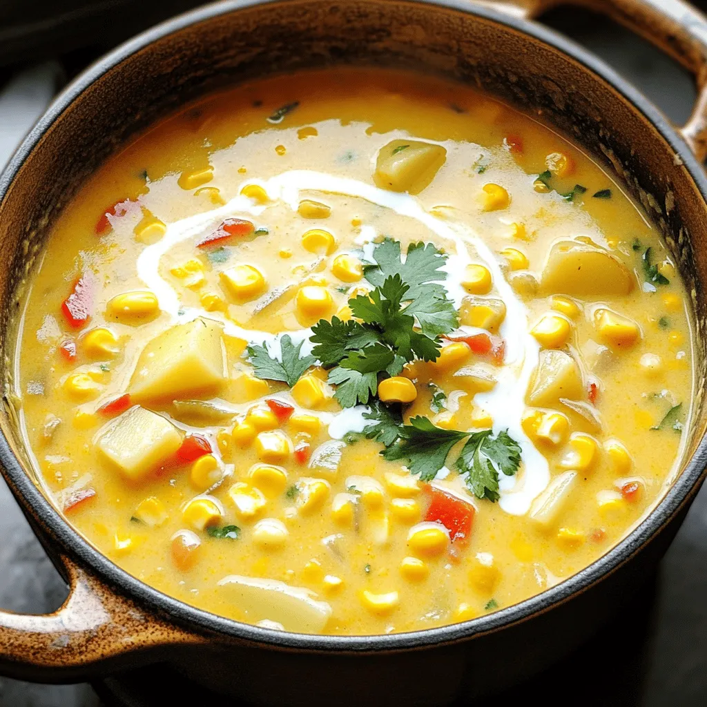 For the best chowder, I love using fresh corn kernels. They add a sweet, juicy flavor. You can use about 4 cups of corn. If fresh corn isn’t available, frozen corn works just as well. Just be sure to thaw it before adding it to the pot. The base of this chowder includes some simple veggies. You need: - 1 medium onion, diced - 2 cloves garlic, minced - 2 medium potatoes, peeled and diced - 1 small red bell pepper, diced The onion gives a nice flavor, while garlic adds depth. Potatoes help thicken the chowder. The red bell pepper brings a pop of color and sweetness. To make the chowder flavorful, add these seasonings: - 3 cups vegetable broth - 1 cup heavy cream (or coconut cream for a dairy-free option) - 1 teaspoon smoked paprika - 1 teaspoon thyme - Salt and pepper to taste - 2 tablespoons olive oil The broth serves as the soup's base. Cream makes it rich and smooth. Smoked paprika adds a hint of smokiness. Thyme brings an earthy taste, and salt and pepper enhance all the flavors. Olive oil is perfect for sautéing the veggies. Gather these ingredients, and you're ready to make a warm, creamy corn chowder that's simple and satisfying! Start by heating two tablespoons of olive oil in a large pot over medium heat. Once hot, add the diced onion. Sauté the onion for about five minutes. You want it to turn soft and translucent. Next, stir in two minced garlic cloves and one diced red bell pepper. Cook this mix for two more minutes. You will smell a lovely aroma! Now, it’s time to add the diced potatoes. Pour in three cups of vegetable broth. Bring the mix to a gentle boil. Once it boils, reduce the heat and let it simmer. Cook for about 15 minutes, until the potatoes are tender. After that, stir in four cups of corn kernels. Add one teaspoon of smoked paprika, one teaspoon of thyme, and salt and pepper to taste. Let the chowder simmer for another five minutes. The flavors will meld beautifully. To make it creamy, use an immersion blender. Blend for one to two minutes. This gives you a nice texture while keeping some corn and potato chunks. If you don’t have an immersion blender, pour some chowder into a regular blender. Blend until smooth, then return it to the pot. Finally, stir in one cup of heavy cream. Heat it through, but do not let it boil. Adjust the seasoning with more salt and pepper if needed. Enjoy your creamy corn chowder! When it comes to corn, fresh is best. I love using fresh corn kernels. They add a sweet and crisp bite. If fresh corn is not available, frozen corn works well too. It is easy to store and quick to use. Always check the label to ensure it has no added sugars or preservatives. You can adjust the thickness of your chowder easily. For a thicker chowder, blend more of the soup. Use an immersion blender and blend for a longer time. For a thinner chowder, add more vegetable broth or cream. This lets you customize it to your taste. To boost the flavor, add herbs or spices. I love using smoked paprika; it adds a nice depth. Fresh herbs like cilantro or parsley also brighten the dish. You can also try a squeeze of lime for extra zing. Taste as you go to find the perfect balance. {{image_2}} You can easily make this chowder dairy-free. Swap the heavy cream for coconut cream. It gives a lovely richness and a hint of sweetness. Use the same amount, one cup, to keep the texture. The coconut flavor blends well with corn. If you want more creaminess, add a bit of cashew cream or blended silken tofu. Want to make your chowder heartier? Add protein! Cooked bacon or diced ham brings a nice smoky flavor. For a lighter option, try shredded rotisserie chicken. If you're plant-based, add black beans or chickpeas. Stir in about one cup of your choice when you add corn. This boosts nutrition and makes your meal more filling. If you enjoy a kick, make a spicy corn chowder. Add diced jalapeños or a pinch of cayenne pepper. Sauté the jalapeños with the onions for the best flavor. You can also top your chowder with hot sauce before serving. This adds heat and flavor. Adjust spice levels to fit your taste. After making creamy corn chowder, let it cool. Store it in an airtight container. It will stay fresh for up to four days in the fridge. Always label your container with the date. This way, you know when to enjoy it. If you want to keep chowder longer, freezing is a great option. Use freezer-safe containers or bags. Make sure to leave some space for expansion. Creamy corn chowder can last up to three months in the freezer. When ready to eat, thaw it in the fridge overnight before reheating. To reheat, pour the chowder into a pot. Heat it on low to medium heat. Stir it often to avoid burning. If the chowder is too thick, add a splash of broth or water. Heat until it is warmed through. Enjoy your creamy corn chowder just like the first time! Yes, you can use frozen corn. It saves time and is easy to use. Just add it straight into the pot when the recipe calls for fresh corn. Frozen corn is sweet and tasty too, so your chowder will still be delicious! Creamy corn chowder lasts about 3 to 4 days in the fridge. Make sure to store it in an airtight container. When you want to eat it again, just reheat it on the stove or in the microwave until warm. Creamy corn chowder pairs well with many side dishes. Here are some tasty options: - Crusty bread or rolls for dipping - A simple green salad for a fresh crunch - Grilled cheese sandwiches for a classic combo - Cornbread for a sweet touch Explore these sides to make your meal even more enjoyable! This blog post covered how to make creamy corn chowder with fresh ingredients and simple steps. We discussed the all-important flavors from corn, vegetables, and broth, plus useful tips for a great dish. You can easily make it dairy-free or add protein for variety. I shared ways to store and reheat your chowder so it stays tasty. By following these steps and tips, you're set to impress with your own delicious chowder. Enjoy your cooking journey!