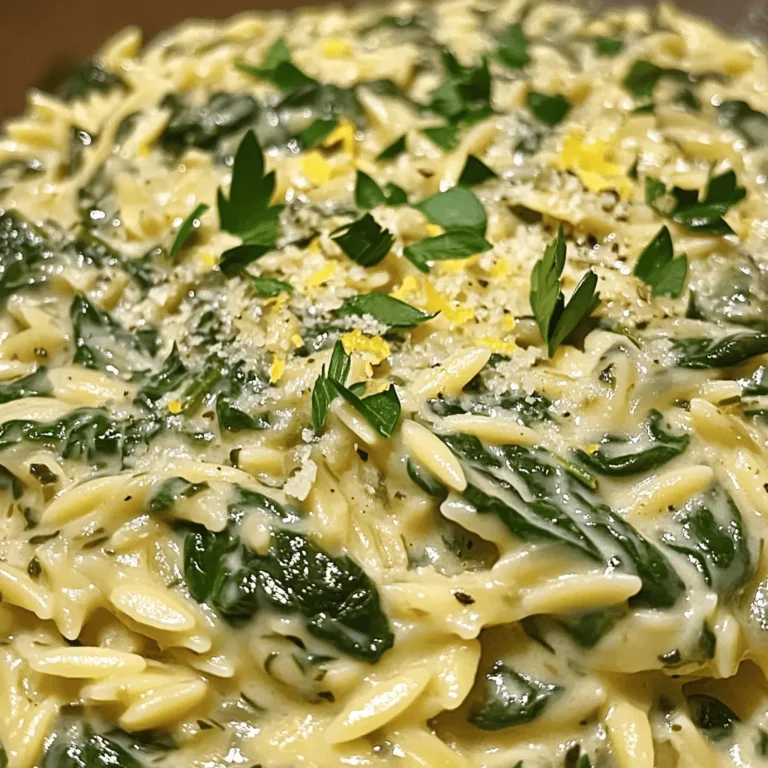 To make Creamy Garlic Spinach Orzo, you need just a few simple ingredients. Here’s what you will need: - 1 cup orzo pasta - 2 tablespoons olive oil - 3 cloves garlic, minced - 4 cups fresh spinach, roughly chopped - 1 cup heavy cream - 1/2 cup vegetable broth - 1/2 cup grated Parmesan cheese - Salt and pepper to taste - Zest of 1 lemon - 1/4 teaspoon red pepper flakes (optional) - Fresh parsley, chopped for garnish Each ingredient plays a key role in this dish. The orzo pasta gives a delightful texture. Olive oil adds richness, while garlic brings a bold, aromatic flavor. Fresh spinach not only adds color but also boosts nutrition. Heavy cream creates that creamy base, and vegetable broth enhances the taste. Parmesan cheese melts beautifully, adding depth and umami. Lemon zest brightens the dish, making every bite refreshing. Red pepper flakes can add a hint of spice for those who like it hot. Lastly, fresh parsley provides a pop of color and a fresh taste. Gather these ingredients, and you are ready to create a delicious meal. To boil orzo pasta effectively, start with a large pot of salted water. Bring the water to a rolling boil. Add 1 cup of orzo pasta and stir gently. Cook it according to the package instructions, usually around 8-10 minutes. You want the orzo to be al dente, which means it should still have a slight bite. Once cooked, drain and set the orzo aside. For perfect sautéing, heat 2 tablespoons of olive oil in the same pot over medium heat. Add 3 cloves of minced garlic and sauté for about 1 minute. Watch closely to avoid burning the garlic. Once fragrant, add 4 cups of roughly chopped spinach. Sauté, stirring often, until the spinach wilts, which takes about 2-3 minutes. The heat brings out the flavor in the garlic and spinach. Pour in 1 cup of heavy cream and 1/2 cup of vegetable broth. Stir well to combine the ingredients. Bring the mixture to a gentle simmer. Next, add the cooked orzo and 1/2 cup of grated Parmesan cheese. Season with salt, pepper, and 1/4 teaspoon of red pepper flakes if you like some heat. Mix everything well until it becomes creamy. Finally, remove from heat and add zest from 1 lemon to brighten the dish. Adjust seasonings if needed, and serve immediately with fresh parsley on top. To avoid overcooked orzo, follow the package's cooking time closely. Stir the pasta while it cooks. This helps it cook evenly and prevents sticking. When you drain the orzo, do not rinse it. Rinsing removes the starch that helps sauces cling. Lemon zest adds a bright kick to the dish. It enhances the creamy flavor and balances richness. Just a little zest goes a long way in lifting the taste. For pairing, serve Creamy Garlic Spinach Orzo with grilled chicken or shrimp. This adds protein and makes the meal more filling. You can also add a side salad for freshness. Garnish with fresh parsley on top. The green color makes the dish pop. You can also add a sprinkle of red pepper flakes for a spicy touch. Timing is key when cooking. Add the spinach after the garlic is fragrant. This ensures the spinach wilts without losing nutrients. Adjust seasoning after mixing in cheese and cream. Taste before serving. This way, you can add more salt or pepper if needed. {{image_2}} You can add fun ingredients to make Creamy Garlic Spinach Orzo even better. Try sun-dried tomatoes for a sweet twist. They add a rich flavor that pairs well with garlic. Artichokes are another great choice. They bring a lovely texture and taste to the dish. Changing the cheese can also change the flavor. Instead of Parmesan, try feta for a tangy bite. Or use goat cheese for a creamy texture. Each cheese brings its own taste, so feel free to mix and match! Making this dish fit your diet is easy. You can use gluten-free orzo if you need it. There are many brands that offer tasty gluten-free pasta. Just check the package for cooking times. If you want a vegan version, swap the heavy cream with coconut milk or cashew cream. Both give a creamy texture without dairy. Use nutritional yeast instead of cheese for a cheesy flavor without animal products. You can change the recipe based on what’s in season. In spring, add asparagus or peas. These veggies bring bright colors and flavors. In the fall, try adding butternut squash or kale for warmth. Using fresh herbs can also elevate your dish. In summer, add basil or mint. In winter, thyme or rosemary can add depth. Adjusting the recipe with seasonal veggies and herbs gives you new tastes all year round! To store Creamy Garlic Spinach Orzo, follow these steps. First, let it cool to room temperature. This helps to prevent condensation in the container, which can make the dish soggy. Use an airtight container to keep the orzo fresh. Glass or BPA-free plastic containers work well. They help keep flavors intact and prevent spills. Store your leftovers in the fridge for up to three days. Reheating this dish needs some care. Use a medium heat on the stove or the microwave. Add a splash of vegetable broth or cream to keep the orzo creamy. Stir often to ensure even heating. If you microwave it, cover the dish to trap steam and avoid drying out the pasta. Watch it closely to prevent overcooking. Freezing Creamy Garlic Spinach Orzo is easy. Place it in a freezer-safe container. Leave some space at the top for expansion. It can last up to three months in the freezer. When ready to eat, thaw it in the fridge overnight. You can also use the microwave for quick thawing. Reheat on the stove and add cream or broth to restore creaminess. This keeps the dish tasty and enjoyable. Creamy Garlic Spinach Orzo lasts about 3 to 5 days in the fridge. To store it, place it in an airtight container. This helps keep it fresh and tasty. Make sure the dish cools down before sealing it. Avoid letting it sit out for too long. When you want to enjoy it again, check for any off smells or changes in texture. Yes, you can make Creamy Garlic Spinach Orzo ahead of time. It’s a great dish for meal prep! Cook it fully, then let it cool. Store it in the fridge for easy meals later. When you are ready to eat, just reheat it on the stove or in the microwave. Add a splash of broth or cream to keep it creamy. This keeps the flavor rich and the texture smooth. You can substitute heavy cream with several options. For a lighter choice, use half-and-half or whole milk. If you want a dairy-free option, try coconut milk or almond milk. These alternatives still give a creamy texture. Just keep in mind that they may change the flavor slightly. Enjoy experimenting to find your favorite creamy option! This blog post covered how to make Creamy Garlic Spinach Orzo step by step. You learned about the key ingredients, cooking methods, and tips for great flavors. I shared ideas for variations, storage, and reheating. Remember, making this dish is simple and fun. You can adjust it to fit your tastes. Enjoy creating tasty meals that impress your friends and family!