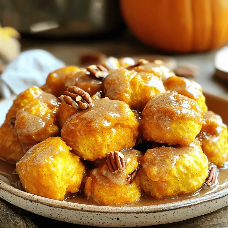 To make Pumpkin Cinnamon Sugar Monkey Bread, gather the following items: - 2 cans of refrigerated biscuit dough - 1 cup pumpkin puree - 1 tablespoon pumpkin pie spice - 1/2 cup granulated sugar - 1/2 cup packed brown sugar - 1/2 cup unsalted butter, melted - 1 teaspoon vanilla extract - 1/4 teaspoon salt - Optional: Chopped pecans or walnuts for added crunch Each ingredient plays a key role in this tasty treat. The refrigerated biscuit dough provides a fluffy base. Pumpkin puree adds moisture and a rich flavor. Pumpkin pie spice gives that warm fall taste. Granulated sugar and brown sugar create a sweet, caramelized crust. Unsalted butter helps everything blend together. Vanilla extract enhances the overall flavor. A touch of salt balances the sweetness. If you want extra crunch, add some nuts. Make sure to use fresh ingredients for the best results. This recipe is all about layers of flavor and texture. Get ready to enjoy a warm, gooey treat that is perfect for sharing! First, open the cans of refrigerated biscuit dough. Cut each biscuit into quarters. Place all the pieces in a large mixing bowl. This sets the stage for our monkey bread. In a separate bowl, combine the granulated sugar, brown sugar, pumpkin pie spice, and salt. Mixing well is key to a tasty blend. You want every bit of the sugar to get the spice flavor. Add the sugar mixture to the biscuit pieces. Toss them together until each piece is well coated. This step gives the monkey bread its sweet, spiced crust. Take your time here for even coverage. In another bowl, mix the pumpkin puree, melted butter, and vanilla extract. Pour this mixture over the coated biscuit pieces. Gently stir to combine, making sure every piece gets a nice coating of pumpkin goodness. Spray the inside of your slow cooker with cooking spray. Layer the biscuit pieces neatly in the slow cooker. If you like, add chopped nuts for crunch. Stacking them properly helps them cook evenly. Cover the slow cooker and set it on low heat. Cook for about 2 to 3 hours. Check for doneness by inserting a toothpick into the center. If it comes out clean, your monkey bread is ready. If not, continue cooking in 30-minute increments. Using fresh ingredients is key. Fresh pumpkin puree makes a big difference in flavor. You can use canned puree, but fresh is best for taste. Always check the expiration date on your biscuit dough. Fresh dough bakes better. Adjusting spice levels is fun. Taste as you go. If you want more pumpkin spice, add a bit more. Like it sweeter? Add extra sugar to the mix. You can serve the monkey bread right from the slow cooker. It looks warm and inviting. If you want to impress, transfer it to a nice plate. Drizzle with a glaze made from powdered sugar and milk. This adds a sweet touch. A sprinkle of cinnamon on top makes it look pretty and tasty. You can also add chopped nuts for crunch. Overcrowding the slow cooker is a big mistake. Leave enough space for the biscuits to rise. If they are too packed, they won’t cook evenly. Not checking doneness can ruin your bread. Use a toothpick to test. If it comes out clean, it’s done. If not, keep cooking in 30-minute chunks. This ensures you get a fluffy, perfect monkey bread every time. {{image_2}} You can change the flavors of pumpkin cinnamon sugar monkey bread easily. For a warm twist, add nutmeg to your spice mix. Nutmeg gives a deeper, autumn flavor. You can also mix in chocolate chips or dried fruits. Chocolate chips add sweetness, while dried fruits bring a chewy contrast. Both options make this treat extra special. If you want to try something new, use homemade biscuit dough. This dough can make your monkey bread taste fresher. You can also opt for gluten-free biscuit alternatives. Many stores sell gluten-free dough that works just as well. This way, everyone can enjoy this yummy dessert. Topping your monkey bread can take it to the next level. You can sprinkle nuts and seeds on top for a crunchy bite. Pecans or walnuts work well, adding texture and flavor. Another fun option is to drizzle cream cheese frosting or a simple glaze. This extra sweetness makes every bite even better. To keep your pumpkin cinnamon sugar monkey bread fresh, you should refrigerate it. Place any leftover pieces in an airtight container. This will help keep moisture in and prevent drying out. You can also use plastic wrap to cover the bread if you don’t have a container. When you're ready to enjoy the leftovers, you can use either a microwave or an oven. The microwave is quick and easy. Just place a piece on a plate and heat it for about 20-30 seconds. If you want crispier edges, the oven is better. Preheat it to 350°F (175°C) and bake for about 10 minutes. This keeps the texture nice and fluffy. If you want to save some monkey bread for later, you can freeze it. Wrap each piece tightly in plastic wrap, then place them in a freezer bag. This keeps them fresh and safe from freezer burn. When you're ready to eat, take out a piece and let it thaw in the fridge overnight. For faster thawing, you can leave it at room temperature for a few hours. Yes, you can use an oven. The cooking time will change. In the oven, preheat to 350°F. Bake for about 30 to 40 minutes. Check for doneness by using a toothpick. The monkey bread should be golden brown and fluffy. If you can't find pumpkin puree, use applesauce. It gives a similar texture and moisture. You can also use mashed bananas for a sweet twist. Each option will change the final flavor slightly, but both work well. Monkey bread lasts about 3 to 5 days in the fridge. Store it in an airtight container to keep it fresh and safe. If you notice any signs of spoilage, it’s best to discard it. Yes, you can double the recipe for larger batches. Just make sure your slow cooker can hold the extra dough. You may need to adjust the cooking time. Start checking for doneness after 3 hours. This blog explains how to make pumpkin monkey bread in a slow cooker. You learned about the ingredients, step-by-step instructions, and helpful tips. We explored variations and storage options. Now, get creative with your pumpkin monkey bread! Try different toppings and spices to make it yours. Enjoy it warm and share it with friends. This recipe is fun, easy, and perfect for any occasion. Your kitchen will smell amazing too!