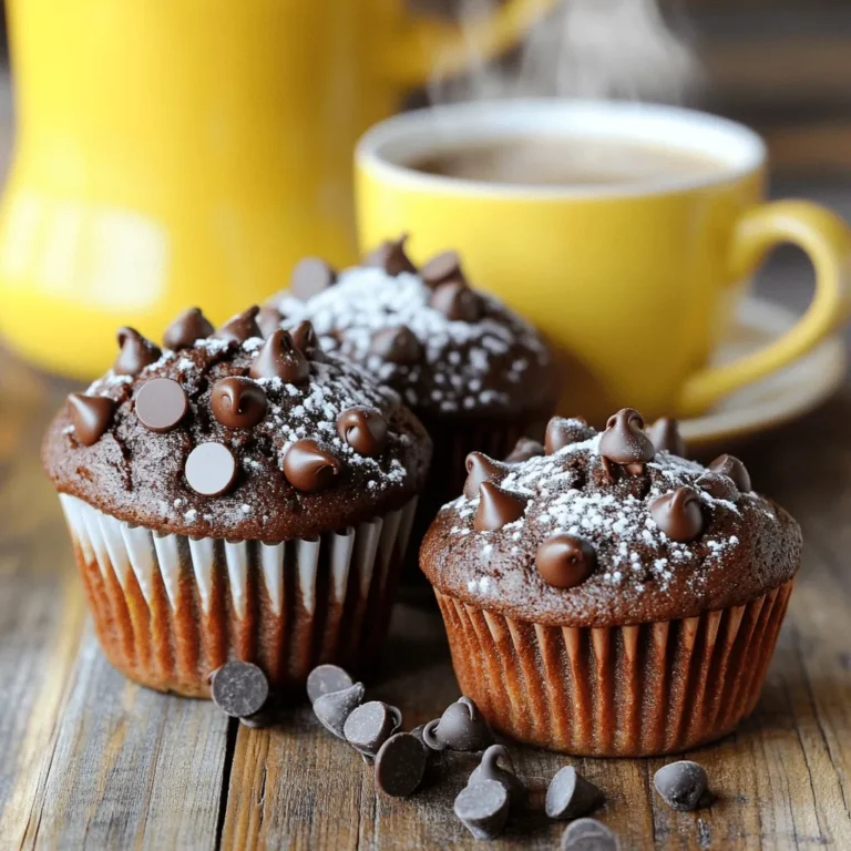 - 2 cups all-purpose flour - 1/2 cup unsweetened cocoa powder - 1 tablespoon baking powder - 1/2 teaspoon baking soda - 1/2 teaspoon salt - 1 cup granulated sugar - 1/2 cup brown sugar, packed - 1/2 cup unsalted butter, melted - 2 large eggs - 1 teaspoon vanilla extract - 1 cup buttermilk - 1/2 cup brewed espresso, cooled - 1 cup semi-sweet chocolate chips - 1/2 cup chopped walnuts (optional) - Chocolate chips for topping To make Bakery-Style Chocolate Chip Espresso Muffins, you need key ingredients. First, the dry ingredients create a rich base. The flour and cocoa powder give the muffins their structure and flavor. Baking powder and baking soda help them rise. Salt enhances the taste. Next, for the wet ingredients, you have sugars, butter, and eggs. The granulated and brown sugars add sweetness and depth. Melted butter adds moisture and richness. Eggs bind everything together, while vanilla extract adds a lovely aroma. Buttermilk makes the muffins tender, and espresso offers a coffee kick. Finally, for add-ins, chocolate chips are a must. They melt into gooey pockets of goodness. Chopped walnuts add a nice crunch, but they are optional. Topping the muffins with extra chocolate chips gives them a bakery-style finish that is hard to resist. Gather these ingredients to create a delightful treat! - Preheat the oven to 375°F (190°C). - Prepare the muffin tin with paper liners or grease it well. - Sift the flour, cocoa powder, baking powder, baking soda, and salt. - In a bowl, combine granulated sugar, brown sugar, melted butter, eggs, and vanilla extract. - Then, incorporate buttermilk and cooled espresso into this mixture. - Gradually add the dry ingredients to the wet ingredients. - Fold in chocolate chips and walnuts gently, ensuring even mixing. - Distribute the batter into muffin cups, filling each about 3/4 full. - Top with extra chocolate chips. - Bake for 18 to 20 minutes or until a toothpick comes out clean. - Avoid overmixing the batter: This prevents tough muffins. Mix gently until just combined. - Ensure ingredients are at room temperature: Room temperature eggs and buttermilk help create a smooth batter. - Use high-quality chocolate and espresso: Great ingredients make a big difference in taste. Choose rich and bold flavors. - Allow muffins to rest for a few minutes before serving: This gives flavors time to meld and enhances the taste. - Dust with powdered sugar: A light sprinkle adds a sweet touch and looks nice. - Serve warm with coffee or espresso: The warmth enhances flavors and makes for a cozy treat. {{image_2}} You can switch up your chocolate chips for a fun twist. Try using dark chocolate or white chocolate chips. They add a unique flavor and look beautiful in the muffins. You can even use flavored chocolate chips, like caramel or mint, to surprise your taste buds. Each option changes the muffin taste and makes it special. If you want to mix things up, try different nuts. You can substitute walnuts with pecans for a sweeter crunch. If you prefer no nuts, just leave them out. For a healthier option, add seeds like sunflower or pumpkin. They boost nutrition and add a nice texture. For gluten-free muffins, use gluten-free all-purpose flour. Make sure to check the package for the right measurements. You might need to adjust the other ingredients a bit to keep the texture right. This way, everyone can enjoy these tasty muffins! To keep your muffins fresh, store them in an airtight container. This helps lock in moisture. They will stay good at room temperature for up to 3 days. If you want to enjoy them later, consider freezing. Wrap each muffin individually in plastic wrap. This keeps them from getting freezer burn. You can freeze them for up to 3 months. When you’re ready to eat one, thaw it at room temperature. You can also use a microwave for quick thawing. To reheat, warm the muffins in the oven or microwave. If using the oven, set it to 350°F (175°C). This helps them regain their soft texture. For the microwave, heat in short bursts. This keeps them moist but check carefully to avoid drying them out. Yes, you can use instant coffee. Mix 1 tablespoon of instant coffee with 1/2 cup of hot water. Allow it to cool before adding it to your batter. Instant coffee will give a similar flavor, but it may not be as strong as brewed espresso. This change can affect the muffins' taste slightly. These muffins stay fresh for about 3 days at room temperature. Store them in an airtight container to keep them soft. For longer storage, place them in the fridge, where they stay good for up to a week. You can also freeze them for up to 3 months. Wrap each muffin tightly in plastic wrap before freezing. Yes, you can make these muffins vegan. Replace eggs with flax eggs or applesauce. Use a dairy-free butter and substitute buttermilk with almond milk mixed with vinegar. This will keep the muffins moist and fluffy while making them plant-based. The best way to measure flour is by using the spoon-and-level method. First, fluff up the flour in its container. Then, use a spoon to scoop flour into your measuring cup without packing it down. Finally, level off the top with a straight edge. This method ensures accuracy and prevents dry muffins. You now have everything to bake delicious chocolate espresso muffins. We explored the essential dry and wet ingredients, combined them step-by-step, and added tips for great texture and flavor. You can also try different variations to suit your taste. Remember, these muffins are easy to store and can be a treat anytime. Bake a batch today and enjoy the rich taste and warm aroma they bring. You'll love how simple it is to create a delightful snack!