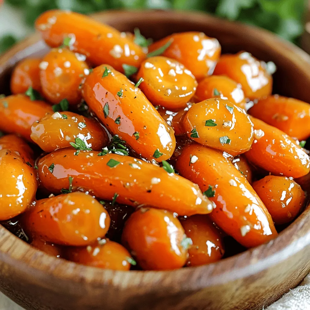 - Baby carrots or regular carrots: Use one pound of baby carrots. If you have regular carrots, peel and cut them into sticks. Both work well. - Honey and its substitutes: Honey gives a sweet touch. You can use maple syrup if you prefer. - Unsalted butter: Two tablespoons of unsalted butter add richness to the dish. - Garlic and its preparation: Use three cloves of garlic, minced finely. Fresh garlic gives the best flavor. - Soy sauce or tamari options: One tablespoon of soy sauce adds depth. You can use tamari for a gluten-free option. - Fresh or dried thyme: Thyme adds a nice herbal note. Use one teaspoon of fresh or half a teaspoon if dried. - Seasoning essentials (salt and pepper): Salt and pepper enhance all flavors. Adjust to taste. - Optional garnish (chopped parsley): Chopped parsley adds color and freshness. It is not necessary but looks great on the plate. This ingredient list makes the recipe easy and quick. Each item plays a key role in creating a tasty dish. To start, we need to blanch the carrots. Boil a pot of water. Add the carrots and let them cook for 4-5 minutes. This makes them tender but still crisp. Drain the carrots and set them aside. If you don’t have baby carrots, you can use regular carrots. Just peel them and cut them into sticks. Now, let's move on to the cooking part. In the same pot, melt 2 tablespoons of unsalted butter over medium heat. Once the butter melts, add 3 minced garlic cloves. Sauté the garlic for about 1 minute. You want it to be fragrant and golden, but be careful not to burn it. Next, add in 3 tablespoons of honey, 1 tablespoon of soy sauce, and 1 teaspoon of fresh thyme. Stir well to mix everything together. This creates a lovely honey garlic glaze. Once the glaze is ready, return the blanched carrots to the pot. Toss them in the honey garlic mixture. Cook for another 5-7 minutes. Stir occasionally until the carrots are well coated and tender. After the carrots are cooked, it’s time to season. Add salt and pepper to taste. Cook for another minute to let the flavors blend. Now, remove the pan from heat. Transfer the glazed carrots to a serving dish. For a nice touch, sprinkle some chopped parsley on top. This adds color and freshness to your dish. Enjoy your honey garlic glazed carrots! To boost the taste of your honey garlic glazed carrots, try using different spices and herbs. Consider adding a pinch of cinnamon or nutmeg for warmth. You can also experiment with rosemary or dill for a fresh twist. These herbs can elevate the dish and add variety. To achieve the perfect glaze, make sure to cook the carrots until they are tender but not mushy. The glaze should coat the carrots well to create a shiny, sweet layer. Stir the carrots often while they cook to ensure even coverage. Blanching carrots is a simple method that helps keep their bright color and crunch. This technique softens them just enough for the glaze to stick. Blanch for about 4-5 minutes, and they will turn out perfect. Be cautious with the garlic. It can burn quickly if you cook it too long over high heat. Sauté it just until fragrant and golden. Keep stirring to avoid burning. If you burn the garlic, it can make the dish taste bitter. These carrots pair well with many main dishes. Serve them alongside roasted chicken or grilled fish. They also work great with pork chops or steak. The sweetness of the glaze will balance well with savory meats. For creative plating, arrange the glazed carrots in a circular pattern on the plate. Drizzle any leftover glaze over the top. A sprinkle of fresh parsley adds a pop of color and freshness. This adds a nice touch for special occasions. {{image_2}} You can switch honey for maple syrup. It adds a unique flavor. Maple syrup works well in this dish. Try using different carrots, too. You can use regular carrots, sliced into sticks. Colorful carrots, like purple or yellow, can make the dish pop. To make this recipe vegan, replace the butter with olive oil. You can also skip honey and use agave syrup instead. For those who need gluten-free options, use tamari instead of soy sauce. This small change keeps the flavor intact. Want a burst of freshness? Add some citrus zest, like lemon or orange. It brightens the dish and adds a lovely twist. If you like heat, sprinkle some chili flakes in. They give a nice kick and balance the sweetness. To keep your honey garlic glazed carrots fresh, store them in the fridge. Use an airtight container. This helps lock in moisture and flavor. Make sure the carrots are cool before sealing the container. Eat them within three to four days for the best taste. When reheating, use the stovetop for best results. Heat a pan over low heat. Add a splash of water or a bit of butter. Stir the carrots gently until they warm up. This method keeps the carrots tender and avoids sogginess. If you want to save some glazed carrots, freezing is a great option. First, let the carrots cool completely. Place them in a freezer-safe container or bag. Remove as much air as possible. When you're ready to eat them, thaw in the fridge overnight. Reheat on the stovetop or in the microwave. This way, you can enjoy their sweet, savory flavor even later! Yes, you can use frozen carrots. They are convenient and save time. However, frozen carrots may not have the same crunch as fresh ones. They can also cook faster, so watch them closely. If you choose frozen carrots, skip the blanching step. Just heat them with the glaze until warm. To balance sweetness, you can add more soy sauce. This adds a salty flavor that cuts the sweetness. You might also try adding a splash of vinegar for tang. Taste as you go. Adjust until you find the flavor you love. These carrots go well with many dishes. Try serving them with roasted chicken or grilled steak. They also pair nicely with rice or quinoa. For a vegetarian option, serve them with a hearty salad or pasta. The sweet and savory flavor complements many cuisines. This blog post gave you a complete guide to honey garlic glazed carrots. We covered all the ingredients, cooking steps, and tips for perfect results. You can easily make this dish your own with variations and substitutions. Remember, practice helps improve your skills. Enjoy serving this flavorful side dish, and don't forget to share your creations! Happy cooking!