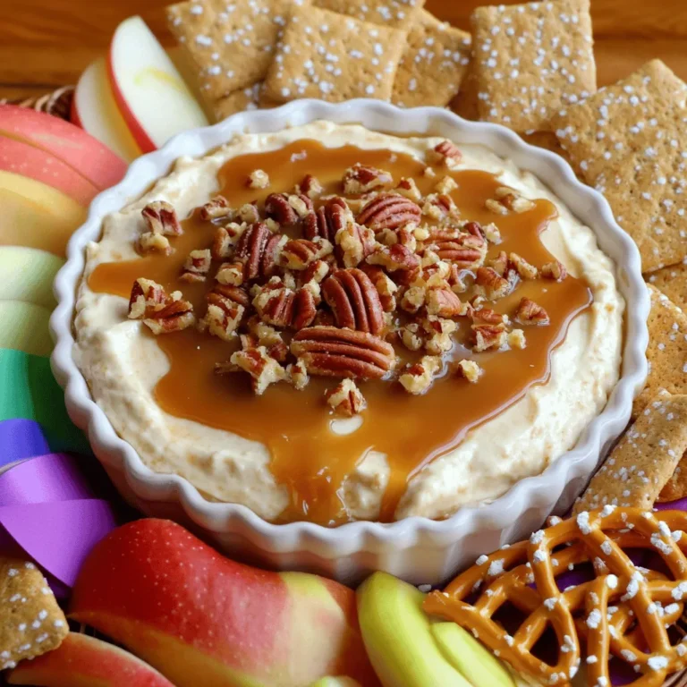 - 8 oz cream cheese, softened - 1 cup powdered sugar - 1/2 cup sour cream - 1 teaspoon vanilla extract - 1/2 cup salted caramel sauce (store-bought or homemade) - 1/2 cup finely chopped pecans, plus extra for garnish - 1/4 teaspoon sea salt - Graham crackers, apple slices, or pretzels for dipping For this dip, I recommend using full-fat cream cheese. It gives a rich and creamy texture. Choose a high-quality salted caramel sauce for the best flavor. If you prefer, make your own at home. Fresh pecans add a nice crunch and nutty taste. For the sour cream, use full-fat for creaminess. The vanilla extract should be pure, not imitation. This will enhance the dip's overall flavor. If you want a lighter version, use low-fat cream cheese. You can swap sour cream with Greek yogurt. For a nut-free option, skip the pecans or use sunflower seeds. If you do not like caramel, try chocolate sauce instead. You can also use honey for a different sweet touch. 1. Start with 8 ounces of cream cheese. Let it sit out to soften. 2. In a large bowl, beat the cream cheese using an electric mixer. Mix until smooth. 3. Slowly add 1 cup of powdered sugar. Mix on low speed to combine well. 4. Next, add 1/2 cup of sour cream and 1 teaspoon of vanilla extract. 5. Keep mixing until the dip is smooth and creamy. 1. Fold in 1/2 cup of salted caramel sauce. Make sure it mixes evenly. 2. Gently stir in 1/2 cup of finely chopped pecans. Save some for topping. 3. Taste your dip. If you want, add 1/4 teaspoon of sea salt. Adjust to your liking. - If the dip feels too thick, add a little more sour cream. - For a thinner dip, mix in more caramel sauce. - Make sure to mix well at each step. This helps the flavors blend. You can prepare this dip a day in advance. Just mix all the ingredients and store it in the fridge. This gives the flavors time to blend. When you are ready to serve, just top it with extra caramel and pecans. If you have any dip left, store it in an airtight container. It will keep well in the fridge for about three days. Before serving, mix it up again to restore its creamy texture. For a richer taste, add a bit more caramel or some chopped chocolate. A sprinkle of cinnamon can also add warmth. Experiment with different dippers too, like fresh strawberries or chocolate chip cookies, for a fun twist. {{image_2}} You can change up the taste of your dip easily. Try adding a bit of almond extract for a nutty twist. You can also mix in some chocolate chips for a sweet surprise. If you like spice, a pinch of cinnamon can add warmth. Another fun idea is to swirl in a fruit puree, like raspberry or strawberry. Each of these flavors will change the dip and make it unique. Toppings can give your dip extra flair. Instead of just pecans, try chopped walnuts or hazelnuts. You can even add crushed toffee for a crunchy bite. For a fruity touch, sprinkle fresh berries on top. Drizzling more salted caramel sauce or chocolate syrup can make it look even more tempting. Get creative with your toppings to suit your taste. Presentation matters when serving your dip. Arrange graham crackers, apple slices, or pretzels around the bowl for a fun display. You can also serve the dip in individual cups for easy sharing. If you want to impress guests, add a few sprigs of mint for color. This dip works great for parties, game nights, or family gatherings. Enjoy finding the best way to serve it! To keep your salted caramel pecan cheesecake dip fresh, place it in an airtight container. Cover the top with plastic wrap before sealing the lid. This helps prevent air from getting in, which can change the dip's texture. When stored properly, it stays creamy and delicious. Glass containers work best for this dip. They do not absorb flavors and keep the dip fresh longer. If you prefer plastic, choose BPA-free containers. Make sure they have a tight-fitting lid to avoid spills and keep the dip safe. Your dip can last in the fridge for about 3 to 5 days. If you want to store it longer, you can freeze it. However, freezing may change the dip’s texture. To freeze, place it in a freezer-safe container. Thaw it in the fridge overnight before serving. Mix it again to restore its creamy texture. Yes, you can make this dip vegan. Use vegan cream cheese instead of regular cream cheese. Look for plant-based sour cream too. Choose a vegan caramel sauce for the sweet touch. This way, you keep the same great taste while making it vegan. If your dip is too runny, add more cream cheese. You can also mix in more powdered sugar. Another option is to use a bit of cornstarch. Just mix it with a little water first to avoid clumps. Stir it in slowly until you reach the right thickness. You can use many fun dippers! Graham crackers work great. Fresh apple slices add a nice crunch. Pretzels bring a salty kick. You can also try vanilla wafers or even chocolate cookies for a sweet twist. Get creative and enjoy! In this post, you learned about the best ingredients for your dip and how to mix them. I shared tips for prep, storage, and ways to enhance flavors. You can also try fun variations and find answers to common questions. Remember, using fresh ingredients makes any dish better. Storage is key to keeping your dip tasty. Enjoy creating and sharing your delicious dip with friends and family!