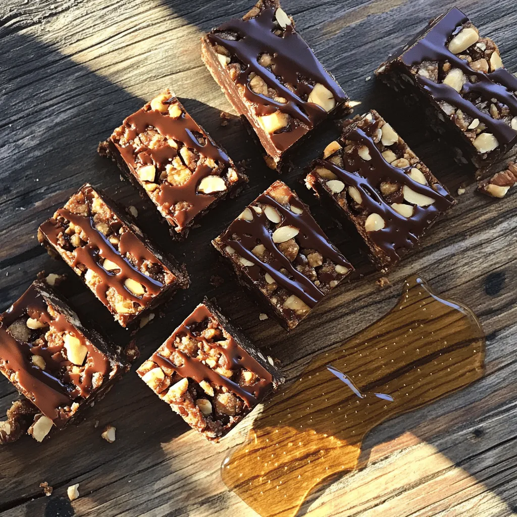 - 1 cup rolled oats - 1/2 cup natural peanut butter - 1/4 cup honey or maple syrup - 1/4 cup cocoa powder - 1/2 cup dark chocolate chips - 1/4 cup chopped nuts (almonds or walnuts) - 1/2 teaspoon vanilla extract - A pinch of salt The ingredients for Peanut Butter Chocolate Energy Bars are simple and easy to find. You start with rolled oats, which give the bars a great base. The natural peanut butter adds creaminess and protein. Honey or maple syrup provides sweetness and binds everything together. Cocoa powder brings that rich chocolate flavor. Dark chocolate chips add a sweet touch and extra texture. Chopped nuts, like almonds or walnuts, give a nice crunch. Lastly, a hint of vanilla extract and a pinch of salt enhance the overall taste. If you want to switch things up, here are some ideas: - Alternative sweeteners: You can use agave syrup or coconut sugar instead of honey or maple syrup. - Nut butter options: Almond butter or cashew butter work well in place of peanut butter. - Cocoa powder alternatives: For a different flavor, try carob powder instead of cocoa powder. These substitutes can change the taste and texture of the bars, making them your own. Each bar has around 150 calories. The bars are packed with nutrients: - Macronutrient breakdown: Each bar has about 6g protein, 7g fat, and 20g carbs. - Health benefits of key ingredients: - Rolled oats provide fiber, which aids digestion. - Peanut butter offers healthy fats and protein. - Dark chocolate is rich in antioxidants. - Nuts add more protein and healthy fats. These energy bars are not just tasty; they also give you energy and keep you full! You need a few tools to start. Grab a large mixing bowl, a microwave-safe bowl, a spatula, and an 8x8 inch baking dish. Parchment paper helps a lot for easy removal. Quality matters! Fresh rolled oats, natural peanut butter, and dark chocolate chips give the best taste. Choose organic options when you can. It makes a difference in flavor and health. First, mix the dry ingredients. In your large bowl, combine the rolled oats, cocoa powder, and a pinch of salt. Stir until they blend well. Next, in the microwave-safe bowl, mix the peanut butter and honey. Heat for 20-30 seconds. Stir until it's smooth and creamy. Pour this mixture into the dry ingredients. Add the vanilla extract and mix well. You want every bit to be coated. To get the perfect texture, fold in the dark chocolate chips and chopped nuts. This step adds crunch and sweetness. Once mixed, line your baking dish with parchment paper. Pour in the mixture and press down firmly with your spatula. Make sure it’s even. Refrigerate for 1-2 hours until set. Then, remove it from the dish and cut it into bars. Cutting the bars can be tricky. Use a sharp knife for clean edges. You can score the bars before fully cutting through. This helps keep them from crumbling. Store the bars in an airtight container. Keep them in the fridge for up to a week. If you want to keep them longer, you can freeze them. Just make sure to wrap each bar well for freshness. To make your Peanut Butter Chocolate Energy Bars even better, try adding spices like cinnamon or nutmeg. These spices can give a warm touch to the bars. You can also add extracts, such as almond or coconut, for a twist. If you like texture, mix in dried fruits like raisins or cranberries. Chopped seeds like sunflower or pumpkin work well too. A common mistake is not mixing the dry and wet ingredients well. This can lead to uneven flavor. Always make sure to combine them thoroughly. Another error is using cold peanut butter. It makes mixing harder. Warm the peanut butter slightly before mixing to ensure a smooth blend. Meal prepping can save you time. Prepare a large batch on the weekend. This way, you have snacks ready for the week. You can also cut the bars into smaller pieces. Store them in snack-sized bags for easy grabbing. Consider doubling the recipe. This gives you more bars and saves time in the long run. {{image_2}} You can change the flavor of your bars easily. Try different nut butters like almond or cashew. Each nut butter brings its own taste and texture. You can also add fruits. Sliced banana or dried fruit gives a sweet twist. They add natural sugars and chewiness to the bars. If you want vegan bars, swap honey for maple syrup. It works just as well and keeps it plant-based. To make these bars gluten-free, use certified gluten-free oats. This way, anyone with gluten issues can enjoy them too. Think about how you want your bars to feel. For a crunchy bar, add more chopped nuts or seeds. Almonds, walnuts, or pumpkin seeds are great choices. If you prefer chewy bars, stick to the original recipe. You can adjust the mix-ins based on your taste. To keep your Peanut Butter Chocolate Energy Bars fresh, store them in an airtight container. This helps prevent moisture and keeps them from drying out. You can keep them in the fridge for up to one week. If you want to store them longer, consider freezing them. Just wrap each bar in plastic wrap and place them in a freezer-safe bag. These energy bars last about one week at room temperature. However, for best taste and texture, I recommend refrigerating them. If you see any signs of spoilage, like an off smell or mold, it’s best to throw them away. Always trust your senses! If your bars harden too much in the fridge, you can soften them easily. Just microwave them for about 10-15 seconds. This will make them more enjoyable to eat. To keep your bars fresh, always store them in an airtight container right after cutting. This helps maintain their delicious flavor and texture. Yes, you can use other sweeteners. Maple syrup works well as a substitute. You can use the same amount, 1/4 cup. Agave nectar is another option. It also measures the same. Stevia is a low-calorie choice, but use less. Start with 1-2 tablespoons and adjust to taste. To boost protein, add protein powder. A scoop of your favorite powder works great. You can also mix in seeds like chia or hemp. These seeds add protein and healthy fats. Chopped nuts can increase protein too. Almonds or walnuts are perfect. You can enjoy these bars as a snack anytime. They are great before or after workouts. Pair them with yogurt or fruit for extra flavor. Try dipping them in dark chocolate for a treat. They also taste good with a glass of milk. You learned how to make tasty energy bars with simple ingredients. We covered key ingredients, cooking steps, and tips to customize them. With variations for everyone, you can make these bars fit your taste and diet. Remember to store them properly for fresh snacks. Now, try these bars yourself and enjoy the health benefits. You can feel good about your choices while treating yourself!
