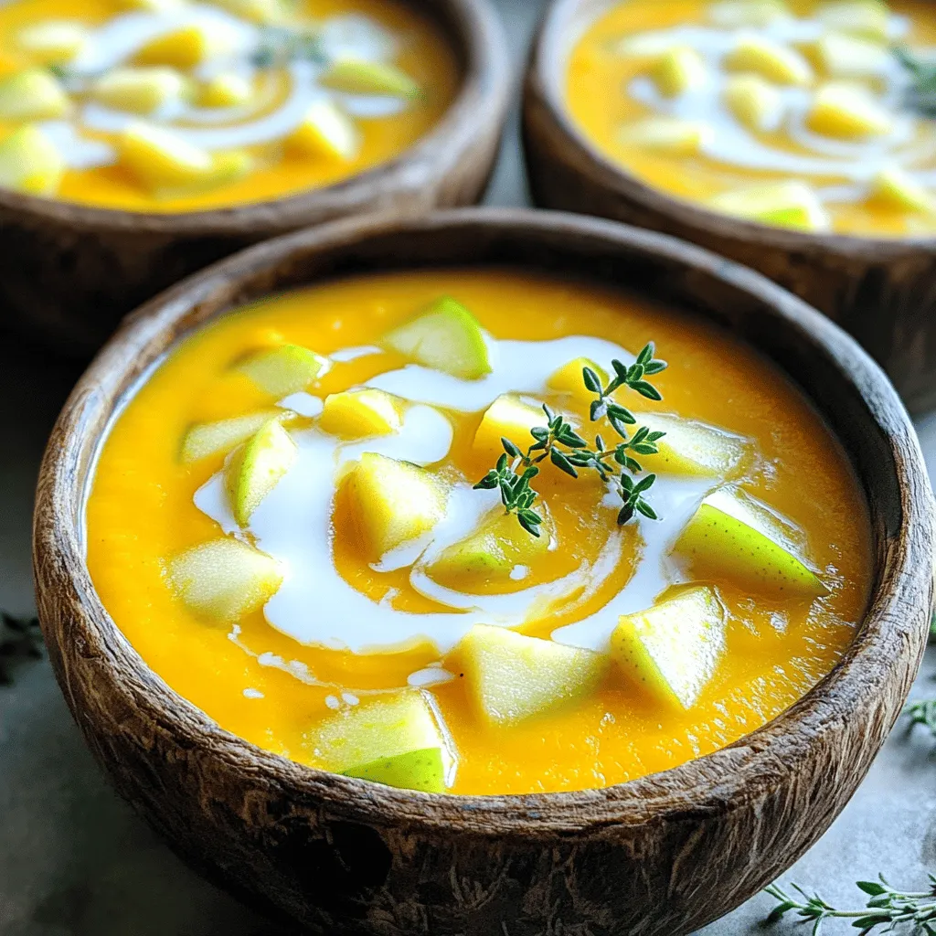 To make cozy autumn squash and apple soup, gather these simple ingredients: - 1 medium butternut squash, peeled and cubed - 2 medium apples, peeled and chopped (preferably Granny Smith or Honeycrisp) - 1 medium onion, chopped - 2 cloves garlic, minced - 1 tablespoon olive oil - 4 cups vegetable broth - 1 teaspoon ground cinnamon - 1/2 teaspoon nutmeg - Salt and pepper to taste - 1/2 cup coconut milk (optional for creaminess) - Fresh thyme leaves for garnish If you need to adjust for dietary needs, consider these swaps: - Use sweet potatoes instead of butternut squash for a sweeter taste. - Swap apples for pears for a different flavor profile. - Choose low-sodium broth if you watch your salt intake. - Omit coconut milk for a lighter soup. You can use almond milk instead if desired. - For a nut-free option, skip the coconut milk entirely. When picking squash and apples, look for these signs of freshness: - Choose butternut squash that feels heavy for its size. The skin should be smooth and firm. - Select apples that are crisp and have no bruises. Bright skin shows they are fresh. - Avoid squash with soft spots or blemishes. This means they may be past their prime. - For apples, check for a pleasant smell, which indicates ripeness. These tips will help ensure your soup tastes delicious and fresh! First, gather your ingredients. You need: - 1 medium butternut squash, peeled and cubed - 2 medium apples, peeled and chopped - 1 medium onion, chopped - 2 cloves garlic, minced - 1 tablespoon olive oil - 4 cups vegetable broth - 1 teaspoon ground cinnamon - 1/2 teaspoon nutmeg - Salt and pepper to taste - 1/2 cup coconut milk (optional) - Fresh thyme leaves for garnish Start by peeling the butternut squash. Cut it into small cubes. Then, peel and chop the apples. I like using Granny Smith or Honeycrisp for their tartness. Next, chop the onion and mince the garlic. This mix of flavors will add depth to the soup. In a large pot, heat the olive oil over medium heat. Add the chopped onion and cook until it turns translucent, about 5 minutes. This step brings out the sweetness of the onion. Stir in the minced garlic and let it cook for one more minute. You will smell its lovely aroma fill the kitchen. Now, add the cubed butternut squash and chopped apples. Mix everything well. Sprinkle in the ground cinnamon, nutmeg, salt, and pepper. These spices give the soup a warm, cozy flavor for autumn. Next, pour in the vegetable broth. Increase the heat to bring the mixture to a boil. Once it starts boiling, reduce the heat to low. Let it simmer for about 25-30 minutes. The squash and apples should become tender during this time. After simmering, it's time to blend. Use an immersion blender to mix the soup until smooth. If you don't have one, carefully transfer the soup in batches to a countertop blender. Blend until it is creamy and velvety. If you want a creamier soup, stir in the coconut milk. This step adds a rich texture. Taste the soup and adjust the seasoning if needed. Add more salt or pepper to enhance the flavor. Serve the soup hot. Garnish with fresh thyme leaves for a pop of color. This cozy autumn squash and apple soup pairs well with crusty bread. Enjoy this warm bowl of comfort! To cook this soup well, always prep your ingredients first. Chop the squash and apples into even pieces. This helps them cook at the same rate. Use fresh squash and apples for the best taste. Store any leftovers in an airtight container in the fridge. They will stay good for about three days. If you want to keep it longer, freeze the soup. It can last up to three months in the freezer. Just make sure to let it cool before you freeze it. Spices can make this soup shine. Besides cinnamon and nutmeg, consider adding ginger for a spicy kick. You could also sprinkle in a bit of cayenne pepper for warmth. A dash of smoked paprika can add depth. Taste as you go to find your perfect balance. Adding spices right before blending helps keep their flavors bright. Don’t forget to check the seasoning before serving. Adjust the salt and pepper to match your taste. This soup pairs great with crusty bread or a fresh salad. A slice of sourdough adds a nice texture. For a drink, try a light white wine like Sauvignon Blanc. It complements the soup’s sweetness. If you prefer non-alcoholic options, apple cider works well too. It enhances the apple flavor in the soup. Enjoy your cozy meal with friends or family for a warm autumn gathering! {{image_2}} You can easily switch ingredients to change the taste. Use sweet potatoes instead of butternut squash. They add a different sweetness and texture. Try adding pears for a unique twist. They pair well with apples and add depth. For spice lovers, add a pinch of cayenne or chili powder. This will give your soup a warm kick. To make this soup vegan, skip the coconut milk or use a plant-based cream. Almond milk or oat milk can work too. These options keep it creamy without dairy. Ensure your vegetable broth is vegan as well. This way, you keep the soup rich while meeting dietary needs. Mix in other vegetables for more flavor. Carrots and parsnips add sweetness and color. You could also add celery for a fresh crunch. If you want a green touch, try spinach or kale. These greens not only boost nutrition but also add nice color. Just toss them in during the last few minutes of cooking. After making cozy autumn squash and apple soup, let it cool. Once cool, transfer it to an airtight container. You can keep it in the fridge for up to four days. This soup tastes great even after a day or two. The flavors deepen as it sits. To freeze the soup, allow it to cool completely. Pour it into freezer-safe containers, leaving space at the top for expansion. Seal tightly and label with the date. You can freeze the soup for up to three months. This is a great way to have a warm meal ready when you need it. When ready to eat, thaw the soup in the fridge overnight. Heat it in a pot on medium heat, stirring often. If it seems too thick, add a splash of broth or water. You can also use the microwave, heating in short bursts. Make sure to stir in between to ensure even heating. Enjoy your warm, cozy soup! Yes, you can use frozen squash or apples. They work well in this soup. Just add them directly to the pot. There is no need to thaw them first. The soup will still taste great! This soup lasts for about 3 to 5 days in the fridge. Make sure to store it in an airtight container. It will stay fresh and tasty for you to enjoy later. Just reheat it on the stove or in the microwave. Squash is low in calories and full of fiber. It helps digestion and keeps you full. Apples are also high in fiber. They contain vitamins A and C, which are good for your skin and immune system. Together, they make this soup both delicious and healthy! In this blog post, we explored a tasty soup made with squash and apples. We discussed key ingredients, substitutions, and tips for selecting fresh produce. I shared step-by-step instructions for preparation and cooking, plus tricks to enhance flavors. We also covered storing leftovers and answered common questions. This soup is versatile and easy to make. Try different variations and enjoy the fresh flavors. With proper storage, you can savor this dish long after cooking. Enjoy your delicious creation!