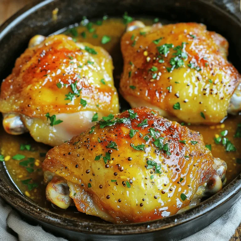 For this recipe, I use 6 bone-in, skin-on chicken thighs. The bone adds flavor, and the skin helps keep the meat juicy. If you want a tasty weeknight meal, these thighs are perfect. The star of the dish is the honey and mustard mix. You will need: - 1/4 cup honey - 3 tablespoons Dijon mustard - 2 tablespoons whole grain mustard This mix gives the chicken a sweet and tangy flavor. Honey adds a nice glaze, while the mustards bring depth. To boost the taste, I add some extra seasonings. You will need: - 1 tablespoon olive oil - 4 cloves garlic, minced - 1 teaspoon dried thyme - 1/2 teaspoon smoked paprika - Salt and pepper to taste - Fresh parsley, chopped (for garnish) The garlic adds aroma, while thyme gives an earthy note. Smoked paprika gives a hint of warmth and depth. The parsley is a bright touch that makes the dish pop. Start by preheating your oven to 400°F (200°C). This step is key for even cooking. While the oven heats, gather your ingredients. You’ll need 6 bone-in, skin-on chicken thighs, honey, Dijon mustard, whole grain mustard, olive oil, minced garlic, dried thyme, smoked paprika, salt, and pepper. Having everything ready makes cooking smooth and fun. In a medium bowl, combine the honey, Dijon mustard, and whole grain mustard. Add 1 tablespoon of olive oil to the mix. Then, toss in the 4 minced garlic cloves, 1 teaspoon of dried thyme, and 1/2 teaspoon of smoked paprika. Season with salt and pepper to taste. Whisk everything together until it’s well blended. This marinade brings sweet and tangy flavors to the chicken. Next, pat the chicken thighs dry using paper towels. This helps the skin become crispy. Season both sides with salt and pepper. Heat a large, oven-safe skillet over medium-high heat. Place the chicken thighs skin-side down in the skillet. Sear them for about 5-7 minutes until the skin turns golden brown. Flip the chicken thighs over carefully. Pour the honey mustard marinade over the top, ensuring they are well coated. Now transfer the skillet to your preheated oven. Bake for 25-30 minutes or until the internal temperature reaches 165°F (75°C). Once done, let the chicken rest for 5 minutes. Finally, garnish with freshly chopped parsley before serving. Enjoy! To get that perfect crispy skin, start by drying the chicken thighs. Use paper towels to pat them dry. This step helps remove moisture that can prevent crispiness. Next, season both sides with salt and pepper. This adds flavor and aids in browning. When you sear the chicken, heat your skillet well before adding the thighs. A hot pan gives a nice golden crust. Sear the skin-side down for about 5-7 minutes. This time lets the skin get crunchy and brown. The mix of honey and mustard creates a great flavor. Use both Dijon and whole grain mustard for depth. This balance adds tang and sweetness to the chicken. If you want a little kick, add more smoked paprika or some cayenne pepper. Taste the marinade before you pour it over the chicken. Adjust the salt and pepper to match your taste. A good balance makes the dish shine. Here are some tools that will help you make this dish easily: - Oven-safe skillet: You need this to sear chicken and transfer to the oven. - Whisk: Use a whisk for mixing the marinade smoothly. - Meat thermometer: This tool helps you check the chicken's doneness. Aim for an internal temperature of 165°F (75°C). - Paper towels: Great for drying the chicken to achieve crispy skin. - Cutting board and knife: Use these for chopping garlic and parsley efficiently. These tools will make your cooking experience smooth and fun! {{image_2}} You can change the honey mustard sauce to fit your taste. If you want less sweetness, try using maple syrup instead of honey. For a spicier kick, you can add some hot sauce or chili powder to the mix. Alternatively, swap out Dijon mustard for spicy brown mustard for a bolder flavor. While chicken thighs are juicy, you can also use chicken breasts. If you choose breasts, cook them for a shorter time. They will dry out if overcooked. Bone-in chicken legs work well, too. Just be sure to adjust the cooking time based on the cut you choose. You can enhance the dish with extra spices. Adding a pinch of cayenne can give it heat. Fresh herbs like rosemary or oregano can add depth. If you're feeling adventurous, consider adding a splash of apple cider vinegar for tang. Lemon juice is another great option for a fresh twist. Trust your taste buds and have fun with this recipe! To keep your honey mustard chicken thighs fresh, let them cool first. Use an airtight container for storage. They can stay in the fridge for up to four days. If you want to keep them longer, use the freezer. When you are ready to eat leftovers, take them out of the fridge. Preheat your oven to 350°F (175°C). Place the chicken thighs in an oven-safe dish. Cover with foil to keep them moist. Heat for about 20-25 minutes or until warmed through. You can also use the microwave, but the oven keeps the skin crispy. If you freeze the chicken, wrap each thigh in plastic wrap. Place them in a freezer-safe bag or container. They can last for up to three months in the freezer. To thaw, move them to the fridge overnight before reheating. Yes, boneless chicken thighs work well in this recipe. They cook faster than bone-in thighs. Just adjust the cooking time to 20-25 minutes. Always check the internal temp; it should be 165°F (75°C). I love serving honey mustard chicken thighs with rice or roasted potatoes. Fresh veggies like green beans or a salad pair nicely, too. You can also add a side of creamy coleslaw for crunch. Use a meat thermometer to check the chicken's internal temp. It should reach 165°F (75°C). Look for clear juices when you cut into the chicken. If the juices run clear, it’s done. Let it rest for five minutes before serving for the best flavor. This article covered delicious honey mustard chicken thighs. We discussed key ingredients, cooking steps, and essential tips. You now know how to make crispy-skinned chicken that bursts with flavor. I shared alternatives and storage advice, ensuring your meal is both tasty and practical. Remember, cooking is about exploring and having fun. Try different flavors and cuts to find what you love most. Perfecting this dish will impress your family and friends. Enjoy every bite of your homemade creation!