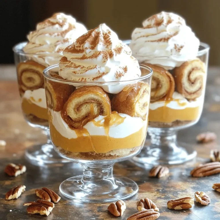 Here is what you need for the Pumpkin Spice Cinnamon Roll Trifle Cups: - 4 large cinnamon rolls, baked and cooled - 1 cup pumpkin puree - 1 cup cream cheese, softened - 1/2 cup powdered sugar - 1 teaspoon vanilla extract - 1 cup whipped cream - 1 teaspoon pumpkin pie spice - 1/4 cup chopped pecans (optional) - Caramel sauce for drizzling These ingredients create a tasty base for your trifle. The cinnamon rolls add a soft, sweet touch, while the pumpkin puree gives a rich flavor. Cream cheese adds creaminess, and whipped cream makes it light. Each layer brings something special. The pecans add a nice crunch, but they are optional. Finally, caramel sauce gives a sweet finish that ties it all together. - Bake and cool cinnamon rolls according to package instructions. - Chop cinnamon rolls into bite-sized pieces. First, I bake the cinnamon rolls. I follow the package instructions for the best results. After baking, I let them cool completely. This step is key to making the trifle. Once they are cool, I chop the rolls into bite-sized pieces. This makes it easy to layer them in the cups. - Combine pumpkin puree, cream cheese, powdered sugar, vanilla, and pumpkin spice. - Mix until smooth and fold in whipped cream. Next, I prepare the pumpkin filling. I take a bowl and add the pumpkin puree, softened cream cheese, powdered sugar, vanilla extract, and pumpkin spice. I mix these until smooth. This step is fun because the flavors blend together nicely. After that, I gently fold in the whipped cream. This creates a light and fluffy filling that adds great texture. - Layer chopped cinnamon rolls and pumpkin cream mixture. - Repeat layering until cups are full. Now comes the fun part: assembling the trifle cups! I start by adding a spoonful of chopped cinnamon rolls to the bottom of each cup. Then, I add a layer of the pumpkin cream mixture on top. I repeat this process until the cups are full. I make sure to finish with a layer of pumpkin cream for a nice look. If I want, I can sprinkle chopped pecans on top for extra crunch. A drizzle of caramel sauce adds a sweet touch. To make your trifle cups light and airy, folding is key. Here’s how: - Start with your pumpkin mixture in a large bowl. - Take a dollop of whipped cream and add it to the pumpkin mix. - Gently fold it in using a spatula. - Repeat until all whipped cream is mixed in. - Be careful not to stir too hard. This keeps the air in. For layering, follow these steps: - Use clear cups to show off the layers. - Begin with a layer of cinnamon rolls. - Then, add a scoop of the pumpkin cream. - Repeat this until the cup is full. - Finish with a layer of pumpkin cream on top. Great garnishes make your trifle cups pop. Here are some ideas: - Drizzle caramel sauce on top for sweetness. - Sprinkle cinnamon for extra flavor. - Add chopped pecans for a crunchy touch. For a pretty display: - Serve in clear cups to highlight the layers. - Use small pumpkins or pecans as a garnish. - Keep it simple to let the colors shine. These small touches will make your trifle cups truly delightful! {{image_2}} You can change the spice mix to fit your taste. Instead of pumpkin pie spice, try using: - Cinnamon - Nutmeg - Ginger - Allspice These spices give a warm and cozy flavor. If you love chocolate, swap the pumpkin cream for chocolate or vanilla cream. This change makes it rich and sweet. You can mix in cocoa powder for a deep chocolate flavor, or keep it simple with vanilla. You can make this treat fit special diets. For gluten-free options, look for gluten-free cinnamon rolls. Many brands offer great taste without gluten. For those who avoid dairy, you can use dairy-free cream cheese and whipped cream. Brands like Tofutti and So Delicious provide tasty alternatives. These swaps make the trifle cups friendly for many diets. Enjoy your creation without worry! To store leftover trifle cups, cover them tightly with plastic wrap. This keeps moisture in and prevents drying out. You can also use an airtight container if you have one. Place the covered cups in the fridge for the best results. For keeping ingredients fresh, store the cinnamon rolls in a cool, dry place. If you have extra pumpkin cream, keep it in a sealed container in the fridge. It can last for a few days. Always check for any signs of spoilage before using. I recommend refrigerating trifle cups for about 30 minutes before serving. This helps the flavors mix well and makes them cool and refreshing. You can make these cups ahead of time. They taste great after sitting in the fridge for a few hours or overnight. Just remember to add any toppings right before serving to keep them fresh and crunchy. Can I use homemade cinnamon rolls? Yes, you can use homemade cinnamon rolls. They will add a personal touch. Just ensure they are baked and cooled before cutting them into pieces. How long will the trifle cups last in the fridge? The trifle cups will stay fresh for about three days in the fridge. Keep them covered to prevent drying out. Can I substitute pumpkin puree with fresh pumpkin? Yes, you can use fresh pumpkin. Cook and mash it well to get a smooth texture. It may change the flavor slightly. What to do if the mixture is too thick? If the mixture is too thick, you can add a bit of milk or cream. Mix it in slowly until you reach your desired consistency. How to fix layering issues during assembly? If layers mix together, try using a spoon to create space between them. Build layers gently to keep them separate. This blog post guides you through making a tasty pumpkin trifle with cinnamon rolls. You learned about each ingredient, from pumpkin puree to whipped cream. I shared step-by-step instructions for preparing and assembling the trifle. Plus, I provided tips for fluffy layers and serving suggestions. You can even customize the recipe with different flavors or dietary needs. Now you're ready to impress everyone with this fun dessert. Enjoy creating and sharing your delicious trifle.