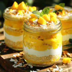 - 1 cup rolled oats - 1 cup coconut milk (or almond milk) - 1 ripe mango, diced - 1 tablespoon chia seeds - 1 tablespoon honey or maple syrup (optional) - 1/2 teaspoon vanilla extract - A pinch of salt - Toasted coconut flakes for garnish - Fresh mint leaves for garnish Coconut Mango Overnight Oats are simple to make and packed with flavor. They use rolled oats as a base, offering a chewy texture. You can choose coconut milk or almond milk based on your taste. Ripe mango adds natural sweetness and a lovely color. Chia seeds bring in healthy fats and help the oats thicken. You can sweeten the oats with honey or maple syrup, if you like. A dash of vanilla extract adds depth to the flavor. Just a pinch of salt balances all the tastes. For garnishes, toasted coconut flakes give a crunchy bite. Fresh mint leaves add a pop of color and freshness. Each ingredient plays a role in making this breakfast treat not only delicious but also visually appealing. Make sure you have all these items ready before you start. Having everything prepped makes the process smoother and faster. 1. Combining oats and chia seeds Start by taking a medium bowl. Add 1 cup of rolled oats and 1 tablespoon of chia seeds. Mix them well. This blend gives your oats a great texture and boosts nutrition. 2. Mixing wet ingredients Next, pour in 1 cup of coconut milk. Stir this mixture until it is smooth. If you want a touch of sweetness, add 1 tablespoon of honey or maple syrup. Then add 1/2 teaspoon of vanilla extract and a pinch of salt. Mix everything until combined. 3. Incorporating mango and assembling Now, fold in half of the diced mango. This adds a burst of flavor. Transfer the mixture into jars or containers. Seal them tightly to keep the flavors fresh. - Importance of chilling Chilling is key for perfect overnight oats. It helps the oats absorb the coconut milk. This makes them soft and creamy. - Recommended time for soaking Let your jars sit in the fridge overnight. If you’re in a hurry, four hours will work too. But overnight gives the best results. - Serving suggestions The next morning, stir the oats well. Top with the remaining diced mango. Add toasted coconut flakes for crunch. If you like, sprinkle fresh mint leaves on top for a fresh taste. - Final touches for presentation Serve your oats in clear jars. This shows off the beautiful layers. A few slices of mango on top make it look extra special. Enjoy this energizing breakfast treat! You can change the sweetness of your oats. A ripe mango is sweet enough for many. If you want more sweetness, add honey or maple syrup. Start with one tablespoon. Taste it and add more if needed. You can also use stevia or agave syrup for a healthier option. Getting the right texture is key. Use equal parts of rolled oats and liquid. For this recipe, one cup of oats needs one cup of coconut milk. Stir well before serving to mix the ingredients. This helps make your oats creamy and smooth. You can boost flavor with extracts or spices. A drop of vanilla extract adds warmth. Try a dash of cinnamon or nutmeg for a new twist. For garnishing, add toasted coconut flakes and fresh mint leaves. They give a nice crunch and a pop of color. {{image_2}} You can change the fruit for a fun twist. Other tropical fruits work great. Try pineapple or passion fruit for a new flavor. Seasonal fruits also shine in this dish. Berries in summer add a fresh taste. In fall, use apples or pears for a cozy feel. Adding different nuts can boost flavor and texture. Almonds and walnuts complement coconut well. They give a nice crunch. You can also mix in seeds like pumpkin or sunflower. These seeds are rich in vitamins and good fats. They help keep you full longer. You can choose from many milk options. Coconut milk makes the oats creamy and rich. Almond milk gives a lighter taste. If you prefer dairy, cow’s milk works well too. Each milk changes the flavor slightly. Experiment to find your favorite! To keep your coconut mango overnight oats fresh, use glass jars or airtight containers. These options seal in flavor and moisture. Store your oats in the fridge for up to three days. After that, they may lose texture or taste. Reheating is not necessary for overnight oats. They taste great cold! If you prefer them warm, heat them gently in the microwave. Add a splash of coconut milk to keep them creamy. Stir well and enjoy! Yes, you can freeze overnight oats! Portion them into freezer-safe containers. They can last up to three months in the freezer. When you’re ready to eat, thaw them in the fridge overnight. This keeps them fresh and tasty for your next breakfast. To make Coconut Mango Overnight Oats, start with rolled oats and chia seeds. Mix them in a bowl. Then, add coconut milk and stir until smooth. You can sweeten it with honey or maple syrup if you like. Add vanilla extract and a pinch of salt for flavor. Gently fold in half of the diced mango. Pour the mixture into jars and seal them. Let them sit in the fridge overnight or for at least four hours. This lets the oats soak up the milk and flavors. Overnight oats can last up to five days in the fridge. Keep them in tightly sealed jars. If you see any mold or notice a sour smell, it is best to toss them. Always check for signs of spoilage before eating. Yes, you can make Coconut Mango Overnight Oats ahead of time. They are great for meal prep. Prepare them on Sunday for a quick breakfast all week. Just remember to store them in the fridge. This makes mornings easy and delicious. Overnight oats are very healthy. They are high in fiber, which helps with digestion. The oats provide long-lasting energy. Chia seeds add omega-3 fatty acids, which are good for your heart. Coconut milk offers a creamy texture and healthy fats. Diced mango gives vitamins and natural sweetness. This breakfast is not only tasty but also full of nutrition. Coconut Mango Overnight Oats are simple to make and full of flavor. You combine basic ingredients like oats, chia seeds, and mango. We discussed how to prepare, chill, and serve these oats. You learned tips for sweetness and texture, alongside various mix-ins. Remember, these oats keep well, so meal prep is easy. Finally, feel free to experiment with your favorite fruits and nuts. Enjoy a healthy, tasty breakfast that fuels your day!