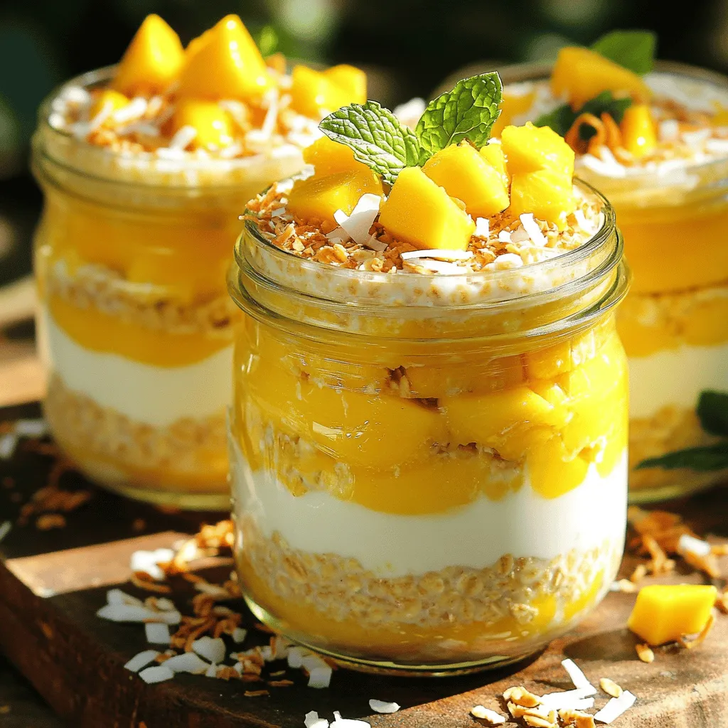 - 1 cup rolled oats - 1 cup coconut milk (or almond milk) - 1 ripe mango, diced - 1 tablespoon chia seeds - 1 tablespoon honey or maple syrup (optional) - 1/2 teaspoon vanilla extract - A pinch of salt - Toasted coconut flakes for garnish - Fresh mint leaves for garnish Coconut Mango Overnight Oats are simple to make and packed with flavor. They use rolled oats as a base, offering a chewy texture. You can choose coconut milk or almond milk based on your taste. Ripe mango adds natural sweetness and a lovely color. Chia seeds bring in healthy fats and help the oats thicken. You can sweeten the oats with honey or maple syrup, if you like. A dash of vanilla extract adds depth to the flavor. Just a pinch of salt balances all the tastes. For garnishes, toasted coconut flakes give a crunchy bite. Fresh mint leaves add a pop of color and freshness. Each ingredient plays a role in making this breakfast treat not only delicious but also visually appealing. Make sure you have all these items ready before you start. Having everything prepped makes the process smoother and faster. 1. Combining oats and chia seeds Start by taking a medium bowl. Add 1 cup of rolled oats and 1 tablespoon of chia seeds. Mix them well. This blend gives your oats a great texture and boosts nutrition. 2. Mixing wet ingredients Next, pour in 1 cup of coconut milk. Stir this mixture until it is smooth. If you want a touch of sweetness, add 1 tablespoon of honey or maple syrup. Then add 1/2 teaspoon of vanilla extract and a pinch of salt. Mix everything until combined. 3. Incorporating mango and assembling Now, fold in half of the diced mango. This adds a burst of flavor. Transfer the mixture into jars or containers. Seal them tightly to keep the flavors fresh. - Importance of chilling Chilling is key for perfect overnight oats. It helps the oats absorb the coconut milk. This makes them soft and creamy. - Recommended time for soaking Let your jars sit in the fridge overnight. If you’re in a hurry, four hours will work too. But overnight gives the best results. - Serving suggestions The next morning, stir the oats well. Top with the remaining diced mango. Add toasted coconut flakes for crunch. If you like, sprinkle fresh mint leaves on top for a fresh taste. - Final touches for presentation Serve your oats in clear jars. This shows off the beautiful layers. A few slices of mango on top make it look extra special. Enjoy this energizing breakfast treat! You can change the sweetness of your oats. A ripe mango is sweet enough for many. If you want more sweetness, add honey or maple syrup. Start with one tablespoon. Taste it and add more if needed. You can also use stevia or agave syrup for a healthier option. Getting the right texture is key. Use equal parts of rolled oats and liquid. For this recipe, one cup of oats needs one cup of coconut milk. Stir well before serving to mix the ingredients. This helps make your oats creamy and smooth. You can boost flavor with extracts or spices. A drop of vanilla extract adds warmth. Try a dash of cinnamon or nutmeg for a new twist. For garnishing, add toasted coconut flakes and fresh mint leaves. They give a nice crunch and a pop of color. {{image_2}} You can change the fruit for a fun twist. Other tropical fruits work great. Try pineapple or passion fruit for a new flavor. Seasonal fruits also shine in this dish. Berries in summer add a fresh taste. In fall, use apples or pears for a cozy feel. Adding different nuts can boost flavor and texture. Almonds and walnuts complement coconut well. They give a nice crunch. You can also mix in seeds like pumpkin or sunflower. These seeds are rich in vitamins and good fats. They help keep you full longer. You can choose from many milk options. Coconut milk makes the oats creamy and rich. Almond milk gives a lighter taste. If you prefer dairy, cow’s milk works well too. Each milk changes the flavor slightly. Experiment to find your favorite! To keep your coconut mango overnight oats fresh, use glass jars or airtight containers. These options seal in flavor and moisture. Store your oats in the fridge for up to three days. After that, they may lose texture or taste. Reheating is not necessary for overnight oats. They taste great cold! If you prefer them warm, heat them gently in the microwave. Add a splash of coconut milk to keep them creamy. Stir well and enjoy! Yes, you can freeze overnight oats! Portion them into freezer-safe containers. They can last up to three months in the freezer. When you’re ready to eat, thaw them in the fridge overnight. This keeps them fresh and tasty for your next breakfast. To make Coconut Mango Overnight Oats, start with rolled oats and chia seeds. Mix them in a bowl. Then, add coconut milk and stir until smooth. You can sweeten it with honey or maple syrup if you like. Add vanilla extract and a pinch of salt for flavor. Gently fold in half of the diced mango. Pour the mixture into jars and seal them. Let them sit in the fridge overnight or for at least four hours. This lets the oats soak up the milk and flavors. Overnight oats can last up to five days in the fridge. Keep them in tightly sealed jars. If you see any mold or notice a sour smell, it is best to toss them. Always check for signs of spoilage before eating. Yes, you can make Coconut Mango Overnight Oats ahead of time. They are great for meal prep. Prepare them on Sunday for a quick breakfast all week. Just remember to store them in the fridge. This makes mornings easy and delicious. Overnight oats are very healthy. They are high in fiber, which helps with digestion. The oats provide long-lasting energy. Chia seeds add omega-3 fatty acids, which are good for your heart. Coconut milk offers a creamy texture and healthy fats. Diced mango gives vitamins and natural sweetness. This breakfast is not only tasty but also full of nutrition. Coconut Mango Overnight Oats are simple to make and full of flavor. You combine basic ingredients like oats, chia seeds, and mango. We discussed how to prepare, chill, and serve these oats. You learned tips for sweetness and texture, alongside various mix-ins. Remember, these oats keep well, so meal prep is easy. Finally, feel free to experiment with your favorite fruits and nuts. Enjoy a healthy, tasty breakfast that fuels your day!