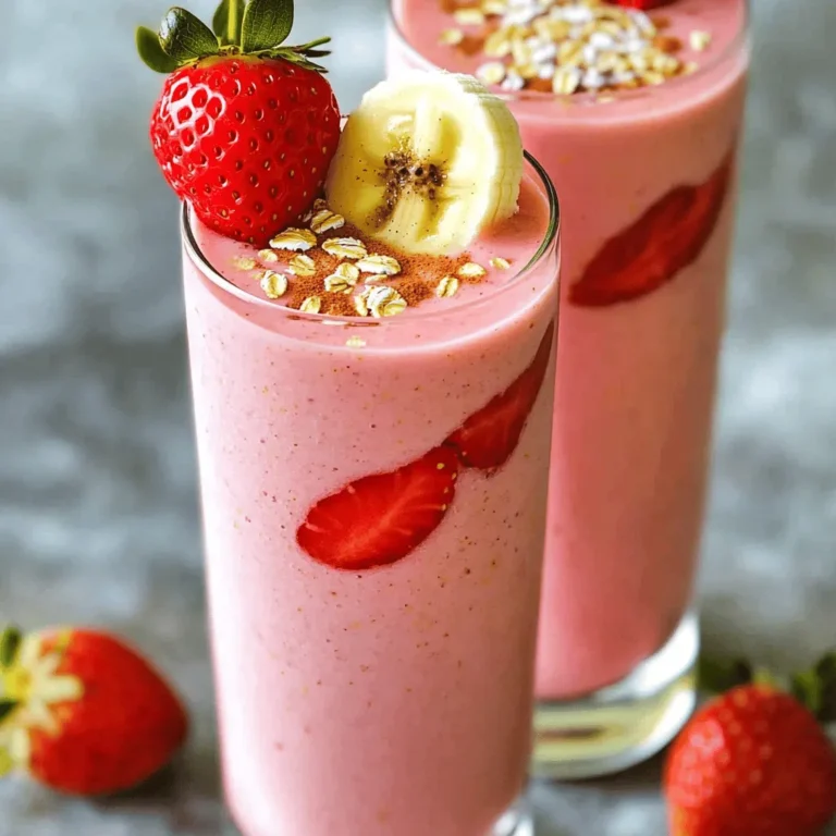 To make a tasty Strawberry Banana Oat Smoothie, gather these ingredients: - 1 cup fresh strawberries, hulled - 1 ripe banana, sliced - 1/2 cup rolled oats - 1 cup almond milk (or any milk of choice) - 1/2 teaspoon vanilla extract - A pinch of cinnamon You can make your smoothie even better with these extras: - 1 tablespoon honey or maple syrup - 1/4 cup Greek yogurt (for creaminess) - Ice cubes (for a chilled smoothie) Each ingredient brings great health perks: - Strawberries: They are low in calories and high in vitamin C. They help boost your immune system. - Bananas: They add natural sweetness and potassium, which helps your heart and muscles. - Rolled oats: They are full of fiber. They keep you full and aid digestion. - Almond milk: It is low in calories and free from dairy. It’s great for lactose-free diets. - Greek yogurt: It adds protein and creaminess. It also helps with gut health. These ingredients combine to make a delicious and healthy smoothie that you will love. To start, gather your ingredients. You need one cup of fresh strawberries, hulled and washed. Next, take one ripe banana and slice it into pieces. Measure half a cup of rolled oats. This will add fiber and texture. Use one cup of almond milk or any milk you like. If you want extra sweetness, grab one tablespoon of honey or maple syrup. You can also add a half teaspoon of vanilla extract and a pinch of cinnamon for flavor. If you like creaminess, you can include a quarter cup of Greek yogurt. Lastly, if you want your smoothie cold, have some ice cubes ready. Now, let’s blend! In your blender, combine the strawberries, banana slices, rolled oats, and almond milk. If you chose to add honey or maple syrup, pour that in too. Add the vanilla extract and cinnamon now. If you want a creamier smoothie, toss in the Greek yogurt. Blend everything on high speed. You want it smooth and creamy. Make sure there are no chunks of fruit or oats left. After blending, check the texture and taste. If your smoothie is too thick, add a little more almond milk. If you want it sweeter, add more honey or maple syrup. For a colder drink, toss in a few ice cubes and blend again. Taste it once more to make sure you love it. When it’s just right, pour the smoothie into tall glasses. If needed, give it a light stir to mix any settled ingredients. Enjoy your delicious strawberry banana oat smoothie! To get the best texture for your smoothie, follow these tips: - Use a powerful blender: A good blender helps mix everything smoothly. - Add liquid first: Pour in almond milk or your choice of milk first. This helps the blades move freely. - Blend in stages: Start on low speed, then increase to high. This helps break down the oats and fruit better. Sweetness can vary based on your fruit. Here are some ways to adjust: - Taste before serving: Blend, taste, and decide if it needs more sweetness. - Add honey or maple syrup: These natural sweeteners work great. Start with one tablespoon and mix well. - Use ripe bananas: Ripe bananas add more natural sweetness. Serve your smoothie with flair! Here are some fun ideas: - Use tall glasses: They make the smoothie look appealing. - Garnish with fruit: Add a slice of banana or a whole strawberry on the rim. - Sprinkle oats or cinnamon on top: This gives a nice touch and looks pretty. Enjoy making your Strawberry Banana Oat Smoothie with these tips! {{image_2}} You can mix and match fruits in your smoothie. Use fresh or frozen fruits based on your taste. Here are some tasty options: - Blueberries: They add a sweet and tangy flavor. - Mango: This gives a tropical twist. - Peaches: They bring a nice sweetness and aroma. Feel free to experiment with different fruits. Each one will change the taste and nutrition. If you want a dairy-free smoothie, use almond milk, coconut milk, or oat milk. These options keep it creamy without dairy. You can also skip Greek yogurt for a lighter drink. Here’s how to make it dairy-free: - Replace Greek yogurt with more oats for texture. - Use a plant-based sweetener like maple syrup. This way, everyone can enjoy the smoothie! Want to boost your smoothie? Add superfoods for extra health benefits. Here are some great choices: - Chia seeds: They add fiber and omega-3 fatty acids. - Spinach: This greens boost vitamins without changing taste. - Protein powder: It helps keep you full and adds protein. - Nut butter: Almond or peanut butter adds healthy fats and flavor. Try adding one or more superfoods based on your health goals. Each will enhance the nutrition while keeping it delicious! If you have leftover smoothie, pour it into a clean jar. Make sure to seal it tight. Store it in the fridge for up to 24 hours. The smoothie will taste fresh for a bit, but not as good as when it was made. Shake it well before sipping. Freezing is a great option if you want to keep the smoothie longer. Pour the smoothie into ice cube trays or freezer bags. Make sure to leave some space in the bag for expansion. You can keep it in the freezer for up to three months. When you want to drink it, take out the cubes or bag and let it thaw in the fridge overnight. When you’re ready to enjoy your stored smoothie, re-blending helps bring it back to life. Just add a bit of fresh milk or water to thin it out. Blend it until smooth again. This will help mix any settled ingredients. Enjoy your smoothie like it’s fresh! Yes, you can use frozen strawberries and bananas. They add a nice chill to your smoothie. Frozen fruits make the smoothie thicker and creamier. If you choose frozen, skip the ice cubes to avoid a watery mix. To make the smoothie vegan, simply swap almond milk for any plant-based milk. You can use oat milk, soy milk, or coconut milk. For sweetening, replace honey with maple syrup. This keeps it plant-based while still tasting great. Oats are great for your health. They add fiber, which helps with digestion. Fiber keeps you full longer, making it a good choice for breakfast or a snack. Oats also have vitamins and minerals that support your body. They can lower cholesterol and help with heart health. This blog post covers everything you need for a great smoothie. You learned about essential and optional ingredients, their benefits, and step-by-step instructions for making the perfect blend. I shared tips to improve texture, flavor, and presentation. Additionally, we explored different variations and storage methods to keep your smoothies fresh. Remember, smoothies are fun and flexible. Experiment with new fruits and extras. Enjoy making your next tasty and healthy drink!