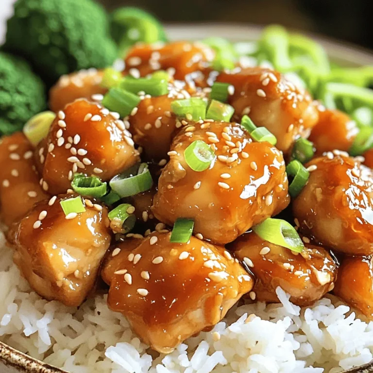 - 500g boneless chicken thighs, cubed - 1/4 cup honey - 1/4 cup soy sauce - 4 cloves garlic, minced - 1 tablespoon fresh ginger, grated - 1 tablespoon sesame oil - 2 tablespoons cornstarch - 2 tablespoons vegetable oil - 1 tablespoon sesame seeds - 3 green onions, sliced (for garnish) Gather these ingredients to make a tasty Honey Garlic Sesame Chicken. Using boneless chicken thighs makes the dish juicy and flavorful. Honey adds sweetness, while soy sauce gives a nice salty touch. Garlic and ginger bring warmth and depth to the dish. Sesame oil adds a rich, nutty flavor. Cornstarch helps thicken the sauce, giving it a nice coat on the chicken. Vegetable oil is great for frying, ensuring the chicken gets crispy. Don’t forget the garnishes! Sesame seeds and green onions make the dish look pretty and add a bit of crunch. - In a mixing bowl, combine honey, soy sauce, minced garlic, grated ginger, and sesame oil. - Whisk until well blended to create the marinade. This ensures all flavors mix well. - Add the cubed chicken thighs to the marinade. Ensure each piece is well coated. - Cover and marinate in the refrigerator for at least 30 minutes. For more flavor, marinate up to 2 hours. - In a large skillet or wok, heat vegetable oil over medium-high heat. - Add the marinated chicken and sauté until golden brown and cooked through. This takes about 5-7 minutes. Stir occasionally to avoid burning. - Once the chicken is cooked, sprinkle cornstarch over the chicken and stir well to coat. - Pour in the reserved marinade over the chicken and bring to a simmer. Cook for another 2-3 minutes until the sauce thickens. - Finally, sprinkle sesame seeds over the chicken and toss to combine. Season with salt and pepper to taste. To get the best flavor, coat the chicken well in the marinade. Use a bowl and mix honey, soy sauce, garlic, ginger, and sesame oil. Let the chicken sit in this mix. Aim for at least 30 minutes in the fridge. If you have extra time, two hours works wonders too. Heat your skillet or wok over medium-high heat. You want it hot enough to sear the chicken but not too hot to burn it. When you add the chicken, stir it often. This helps it cook evenly and prevents burning. Serve your honey garlic sesame chicken over jasmine rice. This adds a nice touch. For garnish, sprinkle sliced green onions on top. You can also add sesame seeds for crunch. A side of steamed broccoli adds color and makes the meal more balanced. {{image_2}} You can switch chicken thighs for chicken breasts. Chicken breasts are leaner but still tasty. They cook faster, so watch them closely. If you want seafood, try shrimp. Just sauté shrimp until they turn pink. For a plant-based option, use tofu. Press and cube it before marinating. Tofu absorbs flavors well, making it a great choice. Adding spices can boost the flavor. Try chili flakes for a spicy kick. You can also add vegetables like bell peppers. Slice them thin and toss them in while cooking. They add color and crunch to the dish. Another option is to include snap peas or broccoli for extra nutrition. Feel free to experiment with different sauces. Teriyaki sauce can give a sweet and salty twist. You might also enjoy a spicy sriracha glaze for heat. If you're out of honey, use maple syrup or agave nectar. Both add sweetness while keeping the dish flavorful. To keep your honey garlic sesame chicken fresh, place it in an airtight container. Make sure to let it cool down first. This helps prevent moisture build-up. Store it in the fridge for up to four days. Always check for any off smells or discoloration before eating. If you want to save some for later, freezing is a great choice. First, let the chicken cool completely. Then, place it in a freezer-safe bag. Try to remove as much air as possible before sealing. You can freeze it for up to three months. When you're ready to eat, thaw it in the fridge overnight. This helps keep the chicken juicy. When reheating, aim for low to medium heat. This keeps the chicken tender and flavorful. You can use a skillet or microwave. If using a skillet, add a splash of water or broth to help steam it. Heat until it reaches 165°F (74°C) for safe consumption. You can use maple syrup as a substitute for honey. It adds sweetness and flavor. Agave syrup is another option. Both will give a nice taste, just like honey. Yes, you can make this dish in advance. Marinate the chicken and store it in the fridge. You can keep it there for up to two hours for best flavor. Cook it when you're ready. Check the chicken for an internal temperature of 165°F (75°C). You can also cut a piece in the thickest part. If the meat is no longer pink, it is done. Honey Garlic Sesame Chicken goes well with several sides. Steamed jasmine rice is a classic choice. You can also serve it with broccoli or stir-fried veggies for a colorful plate. This recipe is not gluten-free due to the soy sauce. You can use a gluten-free soy sauce instead. Look for brands labeled gluten-free to enjoy this dish without worry. In this post, we explored the key ingredients for Honey Garlic Sesame Chicken, including chicken thighs, honey, soy sauce, and essential aromatics like garlic and ginger. We covered how to prepare, marinate, and cook the chicken, highlighting helpful tips for flavor and presentation. You can experiment with variations, using other proteins or sauces. Remember to store leftovers properly and reheat them for the best taste. With practice, you’ll master this dish, impressing everyone at your table. Enjoy the journey of cooking this delicious meal!