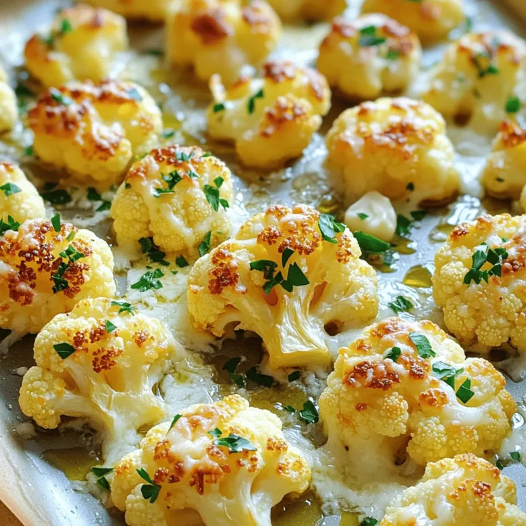 Here is what you need to make Garlic Parmesan Roasted Cauliflower: - 1 medium head of cauliflower, cut into florets - 4 cloves of garlic, minced - 1/4 cup grated Parmesan cheese - 3 tablespoons olive oil - 1 teaspoon garlic powder - 1 teaspoon paprika - Salt and pepper to taste - Fresh parsley, chopped (for garnish) Each ingredient plays a key role. The cauliflower brings a nice texture. Garlic adds a strong flavor. Parmesan gives a rich, cheesy taste. Olive oil helps everything roast well. Garlic powder and paprika enhance the taste even more. Lastly, salt and pepper bring all the flavors together. When you gather these ingredients, make sure they are fresh. Fresh garlic and cauliflower make a big difference. I always recommend using high-quality cheese. It improves the dish's overall flavor. You’ll love how these simple ingredients create a tasty side dish everyone will enjoy. First, set your oven to 425°F (220°C). This is the perfect heat for roasting. Next, grab a baking sheet and line it with parchment paper. This keeps the cauliflower from sticking and makes clean-up easy. In a large bowl, add the cauliflower florets. Then, mix in the minced garlic and olive oil. Add garlic powder, paprika, salt, and pepper. Toss everything well until the cauliflower is coated. It should look shiny and flavorful. Spread the coated cauliflower in a single layer on the baking sheet. This helps it cook evenly. Roast the cauliflower for 20 minutes. Keep an eye on it; you want it tender but not mushy. If you like a little char, let it roast a bit longer. After 20 minutes, take the baking sheet out of the oven. Sprinkle the grated Parmesan cheese over the cauliflower. This adds a rich flavor. Return the baking sheet to the oven for another 10-15 minutes. You want the cheese to melt and get golden. Once it looks bubbly and delicious, it’s ready to be enjoyed. To get crispy cauliflower, follow these tips: - Cut cauliflower into even florets. This helps them cook at the same rate. - Use a hot oven, around 425°F (220°C). This ensures a nice brown color. - Spread the florets in one layer on the baking sheet. Crowding them can make them steam. - Toss with olive oil and spices well. This helps all sides get crispy. You can add fun flavors to your cauliflower: - Try adding a pinch of cayenne for heat. - Use Italian herbs like oregano or thyme for a fresh taste. - A squeeze of lemon juice brightens the dish. - Experiment with smoked paprika for a deeper flavor. Garlic Parmesan Roasted Cauliflower pairs well with many dishes: - Serve it as a side with grilled chicken or fish. - Mix it into a salad for added crunch and flavor. - Use it as a topping on pizza for a gourmet touch. - It’s great with pasta or risotto for a hearty meal. {{image_2}} You can easily add protein to your Garlic Parmesan Roasted Cauliflower. For meat lovers, try mixing in grilled chicken or shrimp. These proteins add flavor and make the dish heartier. If you prefer plant-based options, consider adding chickpeas or tofu. Both options pack protein and can soak up the tasty garlic and cheese flavors. While Parmesan is classic, other cheeses can bring a new twist. Try using feta for a tangy kick. Cheddar adds a sharp flavor that many enjoy. For a creamy finish, you could use goat cheese. Each cheese gives the dish a unique taste, so feel free to experiment! Herbs and spices can really change this dish. If you love heat, add a pinch of cayenne pepper. For a fresh taste, toss in some thyme or rosemary. These herbs complement the garlic well. You can also try lemon zest for brightness. Mixing and matching spices lets you create your perfect flavor profile! To keep your Garlic Parmesan Roasted Cauliflower fresh, store it in an airtight container. Place it in the fridge within two hours of cooking. It stays great for about 3 to 5 days. If you want to keep it longer, freeze the cauliflower. Use a freezer-safe bag or container. It can last up to 3 months in the freezer. Just remember to label it with the date! When you’re ready to enjoy leftovers, reheating is key. The best method is to use the oven. Preheat it to 350°F (175°C). Spread the cauliflower on a baking sheet. Heat for about 10 to 15 minutes. This keeps the texture crispy and the cheese flavorful. You can also use a microwave, but it may make the cauliflower soft. If you go this route, heat in short bursts for about 1 to 2 minutes. This dish is best when fresh. It stays tasty in the fridge for about 3 to 5 days. If frozen, it keeps well for 3 months. After that, the quality may drop, but it’s still safe to eat. Always check for signs of spoilage, like an odd smell or discoloration, before eating leftovers. Yes, you can use frozen cauliflower. Just thaw it first. Pat it dry to remove excess moisture. This helps the cauliflower roast well. The cooking time may be a bit longer. Check for tenderness to know when it's done. To make this dish vegan, skip the Parmesan cheese. You can use nutritional yeast instead. It gives a cheesy flavor without dairy. Also, make sure the olive oil is pure. This keeps the recipe plant-based and delicious. This roasted cauliflower pairs well with many dishes. Try serving it with grilled chicken or fish. It also goes great with quinoa or rice. For a vegetarian option, serve it next to a hearty salad. You can also enjoy it as an appetizer. Yes, you can prep this dish ahead of time. Cut the cauliflower and mix the ingredients. Store them in the fridge for up to one day. When you’re ready, just roast it as directed. It saves you time and still tastes great. Absolutely! You can use a vegan cheese alternative. Or try a different hard cheese like Pecorino or Grana Padano. Each will give a unique flavor. Just remember to adjust the quantity based on taste. Enjoy experimenting with your favorites! This blog post showed you how to make Garlic Parmesan Roasted Cauliflower. You learned the key ingredients, easy steps, and important tips for perfecting the dish. We covered ways to boost flavor and different variations to try. Remember to store leftovers properly and reheat them well. Enjoy this tasty recipe that offers crispiness and rich flavor. It’s a versatile side that pairs well with many meals. Cooking should be fun, so feel free to experiment with your favorite ingredients. Happy cooking!