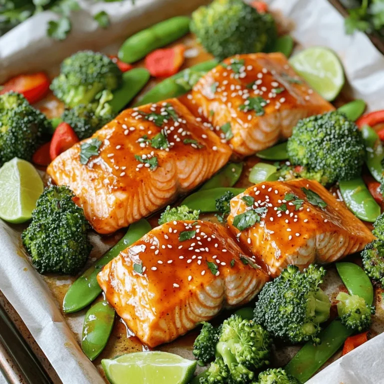 For this dish, you need four fresh salmon fillets. Look for fillets that are bright in color and firm to the touch. Fresh salmon has a clean smell, not fishy. The fillets will soak up the sweet chili ginger sauce, making them very tasty. This sauce is the star of the dish. You will need: - 1/4 cup sweet chili sauce - 2 tablespoons fresh ginger, grated - 2 tablespoons soy sauce - 1 tablespoon honey - 1 tablespoon lime juice Mix these ingredients well. The sweet chili sauce adds sweetness, while the ginger gives a nice kick. Soy sauce adds salt, honey adds depth, and lime juice brightens the whole mix. This sauce makes the salmon and veggies burst with flavor. To balance the rich salmon, I love using colorful vegetables. For this recipe, gather: - 2 cups broccoli florets - 1 red bell pepper, sliced - 1 cup snap peas - 2 tablespoons sesame oil - Salt and pepper to taste These veggies add crunch and color. The broccoli and snap peas are crisp, while the red bell pepper adds sweetness. Toss them in sesame oil before baking. This oil complements the salmon and enhances the dish. Start by preheating your oven to 400°F (200°C). This heat helps the salmon cook evenly. Line a large sheet pan with parchment paper. This makes cleanup easy. In a small bowl, mix together the sweet chili sauce, fresh ginger, soy sauce, honey, and lime juice. Whisk until smooth. Place the salmon fillets on the sheet pan. Season them with salt and pepper. Brush the sweet chili mixture over the salmon. Make sure each piece is well coated. Grab another bowl for the veggies. Add the broccoli florets, sliced red bell pepper, and snap peas. Pour in the sesame oil. Toss the vegetables until they are evenly coated. Sprinkle a pinch of salt and pepper over them. Arrange the tossed vegetables around the salmon on the sheet pan. Slide the pan into the oven. Bake for 12-15 minutes. The salmon should flake easily with a fork. The vegetables need to be tender but still crisp. Once done, take the pan out. Garnish the salmon with sesame seeds and lime wedges for a burst of flavor. To get perfectly cooked salmon, start with fresh fillets. Look for bright, shiny skin. This means the fish is fresh. Preheat your oven to 400°F (200°C) for even cooking. Bake the salmon for 12-15 minutes. Check if the salmon flakes easily with a fork. If it does, it is ready! If the salmon is thick, it may need a bit more time. Always use a meat thermometer. The internal temperature should reach 145°F (63°C). For a flavor boost, try adding more spices. A pinch of red pepper flakes adds heat. You can also add minced garlic for depth. If you like a sweet touch, drizzle more honey on top. For a zesty kick, add lime zest to the sauce. Don't forget to let the salmon marinate for 15-30 minutes. This helps the flavors soak in. Using fresh herbs like cilantro or basil also lifts the dish. Presentation makes your meal shine. You can serve the salmon straight from the sheet pan. This gives a casual, fun vibe. If you want something fancier, transfer it to a platter. Garnish the salmon with sesame seeds and lime wedges. Add a sprinkle of fresh cilantro or green onions for color. Arrange the veggies around the salmon for a vibrant look. People eat with their eyes first, so make it pop! {{image_2}} You can switch up the veggies in this dish. Broccoli, red bell pepper, and snap peas work great, but many others can shine too. Try carrots, asparagus, or zucchini for new tastes. Each veggie brings its own flavor and texture. This keeps your dish fresh and exciting every time you make it. Do you like heat? You can add more spice to your sweet chili sauce. A pinch of red pepper flakes adds a nice kick. If you prefer mild flavors, reduce the sweet chili sauce. The balance between sweet and spicy can really change the dish. You can find your perfect level of heat. No salmon? No problem! You can use other fish like trout or cod. Chicken also works if you prefer poultry. Just adjust the cooking time based on what you use. Each option offers a unique taste, so feel free to experiment. You might just discover a new favorite! To keep your Sheet Pan Sweet Chili Ginger Salmon fresh, store it in the fridge. Place leftover salmon and veggies in an airtight container. This helps retain flavor and texture. You can refrigerate them for up to three days. When ready to eat, check for any off smells or discoloration. If everything looks good, you can reheat and enjoy! If you want to save some for later, freezing is a great option. First, let the salmon and veggies cool completely. Wrap them tightly in plastic wrap or foil. Then, place them in a freezer-safe bag. Label the bag with the date. You can freeze the dish for up to three months. When you’re ready to eat, thaw it in the fridge overnight. To reheat, preheat your oven to 350°F (175°C). Place the salmon and veggies on a baking sheet. Cover them with foil to keep moisture in. Bake for about 10-15 minutes, or until heated through. You can also reheat in the microwave. Heat in short bursts, stirring in between to ensure even warming. Enjoy your tasty meal! You can serve this dish with rice or quinoa. Both pair well with the flavors. A fresh green salad adds crunch and brightness too. You might also enjoy a side of crusty bread to soak up the sauce. For a fun twist, try serving it in lettuce wraps. This gives a fresh, crunchy bite that contrasts nicely with the salmon. The salmon is done when it flakes easily with a fork. It should have a bright pink color in the center. If you have a food thermometer, the internal temperature should reach 145°F (63°C). If you press the salmon with a fork, it should feel firm, not mushy. Watch closely as it cooks; overcooked salmon can become dry. Yes, you can use other fish like trout or tilapia. These fish have a similar texture and cook quickly. Just remember to adjust cooking times if needed. Thicker fish will take longer to cook, while thinner ones will cook faster. Always check for doneness with the same methods used for salmon. This way, you'll enjoy a tasty meal no matter the fish! You can create a quick and healthy dish with salmon, sweet chili ginger sauce, and veggies. I shared step-by-step instructions to help you bake it perfectly. Use my tips to ensure your salmon turns out great every time. You can even try different veggies or fish for new flavors. Don’t forget about storing leftovers safely. This easy recipe makes meal prep fun and delicious. Enjoy your cooking adventure and impress your family with this tasty dish!