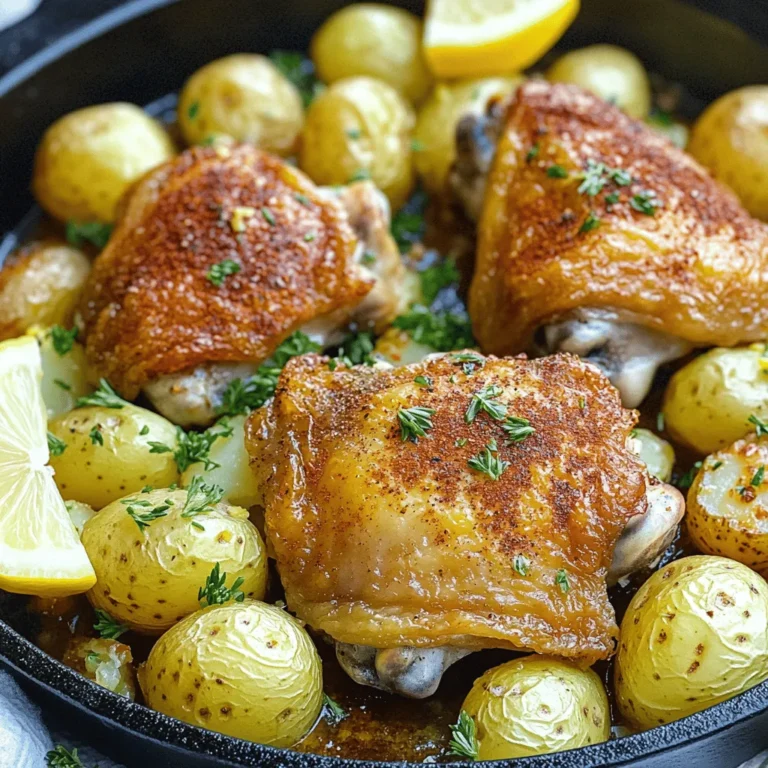 For this tasty dish, gather these fresh ingredients: - 4 bone-in, skin-on chicken thighs - 1 pound baby potatoes, halved - 4 cloves garlic, minced - 1 tablespoon fresh rosemary, chopped - 1 tablespoon fresh thyme, chopped - 2 tablespoons olive oil - 1 teaspoon paprika - Salt and pepper to taste - Juice of 1 lemon - Fresh parsley, chopped (for garnish) To make this meal, accurate measurements help. Here’s how you can adjust: - Chicken thighs: You can swap bone-in thighs for boneless. This cuts cooking time. - Potatoes: If you prefer, use larger potatoes. Just cut them into smaller pieces. - Herbs: Fresh herbs give great flavor. If you have dried herbs, use 1 teaspoon for each tablespoon. - Olive oil: Any cooking oil can work, but olive oil adds a lovely taste. - Paprika: For a smoky flavor, use smoked paprika instead. Fresh herbs taste bright and lively. They bring a special touch to your dish. I love using fresh rosemary and thyme in this recipe. Dried herbs, on the other hand, are handy and last longer. They can still give nice flavor but may lack some freshness. If you choose dried herbs, remember: - Use less, as they are stronger. - Add them early in cooking to let their flavors bloom. Using fresh herbs elevates this meal. But if you only have dried ones, don’t worry! You can still make a delicious dish. Start by preheating your oven to 425°F (220°C). This high heat will help crisp the chicken skin and brown the potatoes. While the oven heats, grab a large mixing bowl. Add halved baby potatoes, minced garlic, chopped rosemary, chopped thyme, olive oil, paprika, salt, and pepper. Toss everything well. Ensure the potatoes are fully coated in flavors. Next, place the chicken thighs skin-side up in a roasting pan or cast-iron skillet. Squeeze the juice from one lemon over the chicken. Then, season the chicken with salt and pepper. This step is key for great flavor. Arrange the seasoned potatoes around the chicken in the pan. Drizzle any remaining oil and herbs from your mixing bowl over the chicken and potatoes. Roast everything in the preheated oven for about 35 to 40 minutes. The chicken is done when it reaches an internal temperature of 165°F (74°C). The skin should be crispy and the potatoes tender and golden brown. Use a meat thermometer to check the chicken's doneness. This tool is simple and helps avoid any guesswork. To check if the chicken is fully cooked, insert a meat thermometer into the thickest part of the thigh, avoiding the bone. If it reads 165°F (74°C), it's ready. For the potatoes, pierce them with a fork. They should be soft and easy to cut. If the chicken isn't done, return it to the oven for a few more minutes. Always let the dish rest for 5 minutes after cooking. This step allows juices to settle and enhances the flavor. To get the best crispy chicken skin, start with bone-in, skin-on thighs. Pat the skin dry with a paper towel. This step removes moisture for better crisping. Next, use olive oil to coat the skin. This helps it brown nicely. Season with salt and pepper. The salt draws out moisture, enhancing crispiness. Roast in a hot oven at 425°F. This high heat cooks the skin quickly. After 35-40 minutes, check if the skin is golden and crispy! Flavor balance is key for this dish. Use fresh herbs like rosemary and thyme for a bright taste. Minced garlic adds depth, while lemon juice gives a fresh zing. Don’t forget the salt and pepper. These simple seasonings enhance all the flavors. Taste the potatoes as you mix them. Adjust the seasoning if needed. This small step makes a big difference. When everything cooks together, the tastes blend. You’ll enjoy a savory and satisfying meal. To make this dish, a few tools are very helpful. A large mixing bowl is great for tossing the potatoes and herbs. Use a roasting pan or cast-iron skillet for even cooking. A meat thermometer is a must. It helps you check if the chicken is done. Aim for an internal temperature of 165°F. A paper towel is handy for drying the chicken skin. Lastly, have a sharp knife ready for cutting the chicken and potatoes. These tools make your cooking easier and more fun! {{image_2}} You can boost your meal by adding seasonal veggies. Carrots, bell peppers, and zucchini work well. Chop them into bite-sized pieces. Mix them with the potatoes and herbs. This adds color and nutrients to your dish. It also gives new flavors. Try using vegetables that are fresh and in season for the best taste. If you want to switch up the protein, you have options. Chicken breasts or drumsticks are great choices. For a plant-based option, try chickpeas or tofu. Just adjust the cooking time. Make sure the chicken reaches 165°F (74°C), or the tofu is golden brown. This keeps your meal exciting and allows for variety. Herbs can change the taste of your dish. If you want to try something new, swap rosemary and thyme. Basil, oregano, or dill can add unique flavors. Mix and match them based on your taste. Fresh herbs give a bright flavor, while dried ones offer convenience. Experiment to find your favorite blend, and enjoy the fresh taste in every bite! After enjoying your garlic herb chicken and potatoes, let the leftovers cool. Place the chicken and potatoes in an airtight container. This helps keep them fresh. Store them in the fridge for up to three days. If you want to keep them longer, freezing is a great option. To reheat your garlic herb chicken and potatoes, first, take them out of the fridge. Preheat your oven to 350°F (175°C). Place the chicken and potatoes in a baking dish. Cover with foil to keep moisture in. Heat for about 20-25 minutes. Check to make sure everything is hot throughout. You can also use a microwave, but the oven keeps the skin crispy. If you have extra garlic herb chicken and potatoes, freezing is easy. Let the dish cool completely. Then, wrap the food tightly in plastic wrap. Place it in a freezer-safe bag or container. Label it with the date. This dish can stay in the freezer for up to three months. To enjoy later, let it thaw in the fridge overnight before reheating. Yes, you can use boneless chicken for this dish. Boneless chicken cooks faster than bone-in chicken. To keep it juicy, reduce the cooking time. Aim for 25-30 minutes in the oven. Check that it reaches 165°F for safety. You have many great options to pair with Garlic Herb Chicken and Potatoes. Here are some ideas: - A simple green salad adds freshness. - Steamed broccoli or green beans bring color and nutrients. - Garlic bread gives a nice crunch. - Rice or quinoa can soak up the chicken’s juices. Absolutely! A slow cooker works well for this recipe. Start by searing the chicken in a pan for flavor. Then, add all the ingredients to the slow cooker. Cook on low for 6-7 hours or high for 3-4 hours. The chicken will be tender, and the potatoes will absorb all the tasty herbs. This blog post covered the essentials of making Garlic Herb Chicken and Potatoes. We explored the key ingredients and their measurements. You learned tips for cooking perfectly, like checking doneness and achieving crispy skin. We also discussed how you can vary the recipe with different veggies and proteins. In closing, remember to experiment with flavors and adjust as you like. Enjoy your cooking journey!