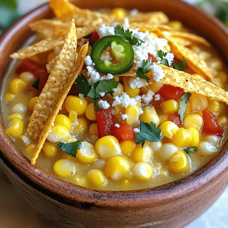 - 4 cups fresh or frozen corn kernels - 1 medium onion, diced - 2 cloves garlic, minced - 1 red bell pepper, diced - 1 jalapeño pepper, seeded and minced (adjust to preference) - 4 cups vegetable broth - 1 teaspoon ground cumin - 1 teaspoon smoked paprika - 1 tablespoon lime juice - 1/2 cup heavy cream or coconut milk - Salt and pepper to taste - Fresh cilantro, chopped (for garnish) - Crumbled cotija cheese (optional, for garnish) - Tortilla strips (for added crunch) Each ingredient plays a key role in making this soup burst with flavor. The corn gives a sweet base. The onion and garlic add depth. Red bell pepper brings a nice color and sweetness. The jalapeño gives it a kick, but you can adjust it to your taste. Vegetable broth serves as a rich backdrop and keeps it hearty. Ground cumin and smoked paprika bring warmth and a slight smokiness. Lime juice adds brightness, making each bite fresh. Heavy cream or coconut milk rounds it out, giving a creamy texture. Finish with salt and pepper to enhance all the flavors. Fresh cilantro adds a burst of color and herby goodness. If you like, sprinkle some crumbled cotija cheese on top for a salty touch. Finally, tortilla strips add a delightful crunch. With these ingredients, you can create a soup that feels like a warm hug on a chilly day. 1. Set the Instant Pot to 'Sauté' mode. This step gets your pot ready. It heats up fast. 2. Add olive oil and sauté onion. Pour in a drizzle of olive oil. Let it warm. Add the diced onion. Cook for about 3-4 minutes. The onion should turn soft and clear. 3. Incorporate garlic, red bell pepper, and jalapeño. Next, add minced garlic, diced red bell pepper, and minced jalapeño. Stir them around for another 2 minutes. This will bring out their flavors. 1. Add the main ingredients to the pot. Now, mix in corn kernels, vegetable broth, ground cumin, smoked paprika, and lime juice. Give it a good stir. This creates a rich base for your soup. 2. Seal the Instant Pot and cook. Close the lid tightly. Make sure the valve is set to 'Sealing.' Choose 'Manual' mode and set it for 8 minutes. 3. Quick release of pressure. After the time is up, carefully do a quick release. Watch out for steam. Once the pressure is gone, you can open the lid. 1. Stir in cream or coconut milk. Add heavy cream or coconut milk for a creamy touch. This makes the soup smooth and rich. 2. Season and blend flavors. Taste the soup and add salt and pepper as needed. Let it simmer on 'Sauté' mode for 5 more minutes. This helps all the flavors mix well. 3. Serving suggestions. Serve the soup hot. Top it with fresh cilantro, crumbled cotija cheese, and crispy tortilla strips. This adds flavor and crunch to each bite! To boost flavor, adjust the spice with jalapeño. Start with half a pepper for mild heat. You can always add more later. If you want it spicy, keep the seeds. Add lime juice for brightness. A sprinkle of smoked paprika deepens the taste. For more depth, try adding a pinch of chili powder. Crunchy toppings make this soup special. I recommend tortilla strips for a great crunch. You can also use crushed corn chips. Fresh cilantro adds a burst of flavor and color. Crumbled cotija cheese gives a creamy finish. For a twist, try diced avocado or pickled red onions. Most Instant Pot models work well for this soup. I recommend the 6-quart size for best results. You will also need a good knife for chopping. A cutting board is essential for safe prep. A measuring cup helps with liquids. Finally, have a ladle ready for serving. {{image_2}} You can change up the ingredients to suit your taste. Try using fresh herbs instead of dried spices. Fresh cilantro or parsley adds a nice touch. For cream, you can use dairy-free options like coconut milk. This keeps your soup light and tasty. Want to boost the flavor? Add some smoked sausage or chicken. Both will give the soup a heartier feel. You can also mix in other vegetables like zucchini or bell peppers. These add color and extra nutrients. Pair this soup with sides for a complete meal. Cornbread or tortilla chips work great. You can use leftovers for easy meal prep. Just store them in the fridge for later. This soup reheats well and tastes even better the next day! After enjoying your soup, let it cool down. Pour it into an airtight container. This helps keep it fresh. Store it in the fridge. The soup lasts for about 3 to 5 days. If you notice any off smell, it's best to toss it. To freeze the soup, start by cooling it completely. Then, pour it into freezer bags. Press out as much air as you can before sealing. Lay the bags flat in the freezer. This saves space and makes thawing easier. The soup can last up to 3 months in the freezer. When you’re ready to enjoy it again, take the bag out and place it in the fridge overnight. For a quick reheat, use the microwave or stovetop. Add a little broth if it seems thick. To refresh the flavor, consider adding lime juice or fresh spices. This can make it taste as good as new. Garnishes can elevate your soup too. Sprinkle chopped cilantro on top. Crumbled cotija cheese adds a rich touch. Don't forget crispy tortilla strips for that perfect crunch! Yes, you can make this soup dairy-free. Instead of heavy cream, use coconut milk. Coconut milk gives a nice, creamy texture. It also adds a slight sweetness that pairs well with the corn. You can easily adjust the spice levels. For a mild soup, remove the jalapeño seeds. You can also skip the jalapeño altogether. If you want more heat, add extra jalapeños. You can even sprinkle in some cayenne pepper for an extra kick. This soup pairs well with many dishes. Consider serving it with tortilla chips or crusty bread. A fresh salad or grilled vegetables make great sides too. For a full meal, you might add tacos or quesadillas. Enjoy experimenting with your favorite sides! This blog post covered all you need to make a tasty Mexican Street Corn Soup. We explored key ingredients, easy steps, and helpful tips. You learned about flavor variations and how to store leftovers. Try using fresh herbs or add some smoked sausage for a twist. Remember, you can adjust spice levels to fit your taste. With these ideas, you can enjoy a delicious bowl anytime! Cooking doesn't have to be hard. Get your Instant Pot ready and dive in!