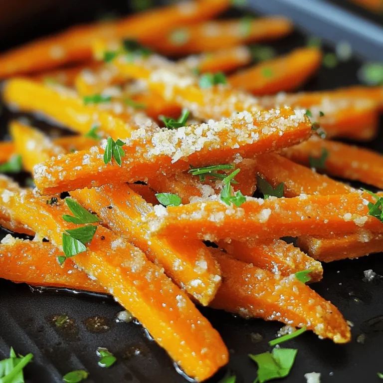 For this recipe, I use 4 large carrots. These carrots give your fries a sweet taste. They should be cut into fry shapes. Aim for uniform sizes so they cook evenly. You need a few key seasonings to make these fries pop. Start with 3 cloves of minced garlic. This adds a strong, bold flavor. Then, add 1/4 cup of grated Parmesan cheese. This cheese brings a rich, salty taste. For extra flavor, include 1 teaspoon of garlic powder and 1 teaspoon of paprika. Garlic powder boosts the garlic flavor, while paprika adds a nice warmth. Don’t forget 1/2 teaspoon of salt and 1/4 teaspoon of black pepper. These enhance all the other flavors. You will need 2 tablespoons of olive oil. This helps the fries crisp up nicely in the air fryer. Finally, for a bright finish, use fresh parsley, chopped as a garnish. It not only looks nice but adds a fresh taste, too. First, take four large carrots. You want to cut them into fry shapes. Aim for even sizes. This helps them cook evenly. Rinse the carrots under cold water. Peel them if you like, but the skin adds flavor. After cutting, set them aside in a large bowl. Now, let’s add some flavor! In the same bowl, pour in two tablespoons of olive oil. This helps the spices stick. Next, add three cloves of minced garlic. Garlic brings a rich taste. Then, sprinkle in a quarter cup of grated Parmesan cheese. For extra flavor, add one teaspoon of garlic powder and one teaspoon of paprika. Don’t forget half a teaspoon of salt and a quarter teaspoon of black pepper. Mix everything well. Make sure each carrot fry is coated in the tasty mix. Time to cook! Preheat your air fryer to 400°F (200°C) for about five minutes. While it heats, arrange the carrot fries in the air fryer basket. Make sure they are in a single layer. This step is key for crispiness. Cook the fries for about 15 to 20 minutes. Shake the basket halfway through. This helps them cook evenly and become golden brown. Once done, take them out. You can sprinkle more Parmesan and fresh parsley on top. Enjoy your hot and crispy carrot fries! To get that perfect crunch, space is key. Make sure the carrot fries do not touch. This helps hot air flow around them. Shake the basket halfway through cooking. This ensures even cooking and crispiness. If you want extra crunch, cook them for a few more minutes. Just keep an eye on them to avoid burning. Set your air fryer to 400°F (200°C) for best results. Preheat it for about 5 minutes. This helps the fries cook evenly. Cooking time should be around 15 to 20 minutes. Remember to check for that golden brown color. Every air fryer is a bit different, so adjust as needed. Serve your fries hot for the best taste. They make a great snack or side dish. Pair them with a dip like ranch or garlic aioli. You can also sprinkle extra Parmesan on top for added flavor. Fresh parsley adds a nice touch too! Enjoy them with friends or family for a fun treat. {{image_2}} You can change the flavors of your carrot fries easily. Try these options: - Cajun Spice: Use a mix of cayenne, onion powder, and thyme for a kick. - Italian Herbs: Mix in dried oregano, basil, and a bit more garlic. - Smoky Flavor: Add smoked paprika or liquid smoke for depth. - Sweet and Savory: Combine cinnamon and brown sugar for a twist. Each option brings a new taste to the fries, making them fun to eat. Carrots are great, but many other veggies work well too. Here are some ideas: - Zucchini: Cut into sticks, they get crispy and tasty. - Sweet Potatoes: Their natural sweetness pairs well with garlic. - Parsnips: Slightly sweet with a hint of earthiness, they fry nicely. - Bell Peppers: They add color and a crunchy bite. These veggies can change the whole dish while keeping it healthy. You can make this recipe vegan with a few swaps. Use these ideas: - Nutritional Yeast: Replace Parmesan with nutritional yeast for a cheesy flavor. - Plant-Based Oil: Use any oil you prefer, like avocado or canola oil. - Garlic Powder: Keep the garlic flavor strong with garlic powder. - Cashew Cream: For a creamy dip, blend soaked cashews with garlic and lemon. These swaps make it easy to enjoy carrot fries as a vegan snack. After you enjoy your carrot fries, let them cool down. Place any leftovers in an airtight container. Store them in the fridge for 3 to 5 days. This helps keep them fresh. If you have a lot, consider dividing them into smaller portions. This way, you can grab just what you need. To reheat your carrot fries, use the air fryer. Set it to 350°F (175°C). Heat them for about 5 to 7 minutes. This makes them crispy again. You can also use an oven for this. Just place them on a baking sheet and warm them at the same temperature. Remember to check on them to avoid burning! You can freeze carrot fries if you want to save some for later. First, let them cool completely. Spread them on a baking sheet in a single layer. Freeze them for about 1 to 2 hours. Once frozen, transfer them to a freezer bag. Remove all the air before sealing. They will stay fresh for up to 3 months. To cook from frozen, just add a few extra minutes to your air fryer time. Yes, you can use baby carrots. Just cut them into fry shapes. They may cook faster, so watch closely. Taste may differ slightly, but they still taste great! It takes about 15-20 minutes to cook carrot fries. Set your air fryer to 400°F (200°C). Shake the basket halfway through for even cooking. Look for a golden brown color and crispy texture. You can serve these fries with many dips. Try ranch, garlic aioli, or marinara sauce. They also pair well with grilled meats or as a side to sandwiches. Enjoy them as a healthy snack or a fun side dish! This article covered how to make tasty carrot fries. We discussed the best ingredients, like fresh carrots and seasonings. I shared step-by-step instructions for prepping and cooking in an air fryer. You learned tips for crispiness and serving ideas. We also explored variations, storage methods, and answered common questions. I hope you feel ready to try this simple recipe at home. Enjoy your carrot fries with your favorite dips!