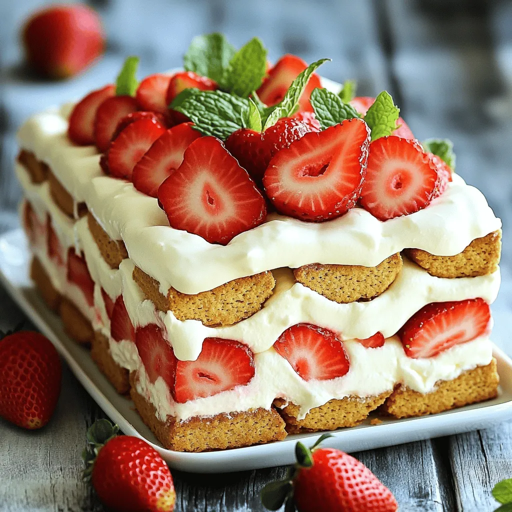 - 2 cups fresh strawberries, hulled and sliced Fresh strawberries are the star of this dessert. Their sweetness and bright color make your cake pop. Choose ripe strawberries for the best flavor. - 1 cup heavy whipping cream - 1/2 cup cream cheese, softened - 1/4 cup sour cream These dairy ingredients add creaminess. The heavy cream whips up light and fluffy. Cream cheese and sour cream give a rich texture. - 1/2 cup powdered sugar - 1 teaspoon vanilla extract - Fresh mint leaves for garnish (optional) Powdered sugar sweetens the cream without graininess. Vanilla extract adds a warm flavor. Mint leaves add a fresh touch, making the cake look pretty. - 12-15 honey graham crackers Graham crackers form the base of the cake. Their honey flavor pairs well with the strawberries. They soak up the cream, making each bite delicious. 1. Start with a large mixing bowl. 2. Whip heavy cream until it begins to thicken. 3. Add powdered sugar and vanilla extract. 4. Keep whipping until soft peaks form. Whipped cream is the magic in this cake. It adds lightness and flavor. Make sure it’s thick and fluffy for the best results. 1. In a separate bowl, combine softened cream cheese and sour cream. 2. Mix until smooth and creamy. 3. Gently fold in the whipped cream. This cream cheese filling is rich and tangy. Folding in the whipped cream makes it airy. It balances the sweetness of the cake. 1. Take an 8x8 inch dish. 2. Start with a layer of graham crackers at the bottom. 3. Spread a layer of the cream mixture over the crackers. 4. Add a layer of sliced strawberries. 5. Repeat the layers until you use all the ingredients. 6. End with the cream mixture on top. Layering is key to this cake. The graham crackers soak up moisture and soften. Each bite should have cream and strawberries. 1. Cover the dish with plastic wrap. 2. Refrigerate for at least 4 hours or overnight. Chilling allows the flavors to blend. It also helps the cake set properly. The longer you wait, the better it tastes! To make the best whipped cream, start with a chilled mixing bowl and beaters. Cold tools help the cream whip faster. Whip the heavy cream until it thickens nicely. Be careful not to over-whip. If you go too far, it turns into butter, and that’s not what we want! Layering is key to a great icebox cake. Alternate layers of graham crackers, cream, and strawberries. This gives each bite a mix of flavors. Always use fresh strawberries. They add a burst of flavor and sweetness that frozen ones can’t match. When it’s time to serve, get creative! Drizzle chocolate or caramel sauce over the top. This adds a nice touch and makes it even more delicious. Don’t forget a dollop of whipped cream for each slice. It makes the dessert extra creamy and rich. Enjoy your beautiful cake! {{image_2}} You can have fun with the flavors in this cake. Instead of strawberries, try using blueberries or raspberries. Both fruits give a fresh taste and vibrant colors. They also work well with the cream and graham crackers. For a zesty twist, add lemon zest to the cream filling. This bright flavor can lift the whole dessert. If you want a vegan version, swap in dairy-free cream cheese and whipped cream. These options taste great and work well in the recipe. For those who need gluten-free options, use gluten-free graham crackers. This way, everyone can enjoy the cake without worry. Presentation matters, especially for a dessert this lovely. You can serve the cake in individual glass cups. This idea makes it look fancy and fun. For a colorful touch, top each cup with extra fruits or edible flowers. Fresh mint leaves also make a great garnish. These small details will impress your guests and make the cake even more delightful. Store your leftovers in an airtight container. Cover it well to keep moisture out. This way, your cake stays fresh. It is best to eat it within 3-4 days. After that, the taste may fade. You can freeze servings for later. Cut the cake into pieces and wrap them well. Use plastic wrap and place them in a freezer bag. When you're ready to enjoy, take out a piece. Thaw it in the fridge overnight. This keeps the texture and flavor intact. This cake is a cold dessert, so no reheating is needed. If it has sat out for a while, you can freshen it up. Just place it back in the fridge for about 30 minutes. This makes it cool and tasty again. Yes, you can use frozen strawberries in this recipe. However, fresh strawberries taste much better. Frozen strawberries may be softer and watery after thawing. If you use frozen ones, let them thaw completely. Drain any extra juice to keep the cake from getting soggy. Fresh strawberries add a nice crunch and vibrant flavor that frozen ones lack. The cake needs to chill for at least 4 hours. For the best flavor and texture, let it set overnight. This time allows the layers to blend and firm up. The chilling process is key to getting that perfect slice. You want to ensure the cake holds its shape when served. Absolutely! You can prepare this cake a day in advance. This makes it a great option for busy days. Just layer the ingredients and refrigerate. It will be ready when you need it. The flavors will deepen, making it even tastier. Perfect for parties, potlucks, or family gatherings. Yes, this cake is great for celebrations! Its beautiful layers and fresh strawberries make it a showstopper. You can serve it at birthdays, picnics, or holidays. Garnish it with mint leaves for a fancy touch. Everyone will love this no-bake dessert. It’s simple, delicious, and perfect for any event! This icebox cake recipe combines fresh strawberries, whipped cream, and cream cheese. You learned how to prepare the layers and set the dessert for maximum flavor. Plus, we explored fun tips like using different fruits or gluten-free options. With these steps, you can impress friends and family. Don’t hesitate to try different flavors or presentations. Each variation will make your cake special. Enjoy making this cool treat that suits any occasion!