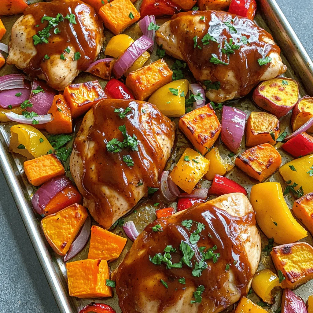 - Chicken breasts and their preparation You need 4 boneless, skinless chicken breasts. Rinse them under cold water and pat them dry. This helps the seasonings stick well. - Vegetables: sweet potatoes, bell peppers, and onion Use 2 large sweet potatoes. Peel and cube them into bite-sized pieces. You will need 2 bell peppers, one red and one yellow. Slice them into strips for even cooking. Add 1 red onion. Cut it into wedges to add flavor. - Seasonings and sauces Gather 1/4 cup of your favorite BBQ sauce. You can use any style you like. For the seasonings, use 2 tablespoons of olive oil. Add 1 teaspoon of smoked paprika and 1 teaspoon of garlic powder. Sprinkle salt and pepper to taste. Finally, chop fresh parsley for garnish. This mix of chicken, sweet potatoes, and colorful peppers makes a tasty meal. The BBQ sauce adds a sweet and smoky flavor that everyone loves. 1. Preheating the oven: Start by preheating your oven to 400°F (200°C). This step is key for even cooking. 2. Seasoning the chicken: In a mixing bowl, take the chicken breasts. Add olive oil, smoked paprika, garlic powder, salt, and pepper. Toss everything together until the chicken is evenly coated. This helps enhance the flavor. 3. Preparing the vegetables: In a separate bowl, combine the cubed sweet potatoes, sliced bell peppers, and red onion. Drizzle with olive oil, salt, and pepper. Toss until all the veggies are coated. This ensures they roast nicely. 1. Placement of chicken and vegetables: Grab a large sheet pan. Place the seasoned chicken in the center. Spread the sweet potato and pepper mix around it. This arrangement helps all the flavors blend. 2. Applying BBQ sauce: Brush the BBQ sauce over the chicken breasts. Make sure they are well coated for a tasty finish. 1. Roasting time and temperature: Slide the sheet pan into the preheated oven. Roast for 25-30 minutes. This cooking time allows the chicken to cook through and the veggies to become tender. 2. Checking for doneness: Use a meat thermometer to check the chicken. It should reach an internal temperature of 165°F (75°C). The veggies should look slightly caramelized and soft. This step ensures your meal is safe and delicious. To keep your chicken juicy, use a few simple tricks. First, coat the chicken in olive oil and spices. This helps to lock in moisture. Second, avoid overcooking. Use a meat thermometer to check for 165°F. This ensures the chicken is safe to eat while still tender. For roasting vegetables, cut them into even pieces. This helps them cook at the same rate. Use a good amount of olive oil. It adds flavor and helps them caramelize. Make sure to spread them out on the pan. Crowding can lead to steaming instead of roasting. Want to boost the flavor? Add extra spices like cumin or chili powder. These add warmth and depth. You can also try a marinade. Letting the chicken soak in flavor makes a big difference. Using different types of BBQ sauce can change the dish completely. Sweet sauces add a nice glaze, while tangy sauces add zest. Explore different flavors and find your favorite. You can even mix sauces for a unique taste. {{image_2}} For a fun twist, you can change the veggies. Try using broccoli, zucchini, or carrots. Each adds its own taste and texture. You can mix and match based on what you have at home. If you want a different protein, chicken thighs work great here. They are juicy and full of flavor. You can also use turkey or tofu for a lighter option. Just adjust the cooking time based on what you choose. To change the taste, try different seasoning blends. Cajun spice adds a nice kick. Italian herbs give it a fresh feel. Experiment with what you like best. You can also use unique BBQ sauces. A honey BBQ sauce brings sweetness. A spicy chipotle sauce adds heat. Find a sauce that fits your mood. This way, each meal feels new and exciting! To keep your BBQ chicken, sweet potatoes, and peppers fresh, store leftovers in the fridge. Place the food in an airtight container. It will stay good for up to 3 days. If you want to save it for longer, freeze it. Use a freezer-safe container or a heavy-duty freezer bag. Make sure to remove as much air as possible before sealing. When it's time to eat your leftovers, heat them right. The best way is in the oven. Preheat the oven to 350°F (175°C). Place the chicken and veggies on a baking sheet. Cover it with foil to keep moisture in. Heat for about 15-20 minutes. You can also use a microwave. Place a portion on a microwave-safe plate. Cover it with a damp paper towel. Heat for 2-3 minutes or until hot. This helps keep the flavor and texture nice. Enjoy your meal again! How do I know when the chicken is fully cooked? You can check the chicken by using a meat thermometer. The chicken should reach 165°F (75°C) inside. The meat should also look white and no longer pink. If you cut into it, juices should run clear. Can I use frozen chicken or vegetables? Yes, you can use frozen chicken and vegetables. Just be aware that cooking time may change. You might need to roast for a bit longer. Make sure the chicken still reaches 165°F (75°C) before serving. What side dishes pair well with this recipe? This dish goes well with a simple green salad or some garlic bread. You can also serve it with quinoa or brown rice. These sides add flavor and texture to your meal. How can I make this meal healthier? To make this meal healthier, try using less BBQ sauce. You can also add more veggies like broccoli or zucchini. Using skinless chicken and reducing oil can help too. This blog post covers a tasty sheet pan meal. You learned about key ingredients like chicken and veggies. I shared simple steps for prepping and cooking. You also got tips for keeping your food juicy and flavorful. Plus, I added storage advice and answers to common questions. As you try this recipe, know you can adjust it to fit your taste. Enjoy making your meal fun and delicious!