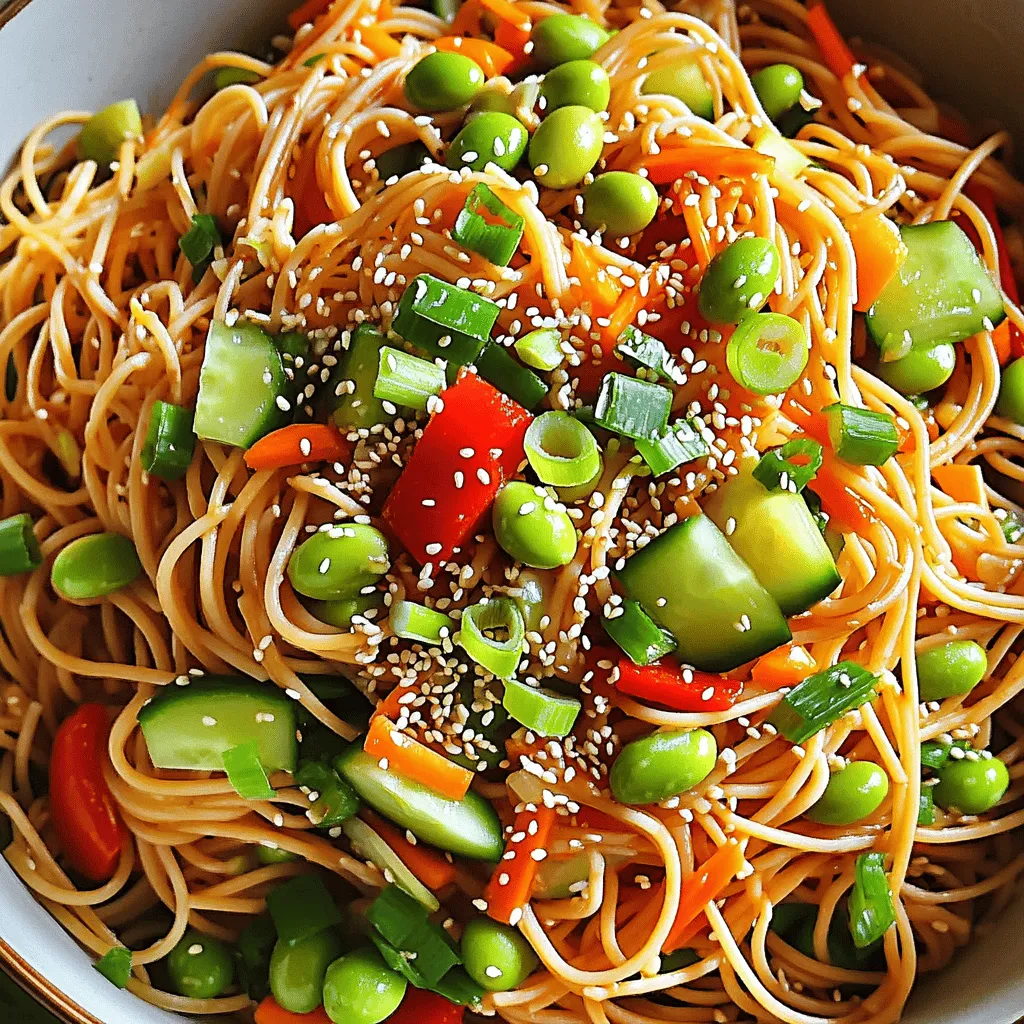 For the base of the salad, use: - 8 oz. whole wheat spaghetti or soba noodles These noodles give the dish its chewy texture. They soak up the dressing well and add a hearty feel. The fresh vegetables bring color and crunch. You will need: - 1 red bell pepper, julienned - 1 cucumber, julienned - 1 carrot, shredded - 3 green onions, sliced - ½ cup cooked edamame (shelled) These veggies not only add flavor but also provide nutrients and a vibrant look. The dressing ties everything together. Here’s what you need: - ¼ cup soy sauce (or tamari for gluten-free) - 2 tablespoons sesame oil - 1 tablespoon rice vinegar - 1 tablespoon chili paste (adjust to taste) - 1 teaspoon honey or maple syrup - 1 tablespoon fresh ginger, grated - 1 garlic clove, minced - Salt and pepper to taste This mix of ingredients gives the salad its spicy and savory edge. Adjust the chili paste for your spice level. Each bite bursts with flavor, making this dish a standout. Start by boiling water in a large pot. Add a good amount of salt to the water. Once it boils, add 8 oz. of spaghetti or soba noodles. Cook the noodles until they are al dente, following package directions. This usually takes about 8 to 10 minutes. Drain the noodles and rinse them under cold water. This stops the cooking process and keeps the noodles firm. While the noodles cook, wash and prepare your vegetables. Take one red bell pepper and julienne it into thin strips. Then, julienne one cucumber and shred one carrot. Slice three green onions and set them aside. These fresh veggies add color and crunch to your salad. In a small bowl, whisk together the dressing. Combine ¼ cup of soy sauce, 2 tablespoons of sesame oil, and 1 tablespoon of rice vinegar. Add 1 tablespoon of chili paste for spice, adjusting to your taste. Then, mix in 1 teaspoon of honey or maple syrup for sweetness, along with 1 tablespoon of grated fresh ginger and 1 minced garlic clove. This dressing brings all the flavors together. In a large mixing bowl, combine the cooled noodles with your prepared vegetables. Add the julienned bell pepper, cucumber, shredded carrot, ½ cup of cooked edamame, and sliced green onions. Pour your dressing over the top. Toss gently until everything is well mixed and coated in the dressing. Now, sprinkle ¼ cup of toasted sesame seeds over the salad. Give it another gentle toss to incorporate the seeds. This step adds a nutty flavor and a delightful crunch to your dish. For the best taste, let your salad chill in the fridge for 15 to 30 minutes. This allows the flavors to blend nicely. When ready to serve, scoop the salad into a large bowl or individual plates. You can garnish with extra sesame seeds and green onion slices for a vibrant look. Enjoy your fresh and colorful Spicy Sesame Noodle Salad! To control the heat, start with a small amount of chili paste. You can add more later if you want more spice. Mix the dressing and taste it. If you find it too mild, add another half teaspoon of chili paste. Remember, you can always add more, but you can’t take it out! I love serving this salad in a big bowl. It looks bright and fresh. You can also serve it in individual plates for a fancy touch. Top each serving with extra sesame seeds and green onion slices. For added crunch, sprinkle some crushed peanuts on top! Make this salad ahead of time for busy days. Cook the noodles and chop the veggies the night before. Store them in the fridge. Keep the dressing separate until you’re ready to serve. This way, the noodles and veggies stay fresh and crisp. Remember to chill the salad for at least 15 to 30 minutes before serving. This helps the flavors mix well! {{image_2}} You can boost the salad with proteins. Try adding cooked chicken or tofu. Both add great taste and texture. Shrimp also works well if you want seafood. For a plant-based option, add chickpeas or black beans. These options make the dish more filling. Feel free to swap in different veggies. Broccoli or snap peas add a nice crunch. Shredded cabbage gives a fresh taste. You can also use radishes for a peppery kick. Experiment with your favorite vegetables. They can change the flavor and look of the salad. Want to change the flavor? Try using peanut butter instead of sesame oil. This gives a nutty twist. You can also add lime juice for a citrusy zing. Fresh herbs like cilantro or mint can add brightness. Each change gives the salad a unique spin. To keep your Spicy Sesame Noodle Salad fresh, store it in an airtight container. Place it in the fridge. This salad stays good for about 3 days. Make sure to give it a quick toss before serving again. The flavors meld together nicely over time. I do not recommend freezing this salad. The noodles and veggies do not freeze well. Freezing can make the noodles mushy. It also changes the texture of the fresh vegetables. For the best taste, enjoy it fresh. If you need to reheat the salad, do it gently. Place it in a pan over low heat. Stir it often to warm it up without cooking it further. If you want, you can add a splash of soy sauce to freshen the flavors. Enjoy the salad cold for a refreshing meal! To make your salad less spicy, reduce the chili paste. Start with just half a tablespoon. You can also add more honey or maple syrup to balance the heat. If you want extra flavor, add more sesame oil or soy sauce. Taste as you go, and adjust until you get the right balance. Yes, you can use gluten-free noodles. Soba noodles are a good choice if they are 100% buckwheat. Rice noodles also work well. Just make sure to cook them according to the package instructions for best results. This salad is packed with nutrients. Whole wheat noodles offer fiber and protein. Vegetables like bell peppers and cucumbers are rich in vitamins. Edamame adds protein and healthy fats. The sesame seeds provide healthy omega-3 fatty acids. It’s a balanced dish full of flavor and health benefits. Spicy Sesame Noodle Salad lasts about 3 to 5 days in the fridge. Be sure to store it in an airtight container. The flavors will meld together as it sits, making it even tastier. Yes, you can make this salad in advance. Prepare it a day ahead for a quick meal. Just remember to keep the salad chilled in the fridge. You may want to toss it again before serving to mix the flavors. This blog post covered how to make a tasty Spicy Sesame Noodle Salad. We discussed the key ingredients, including noodles, fresh veggies, and dressing components. You learned step-by-step instructions for cooking and combining everything. We also shared tips for spice levels and meal prep. Variations let you add proteins or different flavors. Finally, we talked about storage and answered common questions. Enjoy this easy and healthy dish anytime, and feel free to get creative!